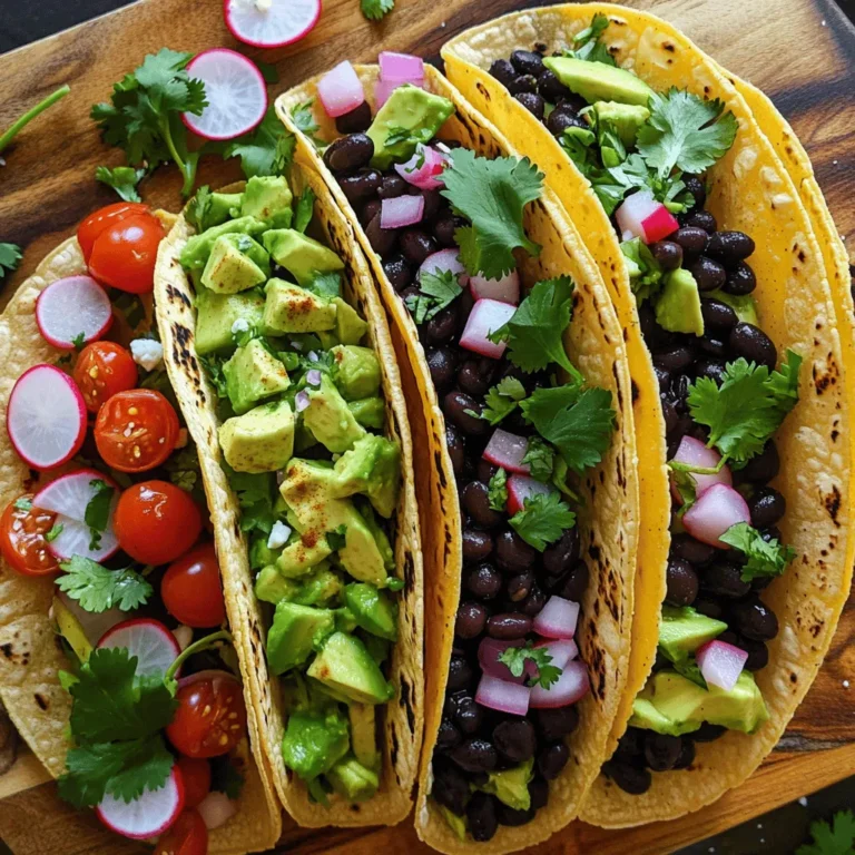 - 1 can black beans (15 oz), rinsed and drained - 1 ripe avocado, diced - 1 medium red onion, finely chopped - 1 cup cherry tomatoes, halved - 1 jalapeño, minced - 1/4 cup fresh cilantro leaves, chopped - 2 tablespoons fresh lime juice - 1 teaspoon ground cumin - Salt and pepper to taste - 8 small corn tortillas - Optional toppings: diced radishes, crumbled feta, hot sauce When I make avocado and black bean tacos, I love how simple the ingredients are. Each one brings a unique taste and texture. Start with a can of black beans. Rinse and drain them well. This helps reduce sodium and keeps the flavor fresh. Then, grab a ripe avocado. Cut it into small cubes, which adds creaminess to each bite. Next, chop a medium red onion finely. It adds a nice crunch and a bit of sharpness. For sweetness and color, halve a cup of cherry tomatoes. Their juiciness brightens the dish. If you want some heat, mince a jalapeño. Just remember to remove the seeds for less spice. Fresh cilantro gives a burst of flavor, so use about a quarter cup of chopped leaves. Lime juice is crucial too; two tablespoons will add zing. A teaspoon of ground cumin gives warmth. Finally, add salt and pepper to taste. To hold all these delicious fillings, you’ll need eight small corn tortillas. If you want to mix things up, try toppings like diced radishes for crunch, crumbled feta for creaminess, or hot sauce for a kick. This ingredient list makes the tacos not just tasty but also fun to prepare. Check out the Full Recipe for more details on cooking these delightful tacos! To start, take a large mixing bowl. Add one can of black beans that you rinsed and drained. Next, dice one ripe avocado into small pieces. Chop one medium red onion finely and add it to the bowl. Halve one cup of cherry tomatoes and add them in too. For a bit of heat, take one jalapeño. Carefully remove the seeds and mince it. Then, add this to your bowl along with 1/4 cup of chopped cilantro. Next, it’s time to add flavor! Squeeze two tablespoons of fresh lime juice over the mixture. This brightens up the taste. Sprinkle in one teaspoon of ground cumin for warmth. Don’t forget to add salt and freshly cracked pepper to taste. Use a spatula to fold the ingredients gently. Be careful not to mash the avocado; you want those lovely pieces to stay intact. Now, let’s warm the tortillas. Heat a non-stick skillet or griddle over medium heat. Place the corn tortillas on the skillet. Warm each tortilla for about 30 seconds on each side. They should get soft and pliable, but not crispy. This step makes them perfect for holding all that tasty filling. To make the tacos, lay a warm tortilla flat. Spoon a generous amount of the black bean and avocado mixture into the center. Don’t be shy; fill it just right! If you like, you can add optional toppings. Diced radishes add a nice crunch. Crumbled feta cheese brings creaminess, and a dash of hot sauce gives it a kick. Serve the tacos right away while they are still warm. For a pretty touch, garnish each taco with a few extra cilantro leaves. This makes your dish look fresh and inviting. If you want, check out the Full Recipe for more details! How do I know if an avocado is ripe? Look for a dark green skin. Gently squeeze the fruit in your palm. If it feels slightly soft, it is ready to eat. If it feels hard, it needs more time. A ripe avocado will yield to gentle pressure. Should I pick a firm or soft avocado? Firm avocados last longer. You can buy them and let them ripen at home. Soft avocados are great for immediate use. If you need one fast, choose a soft one. What spices and herbs should I use? Ground cumin adds warmth and depth. Fresh cilantro gives a bright taste. You can also try chili powder for heat or smoked paprika for a smoky touch. What toppings can I add for more flavor? Consider adding diced radishes for crunch. Crumbled feta cheese brings creaminess. Hot sauce can add a kick. Feel free to mix and match toppings to find your favorite combo. How do I warm the tortillas? Heat a non-stick skillet over medium heat. Place each tortilla in the skillet for about 30 seconds. Flip and warm the other side. This makes them soft and ready to fill. How can I avoid soggy tacos? Use a slotted spoon when adding the filling. This stops excess liquid from soaking the tortilla. Serve the tacos right after filling to keep them fresh. {{image_4}} If you want to make your tacos vegan, you can swap out any non-vegan toppings. Instead of feta cheese, use a dairy-free cheese or leave it off entirely. You can also add more veggies like bell peppers or corn for extra flavor and texture. To kick up the heat, add more jalapeños or try different peppers. You can use serrano or habanero for a fiery taste. Toss in some cayenne pepper or chili powder to the mixture for an extra spicy kick. Adjust the spices to find the heat level you like best. Feel free to mix up the beans or veggies. Pinto beans or kidney beans can work well too. Try adding corn, zucchini, or bell peppers for variety. You can even use sweet potatoes for a unique twist. Each swap adds a new layer of flavor. For detailed steps, check the Full Recipe. To keep your taco filling fresh, place it in an airtight container. This helps maintain flavor and texture. Store it in the fridge for up to three days. Avoid adding toppings until you're ready to eat. This keeps everything crisp and tasty. If you want to save some taco filling for later, freezing works great. First, let the mixture cool completely. Then, put it in a freezer-safe container or bag. Seal it tightly, removing as much air as possible. You can freeze it for up to three months. When you're ready, just thaw it in the fridge overnight. To reheat your filling, use the stove for the best results. Place it in a skillet over medium heat. Stir it often to warm evenly. You can also use a microwave. Just heat it in short bursts, stirring in between. Avoid overheating to keep the texture just right. Serve the filling warm in your tortillas for a delicious meal. For a full recipe, check out the Avocado & Black Bean Tacos. Yes, canned black beans are convenient and work well. They save time and add great flavor. Just rinse and drain them before use. This step removes excess sodium and keeps your dish fresh. To keep your avocado fresh, use lime juice in the mixture. The acid helps slow down browning. You can also store leftover avocado in an airtight container with some lime juice on top. This keeps it bright and green. These tacos pair well with a few simple sides. Try serving them with: - Mexican rice - Fresh corn salad - Grilled vegetables - Chips and salsa These sides add color and balance to your meal. These tacos stay fresh for about 2 days in the fridge. Store the filling in a sealed container. Keep the tortillas separate to avoid sogginess. Reheat the filling in a pan before serving. Yes, this recipe is gluten-free! The main ingredients are black beans, avocado, and corn tortillas. Always check labels if you use pre-packaged items, as some may contain gluten. Meal prep is easy with these tacos. You can: - Make the filling a day ahead and store it in the fridge. - Chop veggies and store them in separate containers. - Warm tortillas right before serving. This way, you can enjoy a quick and healthy meal anytime. For the full recipe, check out the recipe section! In this article, we covered a tasty black bean and avocado taco recipe. You learned about the key ingredients, easy steps to prepare them, and tips for the best flavor. We also explored variations to suit your taste and how to store leftovers. Tacos are fun and flexible, making them great for any meal. With these tips, you can create delicious tacos every time. Enjoy making your new favorite dish!