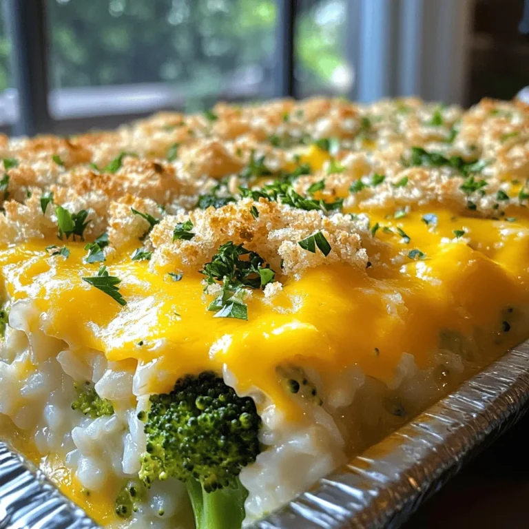 To make this Cheesy Broccoli and Rice Casserole, you need these key ingredients: - 2 cups cooked rice (white or brown) - 1 head of fresh broccoli, cut into bite-sized florets - 1 cup shredded sharp cheddar cheese - 1 cup shredded mozzarella cheese - 1 cup cream of mushroom soup (store-bought or homemade) - 1/2 cup milk (whole or low-fat) - 1/2 cup finely chopped onions - 2 cloves garlic, minced - 1 teaspoon smoked paprika - Salt and pepper to taste - 1/2 cup breadcrumbs (optional for topping) - Fresh parsley, chopped (for garnish, optional) If you want to switch things up, you can consider these alternatives: - Use quinoa instead of rice for a different grain. - Swap cream of mushroom soup for cream of chicken or a cheese soup. - Try using different cheese types like gouda or pepper jack for unique flavors. - Replace fresh broccoli with frozen broccoli for convenience. Do you need to substitute any ingredients? Here are some easy swaps: - For a dairy-free version, try coconut milk and vegan cheese. - If you don’t have smoked paprika, regular paprika works well too. - Instead of onions, use shallots for a milder taste. - If you’re out of breadcrumbs, crushed crackers or oats can work as a topping. This recipe is flexible. Don’t hesitate to mix and match based on what you have at home. For the full recipe, check out the instructions that guide you through the entire cooking process. First, preheat your oven to 350°F (175°C). This step helps your casserole cook evenly. Make sure your oven is hot before you bake the dish. Next, get a large pot and fill it with water. Add a pinch of salt and bring it to a boil. Once the water is bubbling, add the broccoli florets. Blanch them for about 2-3 minutes. You want them bright green and tender-crisp. After that, drain the broccoli right away. This stops the cooking and keeps the color bright. In a big mixing bowl, combine your cooked rice and the blanched broccoli. Add the chopped onions, minced garlic, cream of mushroom soup, and milk. Stir in half of the cheddar and mozzarella cheese. Don’t forget the smoked paprika! Season with salt and pepper. Mix well until everything is nicely coated. Now, take the mixture and put it into a greased 9x13 inch baking dish. Spread it out evenly. Top it with the rest of the cheese. If you like crunch, sprinkle some breadcrumbs on top. Bake it in the oven for 25-30 minutes. You want the cheese to melt and bubble. It should also turn a light golden brown. When it's ready, let it cool for a few minutes before serving. This helps it hold its shape when you serve it. For the full recipe, check out the details above. To make your casserole just right, focus on the rice and broccoli. Use cooked rice that is fluffy and not sticky. If your rice clumps together, rinse it under cold water before using it. For the broccoli, blanch it briefly. This keeps it bright green and crisp. Don't overcook the broccoli; tender-crisp is the goal. If you want a creamier texture, add a bit more milk or cream of mushroom soup. To boost flavor, try adding spices or herbs. Smoked paprika gives a nice depth. You can also add black pepper and garlic for more kick. If you like a bit of heat, a pinch of red pepper flakes works well. Adding a squeeze of lemon juice before serving brightens the dish, too. For extra cheesiness, mix different cheese types. Mix in some Parmesan or pepper jack for a unique twist. Serve the casserole hot from the oven. It looks great with fresh parsley sprinkled on top. Pair it with a simple salad or grilled chicken for a full meal. This dish also works well as a side for any main course. If you want something light, serve it with steamed veggies. For a cozy night, enjoy it with crusty bread and a warm soup. Check out the Full Recipe for detailed steps! {{image_4}} You can make this casserole vegetarian by skipping any meat. Focus on the veggies. You can use more broccoli, carrots, or bell peppers. Adding spinach gives great flavor too. You can also mix in some corn for sweetness. For a twist, try adding some cooked lentils. They give a hearty texture. If you want to add protein, chicken or turkey works well. Cook and shred the meat first. Mix it with the rice and veggies. You can use rotisserie chicken for speed. Just add it to the bowl when you combine the other ingredients. If you like, season the meat with herbs or spices for extra flavor. To make this dish gluten-free, substitute the breadcrumbs with crushed gluten-free crackers. You can also use gluten-free cream of mushroom soup. Check labels to make sure they are safe. This keeps the dish just as tasty without gluten. You can still enjoy the creamy texture and cheesy flavor! For the full recipe, check the section above. To keep your Cheesy Broccoli and Rice Casserole fresh, store it in a sealed container. Place it in the fridge within two hours of cooking. It stays good for about three to four days. Make sure to cool it to room temperature first. This prevents moisture build-up and keeps the flavors intact. When you’re ready to enjoy leftovers, preheat your oven to 350°F (175°C). Place the casserole in an oven-safe dish. Cover it with foil to keep it moist. Heat for about 20 minutes. You can also microwave it for quicker reheating. Use a microwave-safe dish and cover it loosely. Heat in one-minute intervals until it’s hot all the way through. Freezing is great if you want to save some for later. First, let the casserole cool completely. Then, cut it into portions for easy use. Wrap each piece in plastic wrap and place it in a freezer-safe bag. Label it with the date. It keeps well for about two to three months. When you’re ready to eat, thaw overnight in the fridge. Reheat it the same way as mentioned above. Enjoy your easy family meal whenever you like! For the full recipe, check out the earlier section. Yes, you can! Prepare the casserole the night before. Just follow the steps, then cover it and chill in the fridge. When you're ready to bake, take it out and let it sit for 30 minutes. This way, it warms up to room temp. Bake as usual, adding a few extra minutes if needed. Absolutely! Frozen broccoli works great. Just make sure to thaw and drain it well. Excess water can make the casserole soggy. Add the broccoli to the mix just like you would with fresh. It saves time and still tastes delicious. This casserole pairs well with many sides. Here are some ideas: - Grilled chicken for protein. - A fresh salad for a crisp touch. - Roasted carrots for sweetness. - Garlic bread for a tasty crunch. Feel free to mix and match these options. Each side adds its own vibe to your meal! For the complete recipe, check out the Full Recipe section. This blog post covered all you need for a Cheesy Broccoli and Rice Casserole. We explored key ingredients, step-by-step cooking methods, and helpful tips to enhance flavors. You learned about variations, storage tips, and answers to common questions. Remember, with some easy swaps and ideas, you can make this dish your own. Try different ingredients and enjoy the fun of cooking. This casserole is not just tasty; it’s also a great way to share a meal. Happy cooking!
