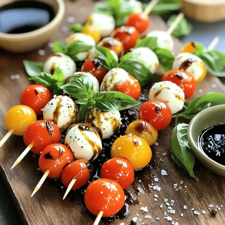 - Fresh cherry tomatoes - Mini fresh mozzarella balls (bocconcini) - Fresh basil leaves - Balsamic vinegar - Honey - Extra-virgin olive oil - Sea salt and freshly ground black pepper - Skewers (wooden or metal) When making Balsamic Glazed Caprese Skewers, choosing the right ingredients is key for taste. Here are some tips: - Choosing ripe cherry tomatoes: Look for tomatoes that are deep red and firm. They should feel heavy for their size. If they smell sweet, they are ripe and ready. - Opting for high-quality balsamic vinegar: A good balsamic vinegar should have a rich flavor. Check for labels that mention "tradizionale" or "aged." This vinegar will give your skewers a great taste. - Fresh basil storage considerations: Store basil in a glass of water, like a flower. Cover it with a bag and keep it at room temperature. This keeps the leaves fresh and vibrant. These tips will help you pick the best ingredients for your skewers. Using high-quality items makes a big difference in flavor. For the full recipe, check the earlier section. To make the balsamic glaze, start by mixing balsamic vinegar and honey in a small saucepan. Place it on medium heat. Once it simmers, stir occasionally for about 5-7 minutes. You want the glaze to thicken slightly. It should coat the back of a spoon. When done, remove it from heat. Let it cool at room temperature. This step is key for a sweet and tangy flavor. Now it’s time to assemble the skewers. Take a skewer and thread one cherry tomato onto it first. Next, add a fresh basil leaf. Follow this with a mozzarella ball. Repeat the pattern—tomato, basil, mozzarella—until your skewer is filled. Make sure to leave a little space at both ends. This helps with handling and looks great on a platter. Once you have assembled all the skewers, place them on a serving platter. Drizzle extra-virgin olive oil over the skewers generously. Then, sprinkle with sea salt and freshly ground black pepper. These steps enhance the flavors. After that, take your cooled balsamic glaze and drizzle it over the skewers. This adds a delightful sweetness and tang. Serve them right away for the best taste. You can also let them rest for a few minutes if you wish. Enjoy these tasty bites! For the full recipe, check out the detailed guide above. - Arranging on a platter: Place your skewers on a large wooden board or a bright platter. This makes them easy to grab. Keep them close together for a fun look. - Garnishing suggestions: Add extra basil leaves around the skewers for color. You can also drizzle some leftover balsamic glaze in a small bowl next to the skewers for dipping. - Best occasions to serve: These skewers shine at parties, picnics, or barbecues. They also work well as an appetizer for dinner guests. - Pairing with beverages: Serve these with a light white wine or sparkling water. They also pair nicely with a refreshing lemonade. - Overcooking the glaze: Watch your glaze closely! If it cooks too long, it can become too thick and sticky. Aim for a syrupy texture. - Skewering technique errors: Be gentle when threading the ingredients. If you push too hard, you might break the tomatoes or mozzarella. Keep a little space at the ends of the skewer for easy handling. {{image_4}} You can easily swap some ingredients in Balsamic Glazed Caprese Skewers. If you want an alternative for mozzarella, try using burrata cheese. Burrata has a creamy center that adds a rich texture. You could also use feta cheese for a tangy twist. If basil isn't your favorite, consider using arugula or fresh mint instead. Both herbs give a unique flavor. Arugula adds a peppery bite, while mint brings a refreshing taste. These swaps keep the essence of the dish while adding new flavors. To enhance the taste of your skewers, you can add spices or herbs. A sprinkle of Italian seasoning or crushed red pepper flakes can add warmth. Fresh herbs like oregano or thyme can also elevate the flavor profile. You can also incorporate other vegetables for extra crunch. Cherry bell peppers or zucchini slices work well. Grilled vegetables add a smoky taste. Try mixing and matching to create your perfect skewer. The combinations are endless, making each bite a new delight. To keep your Balsamic Glazed Caprese Skewers fresh, store them in the fridge. Use an airtight container to prevent them from drying out. If you don’t have one, wrap them tightly in plastic wrap. This keeps flavors locked in and helps maintain texture. Reheating is simple but be careful. I suggest eating them cold for the best taste. If you prefer warm skewers, heat them briefly in the microwave. Use a low setting and check often. You want to warm them without cooking the ingredients. These skewers taste best within three days. After that, they may lose their charm. In the fridge, they’ll stay fresh for about 2 to 3 days. Look for signs of spoilage. If the tomatoes look mushy or the cheese becomes slimy, it’s time to toss them. Also, any off smell means they are no longer good to eat. Always trust your senses when it comes to food safety. Balsamic glazed Caprese skewers are a fresh, tasty appetizer. They mix cherry tomatoes, mozzarella, and basil on skewers. The dish gets a sweet and tangy touch from balsamic glaze. This dish is simple, yet it impresses guests at any gathering. You can enjoy it at parties or as a light snack. Yes, you can prep these skewers in advance. Assemble them a few hours before serving. Just keep them in the fridge until you’re ready to serve. Drizzle the balsamic glaze just before serving for the best taste. This way, the flavors stay fresh and vibrant. Balsamic glazed Caprese skewers pair well with many dishes. Consider serving them with bruschetta for a fun mix. You can also add a green salad or a charcuterie board. For drinks, try serving with white wine or sparkling water. These pairings enhance the flavors of the skewers. Making Balsamic glazed Caprese skewers takes about 25 minutes. You will spend around 15 minutes prepping the ingredients. The cooking time for the glaze is about 5-7 minutes. After that, assembly is quick and easy. This makes it a fast and fun dish to prepare. Yes, you can easily make this recipe vegan. Swap the mozzarella balls for vegan cheese or tofu. This keeps the dish flavorful and creamy. Ensure the balsamic vinegar and honey are vegan-friendly. You can use maple syrup instead of honey for sweetness. In this blog post, I shared how to make tasty Balsamic Glazed Caprese Skewers. We covered the best ingredients, including ripe cherry tomatoes and fresh basil. I provided step-by-step instructions for making the glaze and assembling the skewers. Don’t forget the tips on storage and common mistakes to avoid. Feel free to get creative with the ingredients or serve them at your next gathering. With these tips, you can impress your guests and enjoy a fresh, flavorful snack.