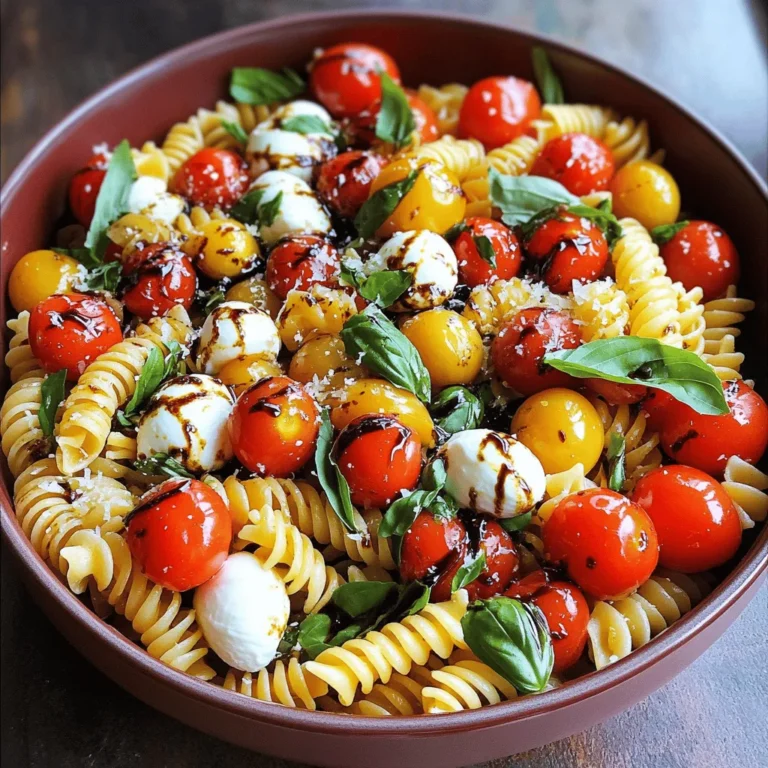 To make Caprese Pasta with Balsamic Glaze, gather these key ingredients: - 12 oz pasta (fusilli or penne recommended) - 2 cups cherry tomatoes, halved - 1 cup fresh mozzarella balls (bocconcini), drained and patted dry - 1/2 cup fresh basil leaves, roughly torn - 1/4 cup extra virgin olive oil - 2 tablespoons balsamic glaze (store-bought or homemade) - 1 teaspoon garlic powder - Salt and freshly ground black pepper to taste Each ingredient plays a vital role. The pasta serves as the base. Cherry tomatoes add sweetness and color. Fresh mozzarella adds creaminess. Basil brings freshness, while balsamic glaze ties everything together with a sweet-tangy kick. You can enhance your dish with a few optional garnishes: - Freshly grated Parmesan cheese - Extra basil leaves for a pop of color - A drizzle of olive oil before serving These garnishes boost flavor and make your pasta look stunning. They add a gourmet touch that impresses everyone. Choosing high-quality ingredients makes a big difference. Here are some tips: - Use fresh pasta for a softer texture and richer flavor. - Select ripe cherry tomatoes for better sweetness. - Buy mozzarella balls packed in water for the best taste. - Pick fresh basil with vibrant green leaves. When you use quality ingredients, your Caprese Pasta will shine. Each bite will burst with flavor, making your meal truly special. For the full recipe, check the section above. Start by boiling a large pot of salted water. Once it reaches a rolling boil, add 12 ounces of pasta. I recommend using fusilli or penne for this dish. Cook the pasta according to the package instructions, usually around 8 to 10 minutes. You want it al dente, which means it should remain firm to the bite. After cooking, drain the pasta in a colander. Rinse it under cold water to stop the cooking process, then set it aside. In a small mixing bowl, combine 1/4 cup of extra virgin olive oil, 1 teaspoon of garlic powder, and salt and black pepper to taste. Whisk these ingredients together until they form a smooth mixture. This dressing adds flavor to your pasta and brings all the ingredients together. Set the dressing aside for now. In a large mixing bowl, add the drained pasta, 2 cups of halved cherry tomatoes, and 1 cup of fresh mozzarella balls. Use a spatula or wooden spoon to gently mix these ingredients together. Next, pour the prepared dressing over the pasta mix. Toss everything until all the ingredients are coated with the dressing. Then, gently fold in 1/2 cup of torn fresh basil leaves. Be careful not to bruise them. Just before serving, drizzle 2 tablespoons of balsamic glaze over the pasta. Toss the dish again for an even flavor. You can serve this pasta warm or chill it in the fridge for about 30 minutes for a cold salad. Enjoy your Caprese Pasta with Balsamic Glaze! For the complete recipe, check the Full Recipe section. To boost the flavors in your Caprese pasta, focus on fresh ingredients. The magic lies in ripe cherry tomatoes and creamy mozzarella. Use extra virgin olive oil for a rich taste. If you want a zesty kick, add a bit of lemon juice. It brightens the dish. Consider also using garlic powder for depth—just a teaspoon will do. Lastly, a sprinkle of salt and pepper can make all the difference. Cooking pasta to the right texture is key. Aim for al dente, which means it should be firm but cooked. Start with a large pot of salted boiling water. This helps flavor the pasta. Follow the package’s recommended cook time, usually about 8-10 minutes. Once cooked, drain it but do not rinse. Rinsing washes away the starch, which helps sauce cling to the pasta. A beautiful presentation makes any meal special. Use a large, shallow bowl for serving. This allows the colors to pop. Top your pasta with fresh basil leaves and a sprinkle of Parmesan cheese. You can drizzle a bit more balsamic glaze on top for that extra visual appeal. Serve it warm or chill it for a refreshing treat. Remember, we eat with our eyes first! For the full recipe, check out the Caprese Pasta Delight. {{image_4}} You can mix up this Caprese pasta recipe easily. Use different pasta shapes like spaghetti or farfalle for fun. Swap cherry tomatoes for sun-dried tomatoes if you want a bolder taste. You can also try adding grilled chicken or shrimp for protein. Instead of fresh mozzarella, use feta for a tangy twist. Seasonal ingredients can brighten this dish. In spring, add asparagus or peas for freshness. Summer is perfect for zucchini or bell peppers. In fall, consider roasted butternut squash for a sweet flavor. Winter calls for hearty greens like kale or spinach. These additions can enhance color and taste. You can make this dish fit many diets. To make it vegan, skip the mozzarella and use avocado or cashew cheese instead. For a gluten-free option, choose gluten-free pasta made from rice or quinoa. Adjust the dressing by using a vegan-friendly oil. This way, everyone can enjoy Caprese pasta. For the full recipe, check [Full Recipe]. To keep your Caprese pasta fresh, store it properly. Place any leftovers in an airtight container. This helps keep moisture in and prevents the pasta from drying out. If you have extra balsamic glaze, store it separately. This way, you can drizzle it on just before serving. When it's time to eat your leftovers, reheat the pasta gently. Use a microwave or a pan on low heat. If using the microwave, heat in short bursts to avoid overcooking. Add a splash of olive oil or a bit of water to keep it moist. Stir well to ensure even heat. Caprese pasta stays fresh for about 3 days in the fridge. After that, the flavors can fade. If you want to keep it longer, consider freezing it. But remember, the texture might change once it's thawed. Enjoy your delicious meal within those days for the best taste! To make balsamic glaze, start with balsamic vinegar. Pour one cup of vinegar into a small saucepan. Heat it over medium heat. Stir it often as it heats. Once it boils, reduce the heat. Let it simmer for about 15 to 20 minutes. The vinegar will reduce and thicken. You want it to coat the back of a spoon. Take it off the heat and let it cool. The glaze will thicken more as it cools. Yes, you can use many types of pasta. Fusilli and penne are great choices. You can also try rotini, farfalle, or spaghetti. Each type offers a unique texture. Choose what you like best. Just remember to cook it until it is al dente. Absolutely! Caprese pasta is great for meal prep. You can make it ahead of time. Store it in an airtight container in the fridge. It keeps well for up to three days. Just add the balsamic glaze right before serving. This will keep the flavors fresh. For the full recipe, check out the Caprese Pasta Delight section. This article covered key ingredients for Caprese pasta, how to cook it, and tips for flavor and texture. We also explored variations for different diets and seasonal tastes. Remember, quality ingredients make a big difference. Experiment with flavors and enjoy your meals. It’s all about making food that you love. Enjoy creating your perfect Caprese pasta!