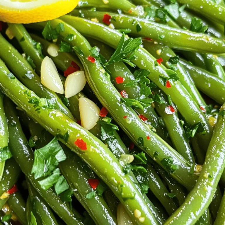 - 1 pound of fresh green beans, trimmed Fresh green beans are the star of this dish. They add a crisp texture and a bright green color. Look for beans that are firm and vibrant. Trim both ends before cooking to keep them neat. - 4 cloves of garlic, thinly sliced Garlic brings a strong, rich flavor. Use fresh garlic for the best taste. Thinly slicing it helps release its oils and aroma. - 2 tablespoons olive oil - 1 tablespoon soy sauce - 1 teaspoon red pepper flakes (optional, for a spicy kick) - Salt and freshly ground black pepper, to taste - Zest of 1 lemon - 1 tablespoon fresh lemon juice - Fresh parsley, chopped, for garnish The olive oil gives a nice base for cooking. Soy sauce adds depth and saltiness. If you like heat, red pepper flakes are great! Lemon zest and juice brighten the dish. Parsley adds color and freshness. For the full recipe, check the detailed instructions above. First, rinse the fresh green beans under cold water. This helps remove dirt and keeps them clean. Next, take a sharp knife and trim both ends of each bean. Make sure to cut just enough. After trimming, dry the beans with a clean kitchen towel. This step keeps your sauté from getting watery. Now, heat a large skillet over medium heat. Pour in two tablespoons of olive oil. Wait for the oil to shimmer slightly, but do not let it smoke. Carefully add the thinly sliced garlic to the hot oil. Sauté for about one minute while stirring. You want the garlic to smell good but stay pale. If it turns brown, it may taste bitter. Add the prepared green beans to the skillet, tossing them in the garlic oil. Stir gently to coat them well. Cook for about 5 to 7 minutes. You want the beans to be bright green and tender-crisp. If you like some heat, sprinkle in red pepper flakes in the last minute. When the beans are ready, drizzle soy sauce over them. Stir well and season with salt and black pepper to taste. Just before serving, add lemon zest and juice. Toss gently to mix. Finally, transfer the beans to a serving dish and garnish with fresh parsley. For more details, check the Full Recipe. To keep your garlic from burning, watch the heat. Use medium heat. Once the oil shimmers, add the garlic. Stir it often. You want it to smell great, not turn brown. If garlic burns, it tastes bitter. If you see it getting dark, take it off the heat right away. For tender-crisp green beans, timing is key. Cook them for about 5-7 minutes. Stir them gently while they cook. They should be bright green and still slightly firm. If you want them softer, cook a minute or two more. Keep an eye on them; overcooking can make them mushy. Lemon adds a bright flavor to the dish. Use both the zest and juice for the best taste. Zest the lemon before juicing it. Add the zest and juice right before serving. This keeps the flavors fresh and lively. A little lemon can really wake up your green beans. Try these tips for a delicious side dish. You can find the full recipe above. Enjoy your cooking! {{image_4}} You can make sautéed garlic green beans a full meal by adding protein. Chicken is a great choice. Simply slice cooked chicken and add it to the skillet during the last few minutes of cooking. This way, the flavors meld nicely. If you prefer a plant-based option, try tofu. Use firm tofu, cut it into cubes, and sauté it until golden before adding the green beans. If you love heat, spice up your green beans! You can add red pepper flakes, as mentioned in the recipe. For more heat, try adding sliced fresh chili peppers or a dash of hot sauce. These will give your dish an extra kick. Just remember to taste as you go. This way, you can control the spice level to match your liking. This recipe is already vegetarian and vegan-friendly. You can keep it simple or add more veggies. Consider bell peppers, carrots, or snap peas for color and texture. You can also mix in cooked quinoa or rice for a hearty side dish. The options are endless! Just ensure that any added ingredients continue to enhance the dish without overpowering the green beans. For the complete recipe, check out the Full Recipe link. You can store leftover sautéed green beans in an airtight container. Keep them in the fridge for up to three days. Make sure they cool down first. This helps keep them fresh and tasty. If you want to enjoy them later, do not add any extra garnish. To reheat, use a skillet over medium heat. Add a splash of olive oil to keep them moist. Stir often for about three to five minutes. You can also use a microwave. Place them in a microwave-safe dish and cover it. Heat for one to two minutes, checking to avoid overcooking. Freezing sautéed green beans is easy. First, let them cool completely. Then, spread them on a baking sheet in a single layer. Freeze for about one hour. Once frozen, transfer them to a freezer bag. They can last up to three months. When ready to eat, thaw in the fridge and reheat as instructed. For a complete guide on making this dish, check the Full Recipe. To make sautéed garlic green beans sweeter, add a touch of honey or maple syrup. These natural sweeteners blend well with the garlic. You can also try adding a pinch of brown sugar while cooking. This will balance the savory and sweet flavors in the dish. For a different twist, mix in some sautéed onions for added sweetness. Caramelized onions create a rich, sweet taste that pairs nicely with green beans. Yes, you can use frozen green beans for this recipe. However, they may need a few extra minutes to cook. Start by thawing them in warm water before sautéing. This helps them cook evenly and prevents excess moisture in the pan. Keep in mind that frozen beans may not have the same crisp texture as fresh ones. If you want a firmer bite, try using fresh green beans for the best results. When sautéing vegetables, follow these tips for success: - Use high heat: This helps to cook the veggies quickly, keeping them crisp. - Don’t overcrowd the pan: Give each piece space to cook evenly. - Stir often: This ensures even cooking and prevents burning. - Add aromatics first: Sauté garlic, onion, or spices before adding the main vegetables to build flavor. - Season as you go: Add salt and pepper at different stages for layered flavor. These tips will help you master sautéing and make your dishes shine! For the full recipe, check out the Garlic Lovers’ Sautéed Green Beans. This blog covered how to make tasty sautéed garlic green beans. We explored fresh ingredients, step-by-step cooking, and helpful tips. You can add protein or spice for fun variations. Proper storage keeps leftovers fresh. Remember to check the FAQs for extra advice. With this guide, you can enjoy perfect green beans any time. Happy cooking!