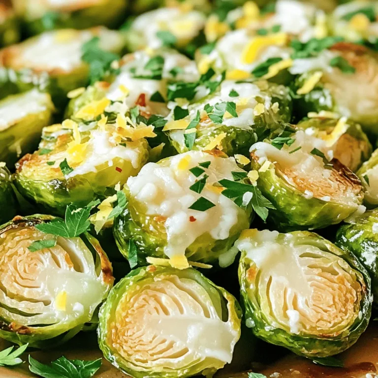 - 1 lb Brussels sprouts, cleaned and halved - 3 tablespoons extra virgin olive oil - 4 cloves garlic, finely minced - 1/2 cup freshly grated Parmesan cheese - Zest of 1 lemon - 1/2 teaspoon red pepper flakes (optional for heat) - Fresh parsley for garnish - Sea salt and freshly cracked black pepper When I make Garlic Parmesan Brussels sprouts, I always start with the basics. Fresh Brussels sprouts are key. I buy about a pound and clean them well. Halving them helps them cook evenly and adds texture. Next, I add extra virgin olive oil. It coats the sprouts and gives them a rich flavor. I use about three tablespoons. Garlic is a must. Four cloves of finely minced garlic bring a great kick to the dish. Parmesan cheese is what makes these sprouts shine. I use half a cup of freshly grated cheese. The cheese melts and creates a tasty crust when roasted. For extra brightness, I often add zest from one lemon. It lifts the flavors and adds a fresh note. If you like heat, a half teaspoon of red pepper flakes gives the dish a spicy kick. Lastly, I season with sea salt and freshly cracked black pepper. These simple seasonings enhance the flavor without overpowering it. Don't forget to garnish with fresh parsley for a pop of color. This combination of ingredients makes a flavorful side dish that everyone will love. For the full recipe, check out the details above. - Preheat oven to 400°F (200°C). - Prepare a baking sheet with parchment paper. First, you want to make your oven hot. This helps cook the Brussels sprouts fast. The parchment paper makes cleanup simple and helps them roast better. - Mix Brussels sprouts with olive oil, garlic, and seasonings. Take your cleaned and halved Brussels sprouts and put them in a big bowl. Add the olive oil, minced garlic, sea salt, and black pepper. Toss everything together. Make sure each sprout gets coated nicely. This mix gives them great flavor. - Spread Brussels sprouts on the baking sheet. - Roast for 20 minutes, stirring halfway through. Now, spread the Brussels sprouts out on the baking sheet. Keep them in a single layer to roast evenly. Set the timer for 20 minutes, but remember to stir them halfway. This helps them get golden and crispy all over. - Add Parmesan cheese and return to oven for additional 5-7 minutes. - Garnish with parsley before serving. After roasting, take them out and sprinkle the grated Parmesan cheese on top. You can also add lemon zest and red pepper flakes if you like some heat. Put them back in the oven for 5-7 minutes. This melts the cheese and makes it bubbly. Once done, take them out and garnish with parsley. Serve them warm for the best taste. For the full details, check the Full Recipe. To get great Brussels sprouts, keep them in a single layer. This helps them cook evenly. If you crowd them, they will steam instead of roast. Stir them halfway through cooking. This ensures every side gets that nice, crispy brown. Want to brighten the dish? Add lemon zest before serving. It gives a fresh taste that pairs well with the savory flavors. You can also try different cheeses. Parmesan is great, but Pecorino Romano adds a nice twist. One common mistake is overcrowding the baking sheet. This leads to uneven cooking. Also, watch your cooking time. Undercooking makes them tough, while overcooking turns them mushy. Follow the recipe closely for the best results. For the full recipe, check out the details above. {{image_4}} To switch up the taste, try using different cheeses. Pecorino Romano adds a salty, sharp flavor. It brings a new twist to the dish. If you want a vegan option, use nutritional yeast. It gives a cheesy flavor without dairy. Plus, it's packed with nutrients! Adding protein can make your dish heartier. Toss in crispy bacon or pancetta for a savory touch. Their rich flavor pairs well with the sprouts. You can also add cooked chicken pieces. This makes the dish more filling and satisfying. For a vegetarian option, substitute the cheese with vegan alternatives. There are many great cheese substitutes that melt well. Use plant-based oil for roasting instead of olive oil. This keeps the dish fully vegan while still being delicious. For the full recipe, check out Garlic Parmesan Brussels Sprouts Delight! Store your Garlic Parmesan Brussels Sprouts in an airtight container. Refrigerating them helps keep their flavor fresh. They are best eaten within 3-5 days for optimal taste and texture. To restore crispiness, reheat the sprouts in the oven. Set your oven to 350°F (175°C) and bake for about 10-15 minutes. If you're in a hurry, you can use the microwave. However, be aware that the texture may suffer a bit. You can freeze Brussels sprouts before roasting for long-term storage. This way, they maintain their flavor. To reheat, simply thaw them first, then roast as per the [Full Recipe]. This will help you enjoy them fresh and tasty! To make your Brussels sprouts crispy, follow these tips: - Use high heat: Roasting at 400°F (200°C) gives the best results. - Spread them out: Place Brussels sprouts in a single layer on your baking sheet. - Don’t overcrowd: Give them room to breathe, which helps them roast better. - Toss halfway: Stir them at the halfway point of roasting for even browning. - Add cheese last: Sprinkle Parmesan cheese towards the end of the cooking time so it melts but does not burn. Yes, you can prepare Brussels sprouts in advance. Here’s how: - Clean and cut: Clean and halve the Brussels sprouts the day before. - Store properly: Keep them in an airtight container in the fridge. - Roast fresh: When ready to eat, toss them with oil and seasonings, and roast right before serving. Garlic Parmesan Brussels sprouts go well with many dishes. Here are a few: - Roasted chicken: The savory flavors complement crispy chicken well. - Grilled steak: The rich flavors of steak pair nicely with the sprouts. - Pasta dishes: They add a fresh, crunchy element to creamy pastas. Yes, Brussels sprouts are very healthy! They are: - Low in calories: Great for weight management. - High in fiber: Good for digestion. - Rich in vitamins: They provide vitamin C, vitamin K, and folate. Plus, they have antioxidants that help your body fight disease. Yes, you can use frozen Brussels sprouts. Here are some tips: - Thaw first: Thaw them completely before cooking for even roasting. - Pat dry: Remove moisture with a paper towel to help them crisp up. - Adjust cooking time: You may need to roast them a bit longer to achieve the same crispiness. For the full recipe, check out Garlic Parmesan Brussels Sprouts Delight. Garlic Parmesan Brussels sprouts are simple to make and full of flavor. We covered essential ingredients like fresh Brussels sprouts, olive oil, and cheese. You learned step-by-step how to prepare, toss, and roast them. Plus, I shared tips for perfecting your dish and variations to keep it exciting. Remember, the key to great Brussels sprouts is even cooking and the right flavors. Take your time to enjoy this healthy side dish. You’ll love the taste and how easy it is to make!