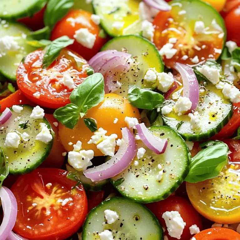 - 3 medium ripe tomatoes, diced - 1 large cucumber, peeled and diced - 1/2 red onion, finely chopped - 1/4 cup fresh basil leaves, torn - 1/4 cup feta cheese, crumbled - Salt and pepper to taste - 2 tablespoons extra virgin olive oil - 1 tablespoon balsamic vinegar - 1 teaspoon honey (optional) Using fresh and ripe ingredients is key. The tomatoes should be juicy and sweet. Choose a cucumber that is firm and crisp. The red onion adds a nice bite and sweetness. Fresh basil gives the salad a vibrant aroma. Crumbled feta cheese adds creaminess and a tangy flavor. Don't shy away from salt and pepper; they enhance all flavors. For the dressing, opt for high-quality olive oil. Balsamic vinegar adds a rich depth to the dish. The honey is optional but can balance the acidity if you desire. This combination creates a colorful and tasty salad. You can find the full recipe in the article. - Start by combining the diced tomatoes and cucumber in a big bowl. Make sure the pieces mix well. - Next, add the finely chopped red onion. This gives a nice touch of sweetness. Toss in the torn basil leaves too. Their aroma will make the salad even better. - In a small bowl, whisk together the extra virgin olive oil and balsamic vinegar. This creates a rich dressing. - Add salt and freshly cracked pepper to taste. If you like a hint of sweetness, mix in the honey. Whisk until everything blends smoothly. - Drizzle the dressing over the salad mix. Toss gently but thoroughly. You want every piece to be coated nicely. - Finally, sprinkle the crumbled feta cheese over the top. Give it another light toss to spread out the cheese. - For the best flavor, let the salad sit for about 10 minutes before serving. This allows the flavors to meld beautifully. - Use ripe, organic tomatoes and cucumbers. They taste better and are healthier. - Chill the salad for enhanced flavors. Cold salad feels refreshing, especially on hot days. - Adjust the salt and vinegar to taste. Start with a little and add more if needed. - Consider adding a squeeze of lemon juice for brightness. It gives the salad a zesty kick. - This salad pairs well with grilled meats. The fresh flavors balance the richness of the meat. - Serve as a refreshing side dish at gatherings. Everyone loves a light salad on a warm day. For the complete experience, check out the Full Recipe for all details. {{image_4}} You can easily switch up the flavors in this salad. Instead of feta cheese, try goat cheese. It adds a creamy texture and tangy taste. You can also use arugula or spinach in place of basil for added greens. These swaps keep the salad fresh and exciting. Want to mix things up? Use a lemon vinaigrette instead of balsamic vinegar. The bright flavor of lemon gives a new twist. You can also add minced garlic to the dressing for extra flavor. This small change makes a big impact. If you want a vegan salad, simply leave out the cheese. The salad will still taste great without it. For a healthier option, use low-sodium ingredients. This helps you enjoy the salad while keeping your health in mind. Try these variations to find your favorite version of this fresh tomato cucumber salad. Explore the Full Recipe for even more details! To keep your Fresh Tomato Cucumber Salad fresh, store it in an airtight container. You can keep it in the fridge for up to 2 days. This way, your veggies stay crisp and tasty. For long-term storage, freeze your ingredients separately. This helps maintain their flavor. Do not dress the salad until you are ready to eat. Adding dressing early can make the vegetables soggy. Watch for wilting vegetables or any off smells. If your salad shows signs of spoilage, it’s best to discard it. Freshness is key to enjoying this vibrant dish. Yes, you can make this salad ahead of time. To do this, prepare the veggies first. Dice the tomatoes and cucumber, then chop the onion and basil. Keep these in the fridge. You can mix them in a bowl before serving. For the dressing, whisk olive oil, vinegar, salt, and pepper in a separate jar. Keep the dressing chilled. This way, the veggies stay fresh, and the salad tastes great. Just drizzle the dressing on before serving. This keeps everything crisp. For this salad, I love using ripe tomatoes. Roma tomatoes are firm and tasty. They have less juice, which keeps the salad crunchy. Beefsteak tomatoes are juicy and full of flavor, great for a burst in each bite. Cherry tomatoes are sweet and fun; they add a pop of color. Each type brings a unique taste. Mixing different tomatoes can make your salad even better. Choose what you like best for a taste that suits you. Absolutely, this salad is gluten-free! All the ingredients, like tomatoes, cucumber, and feta, do not contain gluten. Always check labels if you use packaged items. Some dressings may have gluten, but the olive oil and vinegar in this recipe are safe. This makes the salad perfect for anyone with gluten concerns. You can enjoy it without worry! This blog post covered an easy and fresh Tomato Cucumber Salad recipe. We discussed key ingredients like tomatoes, cucumbers, and onions. You learned how to mix the dressing and assemble your salad. I shared tips to enhance freshness and flavor, plus fun variations. This salad is quick to prep and perfect for many occasions. I encourage you to try it out. Use fresh ingredients for the best taste and enjoy this healthy dish at your next meal or gathering.
