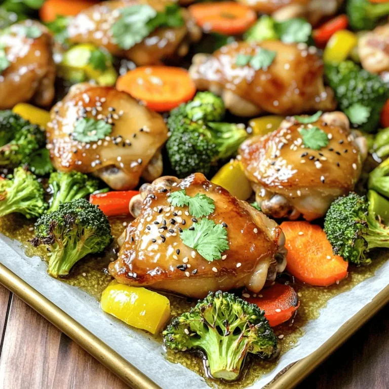 - 4 boneless, skinless chicken thighs - 1/4 cup honey - 1/4 cup soy sauce or tamari - 4 cloves garlic, minced - 1 tablespoon freshly grated ginger - 2 tablespoons olive oil - 1 teaspoon sesame oil - 1 teaspoon black sesame seeds (optional) - 2 cups broccoli florets - 1 bell pepper, thinly sliced - 1 cup carrots, thinly sliced - Salt and pepper, to taste - Fresh cilantro, chopped, for garnish Gathering fresh ingredients is key for this honey garlic sheet pan chicken. Use high-quality honey for a rich flavor. You can choose soy sauce or tamari based on your dietary needs. I love using fresh garlic and ginger for the best taste. For the veggies, I always pick vibrant colors like red or yellow bell peppers. They add sweetness and crunch. Broccoli and carrots not only bring color but also nutrients. Be sure to have salt and pepper on hand. They help bring out all the flavors in this dish. Fresh cilantro adds a nice touch at the end. It brightens up the meal and makes it look pretty. For the full recipe, check my detailed instructions. Enjoy making this dish! - Preheat the oven to 400°F (200°C). - Line a large baking sheet with parchment paper. - Whisk together honey, soy sauce, garlic, ginger, olive oil, and sesame oil. - Lay chicken on the baking sheet and coat with sauce. - Add vegetables and season with olive oil, salt, and pepper. - Bake for 25-30 minutes and brush with remaining sauce for a glossy finish. The steps are simple and fun. You start by preheating your oven to 400°F. This heat gives the chicken a nice, crispy finish. While the oven warms, line a large baking sheet with parchment paper. This makes cleanup easy later. Next, let’s make the sauce. In a bowl, whisk together honey, soy sauce, minced garlic, ginger, olive oil, and sesame oil. The mix should be smooth. This sauce is what makes the chicken and veggies shine. Now, place the chicken thighs on the baking sheet. Pour half of the sauce over the chicken. Make sure it’s well coated. Set the rest aside for later. Add your chopped veggies around the chicken. Toss them in olive oil, salt, and pepper. This step adds flavor and helps them roast nicely. Time to bake! Put the sheet pan in the oven and bake for 25-30 minutes. The chicken should reach 165°F inside. In the last five minutes, brush the chicken with the reserved sauce. This gives it a shiny, inviting look. Once you take it out, let it rest for a few minutes. This allows the flavors to come together. Now you are ready to enjoy a delicious meal! For the full recipe, check out the recipe section. - Ensure chicken reaches an internal temperature of 165°F (75°C). - Use parchment paper for easier cleanup and helps with even cooking. Getting the chicken cooked just right is key. I always use a meat thermometer. This tool gives me peace of mind that my chicken is safe to eat. Parchment paper is my best friend in the kitchen. It makes cleaning up a breeze and helps the food cook evenly. No sticking means no mess! - Experiment with additional spices such as chili flakes for heat. - Marinate chicken for an hour for enhanced flavor absorption. Want a kick? Try adding chili flakes. Just a pinch can make a big difference. Marinating the chicken in the sauce for an hour helps the flavors soak in. It makes the dish taste richer and more delicious. - Arrange chicken and vegetables beautifully on a platter. - Drizzle leftover glaze for visual appeal and enhanced flavor. When serving, I like to present my dish nicely. Place the chicken in the center of a big platter and surround it with the colorful veggies. Drizzling the leftover glaze on top not only looks nice but also adds more flavor. Your family will love the taste and the look of this meal! For the full recipe, check out the link above. {{image_4}} You can easily change the veggies in this dish. Substitute broccoli with green beans or asparagus. Both add a fresh taste. You can also add sliced onions or zucchini. These choices bring extra flavor and texture to your meal. If you want to change the protein, use chicken breasts instead of thighs. Chicken breasts cook quickly and remain juicy. For a plant-based option, try tofu. It absorbs the honey garlic sauce well and adds a nice texture. If you need a gluten-free option, use tamari. It works just like soy sauce. Tamari has a rich flavor and keeps your dish safe for gluten-free diets. Always check the label to be sure. For more detailed instructions, check the Full Recipe. Store leftovers in an airtight container in the refrigerator for up to 4 days. This helps keep the chicken and veggies fresh. When you need a quick meal, just pull it out and enjoy. You can freeze cooked chicken and vegetables for up to 3 months. Make sure they cool first. Place them in freezer bags or containers. Label them with the date for easy tracking. Reheat in the oven or microwave until heated through. If using the oven, set it to 350°F (175°C). This helps keep the chicken juicy. For the microwave, use a microwave-safe dish and cover it. Heat in short bursts to avoid drying it out. Find the Full Recipe for more details on making this delicious meal. To check if the chicken is fully cooked, use a meat thermometer. You want the internal temperature to reach 165°F (75°C). This ensures the chicken is safe to eat. If you don’t have a thermometer, cut into the thickest part of the chicken. The meat should be white and the juices should run clear. Yes, you can make this dish ahead of time. Prepare the honey garlic sauce and marinate the chicken in it for a few hours or overnight. This helps the flavors seep in. You can also chop the vegetables early and store them in the fridge. When you are ready, just bake everything together. You can serve this chicken with rice, quinoa, or a fresh green salad. These sides balance the flavors and add texture to your meal. Rice absorbs the sauce well, while quinoa adds a nutty taste. A salad adds freshness and crunch, making your meal more complete. For the full recipe, click here. This blog post covered a simple and tasty recipe for Honey Garlic Sheet Pan Chicken. You learned about the main ingredients, preparation steps, cooking tips, and ways to customize the dish. Remember, cooking is fun. Use fresh veggies and your favorite spices to make it yours. Enjoy your meal with friends or family, and share your creations. Happy cooking!