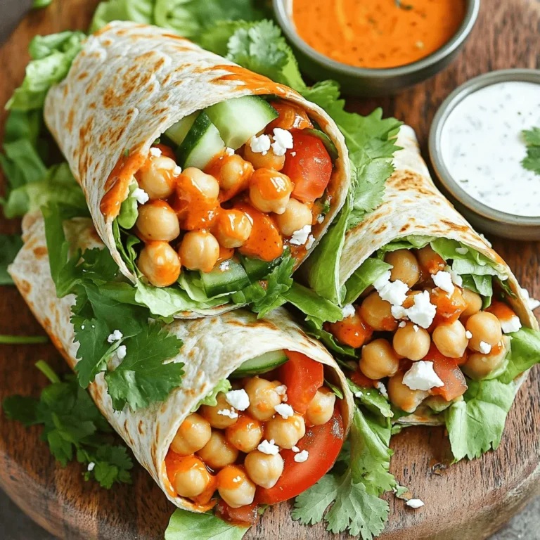 - 1 can chickpeas (15 oz) - 2 tablespoons buffalo sauce - 2 tablespoons ranch dressing (vegan option available) - Olive oil - 1/2 teaspoon garlic powder - 1/2 teaspoon onion powder - Tortillas - Lettuce - Tomatoes - Cucumbers - Feta cheese The main ingredients in Buffalo Ranch Chickpea Wraps come together to create a tasty meal. Chickpeas are the star here. They give the wraps protein and fiber. You might want to choose a good buffalo sauce. The spiciness of the sauce brings a fun kick. Ranch dressing adds creaminess to balance it out. You can use any tortillas you like—whole wheat or spinach are great options. Fresh veggies like lettuce, tomatoes, and cucumbers add crunch and freshness. Feta cheese is optional but adds a nice salty flavor. - Fresh herbs for garnish (cilantro or parsley) - Additional veggies for crunch Feel free to get creative! Fresh herbs like cilantro or parsley can brighten your wraps. You can also add other veggies for more texture. Try bell peppers, carrots, or even shredded cabbage. - Mixing bowls - Fork or potato masher - Skillet (optional for grilling) You will need a few kitchen tools to make these wraps. Mixing bowls are essential for combining ingredients. A fork or potato masher helps you smash the chickpeas. If you want a crispy texture, a skillet is useful for grilling the wraps. For the Full Recipe, follow the detailed instructions to make this delicious meal. - Smash the drained chickpeas in a mixing bowl. - Achieve a chunky texture for best results. To start, open a can of chickpeas. Drain and rinse them under cold water. In a mixing bowl, use a fork or potato masher to gently smash the chickpeas. You want a mix of chunky bits and some whole chickpeas. This texture adds a nice bite to the wrap. Don’t over-mash. A little chunkiness keeps it fun! - Combine buffalo sauce, ranch dressing, and seasonings. - Adjust to taste for desired spice level. Now, let's make the buffalo sauce blend. In a small bowl, mix two tablespoons of buffalo sauce with two tablespoons of ranch dressing. Add one tablespoon of olive oil, half a teaspoon of garlic powder, and half a teaspoon of onion powder. Season with salt and pepper. Whisk until smooth. Taste it, and if you want more heat, add more buffalo sauce. It’s all about finding your perfect spice level! - Layer chickpea mixture on tortillas. - Add fresh veggies and optional feta. Next, it’s time to build the wraps. Take a tortilla and lay it flat. Spoon a generous amount of the buffalo chickpea mixture down the center. Top it with shredded lettuce, diced tomatoes, and sliced cucumbers. If you like, sprinkle some crumbled feta cheese on top for an extra kick. This mix of flavors will make your wrap shine! - Heat skillet over medium and grill wraps for crunch. - Tips for achieving perfect grill marks and texture. If you want a crispy wrap, heat a skillet over medium heat. Place the wraps seam-side down in the skillet. Grill each wrap for about 2-3 minutes on each side. Look for that golden color and nice grill marks. This step adds a lovely crunch and makes the wraps even more enjoyable. Enjoy the process, and your wraps will be amazing! You can easily change this recipe to fit your tastes. For a gluten-free option, use gluten-free tortillas. If you're vegan, swap regular ranch for a vegan version. You can also try adding avocado for creaminess. Consider using different sauces to change the flavor. Try barbecue sauce for a sweet twist or a spicy sriracha for heat. These wraps are great with crunchy side dishes. Serve them with carrot sticks or celery for a fresh crunch. You can also pair them with a light salad. A simple green salad with lemon vinaigrette works well. For drinks, iced tea or lemonade makes a refreshing choice. You could even serve a light beer if you like. Make your wraps look great for gatherings. Cut each wrap in half to show off the colorful filling. Arrange them on a big platter for everyone to admire. For extra flair, add a sprinkle of fresh herbs on top. Fresh cilantro or parsley adds a nice touch. You can even serve them with small bowls of extra sauce for dipping. This adds fun and keeps everyone happy. {{image_4}} To make this wrap fully plant-based, choose the right dressings. Look for vegan ranch dressings at your local store. They often taste just as good as regular ranch. Brands like Kite Hill and Follow Your Heart are my favorites. Always check the label to make sure it is dairy-free. Want more protein? Add grilled tofu or tempeh to your wrap. These options are tasty and filling. You can also mix in beans or lentils for added texture. Black beans or chickpeas work well. They pack a protein punch and add flavor. If you love heat, try adding jalapeños or chili flakes. They give your wrap a nice kick. You can also switch up your hot sauce. Sriracha or a chipotle sauce can add a smoky flavor. Adjust the spice to suit your taste! For the Full Recipe, check the earlier section. To store your Buffalo Ranch Chickpea Wraps, wrap them tightly in foil or plastic wrap. This keeps them fresh and prevents drying. You can also place them in an airtight container. These wraps will stay good in the fridge for about 3 days. After that, the veggies may lose their crunch. Yes, you can freeze these wraps! To freeze, wrap each one in plastic wrap and place them in a freezer-safe bag. They will keep well for up to 2 months. When you’re ready to eat, thaw them in the fridge overnight. To reheat, place them in a skillet over medium heat. This method helps keep the wrap crisp and tasty. Got extra filling? Use it as a salad topping! Just add it to greens with your favorite dressing. You can also mix it into a grain bowl with quinoa or rice. If you have leftover veggies, toss them into a stir-fry or omelet. These ideas can help reduce waste and create new meals. Yes, you can. These wraps are great for meal prep. You can make the chickpea filling a day in advance. Store it in an airtight container in the fridge. Just assemble the wraps when ready to eat. This keeps the tortillas fresh and prevents sogginess. If you want a different taste, try yogurt or vinaigrette. You can also make your own ranch dressing. Mix Greek yogurt, herbs, and a splash of lemon juice. This adds a fresh twist while keeping it creamy. Yes, they can be gluten-free! Look for gluten-free tortillas at your store. Many brands offer tasty options made from rice or corn. Just check the labels to be sure. To boost the flavor, add more spices like paprika or cayenne. You can also mix in fresh herbs like dill or chives. Another option is to add a splash of lime juice for brightness. Each addition brings a new layer of taste. Many veggies fit well in wraps! Try adding bell peppers, shredded carrots, or avocado. These add crunch and nutrition, making your wraps more colorful and fun. Don’t be afraid to mix and match your favorites! Buffalo Ranch Chickpea Wraps are fun, tasty, and easy to make. You learned how to prepare chickpeas, mix a zesty sauce, and customize your wraps with fresh veggies. Remember, you can store leftovers or even freeze them for later. Try different proteins or sauces to fit your taste. With a few tweaks, your wraps can be a hit at any meal. Enjoy exploring these ideas and make the recipe your own!