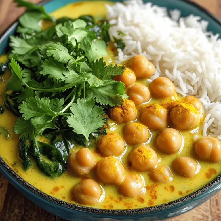 To make a great chickpea curry, you need some key ingredients: - 2 cups canned chickpeas, thoroughly rinsed and drained - 1 medium onion, finely diced - 3 cloves garlic, minced - 1-inch piece of fresh ginger, finely grated - 1 can (14 oz) full-fat coconut milk - 2 tablespoons concentrated tomato paste These ingredients form the base of our flavorful curry. The chickpeas provide protein and texture, while the coconut milk adds creaminess. The onion, garlic, and ginger create a fragrant and savory foundation. Spices are the heart of any curry. For this dish, you will need: - 1 teaspoon ground turmeric - 1 teaspoon whole cumin seeds - 1 teaspoon ground coriander - 1 teaspoon garam masala - 1 tablespoon extra virgin olive oil - Salt and freshly cracked black pepper to taste Turmeric gives a lovely golden color. Cumin seeds add warmth and depth. Garam masala brings a complex blend of flavors that elevates the dish. Fresh ingredients make the curry vibrant. You should include: - 1 cup fresh spinach, roughly chopped - Fresh cilantro leaves for garnish - Suggested serving options: basmati rice or warm naan Spinach adds a pop of green and nutrients. Cilantro enhances the flavor and makes it look pretty. Serve the curry with fluffy basmati rice or warm naan for a complete meal. Try this Full Recipe for a delightful experience. Heat olive oil in a large pot over medium heat. Add cumin seeds and sauté for 30 seconds. This step brings out their warm, nutty flavor. Next, add the finely diced onion. Stir it occasionally for about 5 to 7 minutes. You want the onions to be soft and translucent. Then, add minced garlic and grated ginger. Cook them together for 1 to 2 minutes, until they smell amazing. Now, stir in the ground turmeric, ground coriander, and tomato paste. Mix everything well and cook for about 2 minutes. This helps the spices bloom and creates a tasty base. After that, add the drained chickpeas and pour in the coconut milk. Stir gently to blend all the ingredients. Bring it to a gentle simmer, which lets the flavors combine beautifully. Let the curry simmer for 15 to 20 minutes. This step allows all the flavors to meld together. After simmering, add the chopped spinach and garam masala. Stir the pot and cook for another 5 minutes. The spinach will wilt and turn a bright green. Taste the curry and adjust the seasoning with salt and pepper as needed. Serve this delicious chickpea bliss curry hot. For a complete meal, enjoy it with fluffy basmati rice or warm naan. You can find the full recipe here. Sautéing adds depth to chickpea curry. It brings out the flavors of spices. When you heat olive oil, add cumin seeds first. This step wakes up their aroma. After that, add onion, garlic, and ginger. Cook until they are soft and fragrant. Boiling does not give the same rich taste, so avoid it. Simmering time is key. Once you mix in the coconut milk and chickpeas, let it sit. Simmer for at least 15 minutes. This time helps flavors blend perfectly. The longer you simmer, the better it gets. Just keep an eye on it to avoid burning. Cook chickpea curry over medium heat. This helps all ingredients cook evenly. If you turn the heat too high, some parts may burn. If you use different fresh veggies, adjust the cook time. For example, bell peppers may need less time than spinach. Just keep tasting to find the right balance. Pair your chickpea curry with rice or naan. Both options soak up the rich sauce. This makes every bite a delight. For a nice touch, serve the curry in a big bowl. Show off the bright colors of the dish. Add a sprig of cilantro on top for flavor and looks. This makes your meal feel special and inviting. Check the Full Recipe for more tips and ideas. {{image_4}} You can easily make chickpea curry vegan. The recipe is already plant-based. Use coconut milk for creaminess. For gluten-free options, enjoy this dish with rice or gluten-free naan. Check labels on any packaged items to ensure they are gluten-free. You can boost flavor by adding different veggies. Try bell peppers or sweet carrots. They add color and texture. You can also mix in some leafy greens like kale for added nutrition. Want more spice? Add chili powder or paprika for heat. A pinch of smoked paprika can add depth. You can make chickpea curry in different ways. An Instant Pot cooks it fast and keeps flavors strong. Just set it to pressure cook for about 10 minutes. On the stovetop, simmer for deeper flavor. You can also use a slow cooker. This method allows flavors to develop slowly over 4-6 hours. It’s great for meal prep. For the full recipe, refer to the Chickpea Bliss Curry section. To keep your chickpea curry fresh, store leftovers in the refrigerator. Use an airtight container. This helps maintain its flavor and texture. Your curry can stay good for about 3 to 5 days in the fridge. If you want to save it for longer, freezing is a great option. Let the curry cool completely before you freeze it. Then, place it in a freezer-safe container. It can last up to three months in the freezer without losing its taste. When you're ready to eat, reheating properly matters. The best way is to warm it on the stove. Pour the curry into a pot and heat it on low. Stir it often to avoid burning. This method keeps the flavors intact. If you're in a hurry, you can use the microwave. Just place your curry in a safe bowl. Cover it loosely and heat for about 1 to 2 minutes. Stir halfway through to heat evenly. Adjust time based on your microwave's power. Chickpea curry can last in the fridge for 3 to 5 days. Always check for signs of spoilage. If it smells off or has a strange color, it’s best to throw it away. When stored correctly, frozen chickpea curry can last up to three months. However, the longer it stays frozen, the more it may lose flavor. Always label your containers with the date for easy tracking. Chickpeas are packed with protein and fiber. This makes them great for your health. They help keep you full and satisfied. Plus, chickpeas support digestion and heart health. Coconut milk adds healthy fats, too. It gives the curry a creamy texture. Spices like turmeric have anti-inflammatory properties. They can help boost your immune system. With each bite, you nourish your body while enjoying a tasty meal. Yes, you can easily make chickpea curry spicy. Start by adding more spices like cayenne pepper. You can also use fresh chili peppers. Adjust the amount to match your heat level. If you like it mild, add spices slowly. Taste as you go to find the right balance. You can even serve hot sauce on the side for extra kick. Chickpea curry pairs well with many side dishes. Cooked basmati rice is a classic choice. It soaks up the sauce and adds texture. Warm naan is also a great option. You can use it to scoop up the curry. In some cultures, serving yogurt adds a cool contrast. A simple salad can refresh your palate, too. These pairings enhance your meal and connect with tradition. Enjoy your chickpea curry with friends and family! Chickpea curry offers rich flavors and nutrition through simple ingredients. This dish shines with spices, coconut milk, and fresh veggies. You can adjust spices for heat or add new flavors. Proper storage keeps it fresh for later meals. With these tips, you can enjoy a tasty, healthy dish any day. Explore variations and make it your own. Dive into chickpea curry and savor every bite!