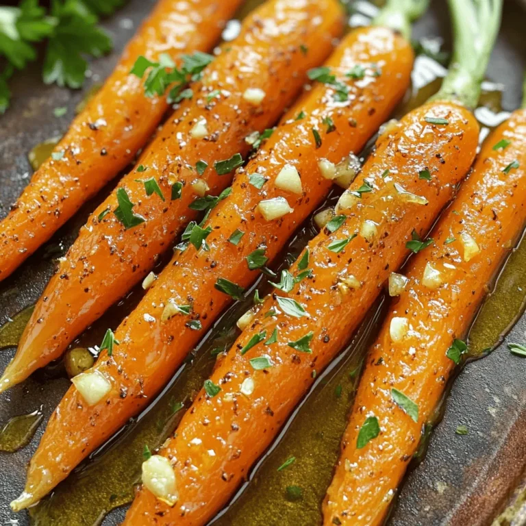 To make honey garlic roasted carrots, gather these simple ingredients: - 1 lb baby carrots (or regular carrots, peeled and sliced into sticks) - 3 tablespoons honey - 2 tablespoons extra virgin olive oil - 3 cloves garlic, finely minced - 1 teaspoon fresh thyme leaves (or ½ teaspoon dried thyme) - Freshly ground salt and pepper, to taste - 1 tablespoon freshly squeezed lemon juice - Fresh parsley leaves for garnishing (optional) You can easily make this dish your own by adding: - Other herbs like rosemary or dill for a different flavor - A sprinkle of red pepper flakes for heat - Carrots mixed with other roasted veggies like potatoes or beets This dish is not just tasty; it’s also good for you. Here’s a quick look at the nutrition per serving: - Calories: About 130 - Protein: 1g - Carbohydrates: 27g - Fiber: 4g - Sugars: 10g - Fats: 4g These numbers can change based on your personal choices, especially if you add extra ingredients. Enjoy this healthy side dish that’s full of flavor! If you want the full recipe, check it out [here](#). First, preheat your oven to 400°F (200°C). This step is key for even roasting. Gather your ingredients. You should have baby carrots, honey, olive oil, garlic, thyme, and lemon juice ready. In a large bowl, combine the honey, olive oil, minced garlic, and thyme. Add a good pinch of salt and pepper. Next, squeeze in the lemon juice. Whisk the mixture well until it is smooth. This glaze will give your carrots a sweet and savory flavor. Now, it's time to coat the carrots. Add them to your bowl with the glaze. Toss them gently until they are well coated. Line a baking sheet with parchment paper for easy cleanup. Spread the carrots out in a single layer, avoiding crowding. Place the baking sheet in the preheated oven. Roast the carrots for 25-30 minutes. Halfway through, toss the carrots again for even cooking. They should become tender and caramelized. Once done, let them cool for a few minutes. If you like, drizzle some extra glaze over the top for added flavor. Finally, garnish with fresh parsley before serving. This adds a pop of color and freshness. If you want the full recipe, check it out [Full Recipe]. To ensure your carrots roast perfectly, choose fresh carrots. Baby carrots work well, but regular ones are great too. If using regular carrots, slice them into sticks for even cooking. Spread the carrots out in a single layer on the baking sheet. This step keeps them from steaming and helps them caramelize nicely. Toss them halfway through cooking for even browning. For a great glaze, mix the honey, olive oil, garlic, and thyme well. The oil helps the honey coat the carrots. If your glaze feels too thick, add a splash of water or lemon juice. This can help thin it out and ensure it coats the carrots evenly. Remember, a smooth glaze means more flavor in every bite! To make your dish pop, use a nice platter. Once the carrots are roasted, transfer them carefully. Drizzle with extra honey for shine. Sprinkle fresh parsley or thyme over the top for color. This simple touch makes your dish look gourmet. Enjoy serving them at your next meal! For the full recipe, check out the details above. {{image_4}} You can easily change this dish by adding other vegetables. Try sweet potatoes or parsnips. They roast well and add new flavors. Just cut them to a similar size as the carrots. This helps them cook evenly. If you want to switch up the sweet taste, use maple syrup or agave. Both give a nice flavor and work well with the garlic. You can use the same amount as honey. Just mix it well with the other ingredients. Adding spices can boost the taste of your honey garlic roasted carrots. You might try a pinch of cumin or chili powder for warmth. Fresh herbs like rosemary or dill can also add a bright note. Experiment with what you love! Each change can make this dish new and exciting. You can find the full recipe to guide you through these variations. To store leftover honey garlic roasted carrots, first let them cool down. Use an airtight container to keep them fresh. If you have a lot, divide them into smaller portions. Place the container in the fridge. They will stay good for about 3 to 5 days. Keeping them sealed helps avoid drying out. When you're ready to enjoy the leftovers, preheat your oven to 350°F (175°C). Spread the carrots on a baking sheet. You can drizzle a little olive oil for extra moisture. Heat them for about 10 to 15 minutes, or until they feel warm. You can also use a microwave if you're in a hurry. Just cover them with a damp paper towel and heat in 30-second bursts. If you want to keep the carrots longer, freezing is a great option. First, let the carrots cool completely. Spread them in a single layer on a baking sheet. Freeze them for about 1 hour. This step prevents them from sticking together. After that, transfer the carrots to freezer bags. Remove as much air as possible before sealing. They can last for up to 3 months in the freezer. To eat, thaw them in the fridge overnight before reheating. For more details, check the Full Recipe. Yes, you can use frozen carrots. However, fresh carrots will taste better. Frozen carrots may lose some crunch. If you use them, roast them longer to ensure they cook fully. Just remember to thaw them before roasting for the best results. Honey garlic roasted carrots pair well with many dishes. You can serve them with grilled chicken, beef, or fish. They also taste great with rice or quinoa. Try them with a fresh salad for a balanced meal. Their sweet and savory flavor adds depth to any plate. You can make this dish ahead of time. Prepare the honey garlic glaze and coat the carrots. Store them in the fridge for up to 24 hours. When ready to serve, just roast them in the oven. This saves time and still gives you that amazing flavor. For the full recipe, check out the complete instructions above. We explored the key ingredients and steps to make honey garlic roasted carrots. You learned how to mix the glaze, roast the carrots, and personalize the dish. We also discussed useful tips for perfect roasting and presentation. Lastly, we covered variations and storage tips to keep your dish fresh. Use this guide to make a tasty meal. Enjoy these carrots with your loved ones for a delightful experience.