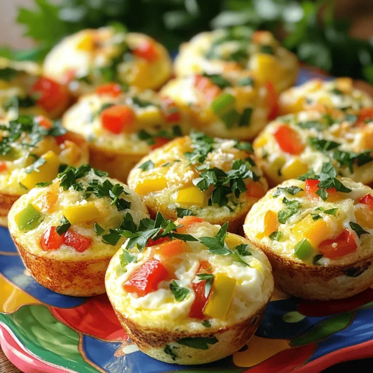 - 6 large eggs - 1/2 cup milk - 1 cup mixed bell peppers, diced - 1/2 cup onion, diced - 1 cup fresh spinach, chopped - 1/2 cup shredded cheese - 1/2 teaspoon garlic powder - 1/2 teaspoon salt - 1/4 teaspoon black pepper - Optional add-ins Egg muffins are simple to make. You can mix and match your favorite ingredients. The basic recipe is a great start, but you can add other items too. Here are some optional add-ins to consider: - Cooked turkey sausage, crumbled - Diced ham - Zucchini, grated - Mushrooms, sliced When you pick your veggies, choose fresh ones. Fresh ingredients add more flavor and nutrients. You can use any cheese you like. Cheddar and mozzarella work well. Don't forget to season your mix! The garlic powder, salt, and pepper enhance the taste. - Muffin tin - Mixing bowl - Whisk These tools are key for making your egg muffins. A muffin tin helps shape them perfectly. A mixing bowl allows you to combine your ingredients easily. A whisk mixes the eggs and milk until smooth. These items make the process quick and fun. With the right tools, you can whip up a tasty breakfast in no time. For the full recipe, check the detailed instructions in the next section. - Preheat the oven to 350°F (175°C). - Grease the muffin tin with cooking spray or olive oil. - In a large bowl, whisk together eggs and milk until smooth. - Add diced bell peppers, onion, spinach, and shredded cheese. - Sprinkle in garlic powder, salt, and black pepper. - If you like, fold in cooked turkey sausage or ham. Stir until mixed well. - Carefully pour the mixture into muffin cups, filling each about 3/4 full. - Place the muffin tin in the oven and bake for 18-20 minutes. - The muffins are done when they puff up and feel firm. - To check doneness, insert a toothpick. If it comes out clean, they are ready. - Let the muffins cool in the tin for a few minutes. - Gently remove them by running a knife around the edges. - Serve warm or store in an airtight container in the fridge for up to 5 days. For the full recipe, visit the Sunny Morning Egg Muffins section. To bake your egg muffins perfectly, set your oven to 350°F (175°C). Bake for 18 to 20 minutes. The muffins should rise and be firm in the center. To check for doneness, use a toothpick. If it comes out clean, they are ready! Enjoy these muffins warm for the best taste. They pair well with fresh fruit or yogurt. For a fun touch, arrange them on a bright platter. You can add fresh herbs like parsley for color. Avoid overfilling the muffin tins; fill them only about 3/4 full. This helps them puff up nicely. Also, grease the muffin tin well. If you skip this step, the muffins may stick and break apart. {{image_4}} You can mix and match your favorite veggies and cheeses for these egg muffins. Try using: - Broccoli florets - Zucchini, diced - Mushrooms, sliced - Feta cheese - Goat cheese Adding spices can bring your muffins to life. Consider: - Paprika for warmth - Cumin for a twist - Fresh herbs like basil or oregano Making these muffins gluten-free is easy. Just ensure you check your ingredients, like the milk and any add-ins. Use gluten-free sausage or skip the meat entirely. For a dairy-free version, try these tips: - Use almond or oat milk instead of regular milk. - Choose dairy-free cheese or leave it out altogether. Using seasonal veggies makes your muffins fresh and tasty. In spring, add asparagus. In summer, toss in tomatoes and corn. Fall is perfect for butternut squash and kale. You can also create holiday-themed muffins. Think of adding: - Spinach and feta for a festive green touch in December. - Pumpkin puree and spices for a cozy autumn flavor. To keep your egg muffins fresh, store them in an airtight container. Place the muffins in the fridge within two hours of cooking. These muffins stay tasty for up to 5 days. If you want them to last longer, consider freezing them. To freeze your muffins, let them cool completely. Then, wrap each muffin in plastic wrap. Place the wrapped muffins in a freezer-safe bag or container. They can stay in the freezer for up to three months. When you're ready to enjoy, take one out and reheat it. You can use the microwave for about 30 seconds or the oven at 350°F for 10-15 minutes. This way, your muffins taste fresh and delicious every time! Yes, you can make these egg muffins ahead of time. They store well in the fridge for up to five days. Just cool them first and keep them in an airtight container. This way, you can grab a muffin for breakfast on busy mornings. If you need a milk substitute, you can use non-dairy milk. Almond milk or oat milk works great. You can also use water or chicken broth for a different flavor. Each option will still keep your muffins moist and tasty. Customization is easy! You can change the veggies, cheeses, or meats you use. Add mushrooms, zucchini, or kale for more greens. Try feta or pepper jack cheese for a flavor twist. You can even add herbs like dill or cilantro for extra taste. These muffins are perfect for meal prep. They are easy to make in bulk and freeze well. Just bake a big batch, cool them, and store in the freezer. Reheat them in the microwave or oven whenever you want a quick meal. To check if your muffins are done, insert a toothpick in the center. If it comes out clean, they are ready. The muffins should puff up and feel firm. If they jiggle too much, give them a few more minutes to bake. Sunny Morning Egg Muffins are easy and fun to make. They are perfect for busy mornings. The ingredients come together quickly, and you can customize them to fit your taste. Ingredients summary: - 6 large eggs - 1/2 cup milk - 1 cup mixed bell peppers, diced - 1/2 cup onion, diced - 1 cup fresh spinach, chopped - 1/2 cup shredded cheese - 1/2 teaspoon garlic powder - 1/2 teaspoon salt - 1/4 teaspoon black pepper - Optional: 1/4 cup cooked turkey sausage or diced ham Brief cooking process recap: 1. Preheat your oven to 350°F (175°C). 2. Whisk eggs and milk in a bowl. 3. Mix in diced veggies, cheese, and spices. 4. Fill greased muffin tins with the mixture. 5. Bake for 18-20 minutes until puffed and firm. 6. Cool slightly before removing from the tin. This recipe makes 12 muffins, perfect for meal prep or sharing. Enjoy them warm or store for later! For the full recipe, check the [Full Recipe]. This blog post shared how to make easy and tasty egg muffins. You learned about the ingredients, kitchen tools, and step-by-step instructions. We discussed tips for perfect muffins and explored fun variations. Don't forget about storage info for leftovers and answers to common questions. These muffins are great for any meal. They are simple to customize and perfect for any diet. Now, get cooking and enjoy your delicious egg muffins!