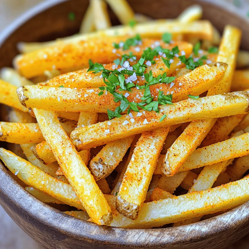 - 4 large russet potatoes - 2 tablespoons olive oil - 1 teaspoon garlic powder - 1 teaspoon smoked paprika - 1 teaspoon sea salt - 1/2 teaspoon freshly cracked black pepper - 1 tablespoon fresh parsley (for garnish) - Air fryer - Large mixing bowl - Kitchen towel or paper towels When it comes to making crispy air fryer French fries, the right ingredients are key. I always choose russet potatoes. They have a high starch content, which helps create that perfect crunch. You will need four large ones for this recipe. Next, we have olive oil. This helps the fries crisp up nicely in the air fryer. I use two tablespoons. Garlic powder and smoked paprika add great flavor. Each spice gets one teaspoon, packed with taste! Sea salt enhances everything, while half a teaspoon of black pepper adds a nice kick. Finally, a tablespoon of fresh parsley makes for an appealing garnish. For tools, you'll need an air fryer, of course. This gadget is a game changer. A large mixing bowl helps you mix the fries and oil. Keep a kitchen towel or paper towels handy to dry the potatoes after soaking. This step is crucial for crispy fries. By gathering these ingredients and tools, you're one step closer to making delicious crispy air fryer French fries. For the full recipe, check out the details above! - Soak the cut potato strips in cold water. This step helps remove excess starch. - Pat the potatoes dry for maximum crispiness. Use a clean towel to absorb all moisture. - Combine potatoes with olive oil and seasonings. The oil helps the fries crisp up. - Ensure an even coating of flavors. Toss them gently so every strip gets flavor. - Preheat the air fryer to the correct temperature. Set it to 375°F (190°C) for best results. - Cook the fries and shake the basket for even cooking. Shake halfway through to brown them nicely. To get the best crispiness, soak your potatoes. Soaking removes excess starch. This step makes a big difference. I recommend soaking for at least 30 minutes. After soaking, dry the potatoes well. Use a clean towel for this. Moisture will make fries soft, not crispy. When you cook fries, arrange them in a single layer in the air fryer basket. This helps them cook evenly. Crowding the basket leads to soggy fries. If you have a small air fryer, cook in batches. Each batch will be just as crispy. Adjust cook times depending on your air fryer model. Some models cook faster than others, so check your fries often. Serve your fries in fun ways. Try using paper cones or small baskets. It looks great and adds a special touch. Pair your fries with tasty dipping sauces. Ketchup is classic, but try aioli or sriracha mayo for a twist. This makes for a fun snack or side dish! {{image_4}} You can change the flavor of your crispy air fryer French fries easily. Try adding some fun herbs and spices. Here are a few ideas: - Italian herbs: Mix in dried oregano, basil, and thyme for an Italian twist. - Cajun spice blend: Use paprika, cayenne, and garlic powder for a spicy kick. - Chipotle seasoning: Add smoked chipotle powder for a smoky flavor. - Cheesy seasoning: Sprinkle nutritional yeast or cheese powder for a cheesy taste. Mix and match these seasonings to find your favorite blend. If you don't have an air fryer, you can still enjoy crispy fries. Here’s how: - Oven-baked version: Preheat your oven to 425°F (220°C). Spread the seasoned fries on a baking sheet. Bake them for about 25-30 minutes, flipping halfway through. They will be crispy and delicious! - Alternative oils: Use avocado oil for a light flavor and high smoke point. Coconut oil gives a subtle sweetness. Both will keep your fries tasty and healthier. Make your French fries part of a fun meal! Here are some tasty ideas: - Loaded fries: Top your fries with cheese, sour cream, jalapeños, and green onions. It’s a crowd-pleaser! - Protein pairings: Serve fries alongside grilled chicken, burgers, or fish. This makes for a complete and satisfying meal. Feel free to get creative! Your crispy air fryer French fries can be the star of any dish. To keep your leftover fries fresh, follow these tips: - Refrigeration: Let the fries cool down first. Place them in an airtight container. Store them in the fridge for up to three days. This keeps their taste and prevents sogginess. - Reheating: To reheat, use an air fryer for best results. Set it to 375°F (190°C) for about 5-7 minutes. This method helps restore their crispiness. Avoid using the microwave, as it can make fries soft. You can freeze fries for later use. Here’s how to do it right: - Freezing uncooked fries: Before cooking, lay the seasoned fries on a baking sheet. Freeze them for about 1-2 hours until firm. Then transfer them to a freezer bag or container. This helps keep them from sticking together. - Freezing cooked fries: If you have cooked fries, let them cool completely first. Place them in a single layer on a baking sheet to freeze. Once frozen, move them to a freezer-safe bag or container. They can stay fresh for up to two months. Using proper storage methods keeps your crispy air fryer French fries tasty and ready for whenever you crave them. For the full recipe, check out the detailed instructions. To make your air fryer fries crispy, start by soaking the cut potato strips in cold water. This step removes excess starch, which helps fries get that perfect crunch. After soaking, dry the potatoes well using a kitchen towel. Moisture makes fries soggy, so pat them dry. Coat the fries with olive oil and seasonings, then air fry at 375°F for 15-20 minutes. Shake the basket halfway through cooking to ensure even crispiness. Yes, you can use sweet potatoes instead of russet potatoes. Sweet potatoes add a different flavor and color. You may need to adjust cooking time since sweet potatoes can cook faster. Slice them into equal strips, just like russets, to keep cooking even. The soaking process still applies, so soak and dry them well for the best texture. Here are some popular dipping sauce options for your fries: - Ketchup - Mayonnaise - Aioli - Spicy sriracha mayo - Ranch dressing - Barbecue sauce - Mustard These sauces can elevate your fries and add more flavor to your meal. Enjoy experimenting with different combinations! Crispy air fryer French fries need simple ingredients and techniques. You learned about key items like russet potatoes, olive oil, and seasonings. We discussed tips for maximum crispiness and even cooking. You can also get creative with variations and serving ideas. Try these fries as a tasty snack or side dish. With practice, you'll master this easy recipe! Enjoy your crispy fries with fun dips or as part of a larger meal. The possibilities are endless!