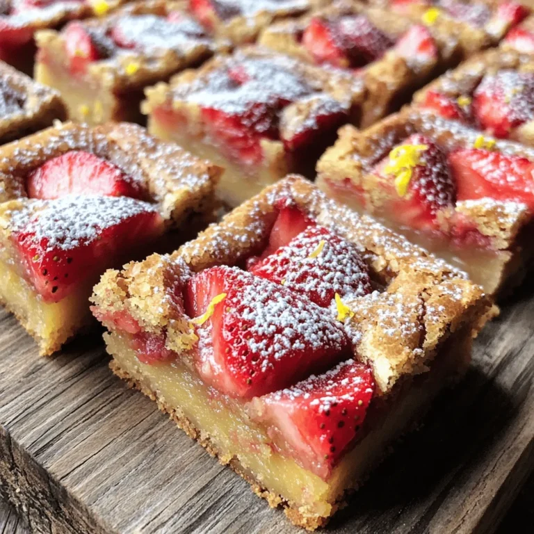 - 1 cup unsalted butter, melted - 1 cup brown sugar, packed - 1/2 cup granulated sugar - 3 large eggs, at room temperature - 2 teaspoons pure vanilla extract - 2 cups all-purpose flour, sifted - 1 teaspoon baking powder - 1/2 teaspoon fine sea salt - Zest of 1 large lemon - 1 cup fresh strawberries, hulled and diced - 1/2 cup fresh lemon juice (about 2-3 lemons) - Powdered sugar, for dusting (optional) You might not have unsalted butter. Use salted butter and skip the sea salt. For sweeteners, you can use coconut sugar instead of brown sugar. If you want a different fruit, try using raspberries or blueberries. They bring a similar taste. Pick strawberries that are bright red and firm. They should smell sweet. For lemons, choose ones that feel heavy for their size. Firm lemons have more juice. To store, keep your strawberries in a cool place. Place lemons in the fridge for the best flavor. Using these tips will help your Strawberry Lemon Blondies taste their best. For the full recipe, check out the complete guide above. 1. First, preheat your oven to 350°F (175°C). This helps the blondies bake evenly. 2. Prepare a 9x13 inch baking pan. You can grease it lightly with butter or line it with parchment paper. This makes it easy to lift the blondies out later. 3. In a large mixing bowl, blend the melted butter with brown sugar and granulated sugar. Use a whisk or spatula to mix until it shines and looks smooth. 4. Next, add the eggs one at a time. After that, mix in the vanilla extract. Stir until your mixture is smooth and all ingredients are combined. 1. Now, take another bowl and whisk together the sifted flour, baking powder, sea salt, and lemon zest. This ensures even mixing. 2. Sifting the flour is key. It helps break up clumps and makes the blondies light and fluffy. Do not skip this step! 1. Slowly add the dry mixture to the wet mixture. Stir gently until just combined. Be careful not to overmix; this keeps the blondies soft. 2. For folding in the strawberries and lemon juice, use a spatula. Be gentle so the strawberries stay whole. If you mash them too much, you won’t get those nice bites of fruit. 3. Common mistakes include mixing too hard or too long. This can make your blondies dense. Remember, gentle is best! 1. Pour the batter into your baking pan. Use the spatula to spread it evenly. This ensures all parts bake the same. 2. Bake your blondies for 25-30 minutes. Keep an eye on them. 3. To check doneness, insert a toothpick into the center. If it comes out clean or with a few moist crumbs, they are ready. 4. Don’t overbake! This keeps your blondies soft and fudgy. 5. Let them cool for about 10 minutes before moving them to a wire rack. Cooling helps them firm up for easier slicing. You can find the Full Recipe to guide you through each step! The texture of your blondies is key. Each ingredient plays a role. Butter adds richness, while sugars create that sweet base. Eggs give structure and moisture. Flour provides the backbone. Baking powder helps them rise. Salt balances the flavors. To avoid overmixing, mix just until the dry and wet ingredients combine. Stop when you see streaks of flour. Overmixing can lead to tough blondies. Gently fold in strawberries and lemon juice. This keeps your blondies soft and tender. For added depth, consider using extracts. A splash of vanilla enhances the sweetness. Other extracts, like almond or coconut, can bring unique flavors. Zest is another way to boost flavor. Lemon zest adds brightness. It brings out the lemon juice's tartness. Consider adding zest from oranges or limes for a twist. Presentation matters when serving blondies. Use a nice platter to showcase them. Place them in neat rows for an appealing look. Garnish with fresh strawberries for color. A few mint leaves add a refreshing touch. Dusting the top with powdered sugar gives a lovely finish. This adds a sweet touch and makes the blondies look fancy. Enjoy making your dessert as pretty as it is tasty! For the full recipe, check the complete instructions provided above. {{image_4}} You can switch up the fruit in these blondies. Try using blueberries or raspberries. Peaches also work well. Each fruit gives a new twist to the dish. You can enjoy these blondies all year. In summer, use fresh berries. In winter, try dried fruits or apples. This keeps the dessert exciting and fun! If you need gluten-free blondies, swap the all-purpose flour. Use a gluten-free flour blend instead. It works just as well! For a vegan version, replace the eggs. You can use flaxseed meal mixed with water. This makes a great egg substitute. Also, choose a plant-based butter. These changes keep the blondies tasty and inclusive. Mix flavors for a unique treat. Pair strawberries with lemon and vanilla. You can also add a hint of almond extract. Want something richer? Fold in dark chocolate chips. Nuts, like walnuts or pecans, add crunch. The options are endless! Experiment and find your favorite combos. Each one brings a new flavor experience. For the full recipe, check out the entire guide. To keep your blondies fresh, store them in an airtight container. This helps them stay soft and moist. You can also wrap them tightly in plastic wrap. If you want, use parchment paper between layers to avoid sticking. The best containers for storage are glass or plastic. Both keep air out and seal in moisture. Avoid using metal containers, as they can change the flavor of the blondies. If you want to enjoy the blondies later, freezing is a great option. Cut them into squares before freezing. This way, you can take out just what you need. Wrap each piece in plastic wrap and then place them in a freezer bag. When you're ready to eat, thaw them in the fridge overnight. If you want them warm, pop them in the microwave for about 10-15 seconds. This warms them up nicely without drying them out. At room temperature, these blondies last about 3-4 days. Keep them in a cool, dry place. If you put them in the fridge, they can last up to a week. Just remember, refrigeration can make them a bit firmer. In the freezer, they can stay good for up to three months. This makes them perfect for meal prep or special occasions. Strawberry lemon blondies bake for about 25 to 30 minutes at 350°F (175°C). This time allows the blondies to cook evenly. To check if they are done, insert a toothpick into the center. It should come out clean or with a few moist crumbs. Yes, you can use frozen strawberries in this recipe. Just thaw and drain them before adding. Frozen strawberries may add extra moisture, so adjust baking time slightly. Be careful when folding them into the batter to avoid breaking them apart too much. If you don't have all-purpose flour, you can use whole wheat flour or a gluten-free blend. Both options will change the texture a bit. Whole wheat gives a nutty flavor, while gluten-free flour can make them softer. Adjust the liquid if needed. Look for a golden top and firm edges. The center should not jiggle when you shake the pan. A toothpick inserted in the center should come out clean or with a few moist crumbs. Avoid overbaking to keep them soft. Yes, you can make these blondies ahead of time. Cool them completely and store them in an airtight container. They stay fresh for about 3 days at room temperature. For longer storage, freeze them and thaw before serving. Serve the blondies on a pretty platter. Dust the top with powdered sugar for a nice touch. You can also garnish with fresh strawberries or mint leaves. Cut them into small squares for easy serving. Enjoy with a cup of tea or coffee! This blog post covered all you need for perfect Strawberry Lemon Blondies. From selecting fresh ingredients to baking tips, I provided clear steps. You can make simple swaps for dietary needs and store these treats for later. Experiment with flavors and share your creations with friends. Enjoy baking and bringing smiles with every bite!