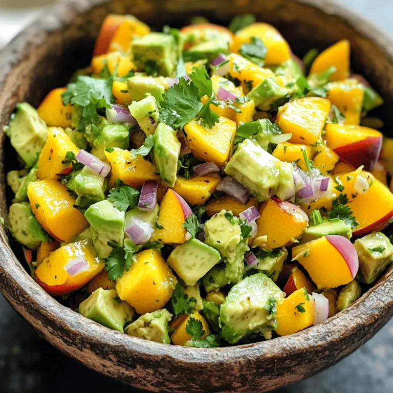 For the best peach avocado salsa, gather these fresh ingredients: - 2 ripe peaches, diced - 2 ripe avocados, peeled and diced - 1/2 medium red onion, finely chopped - 1 small jalapeño pepper, minced - 1/4 cup fresh cilantro leaves - Juice from 2 fresh limes - 1 tablespoon honey (optional) - Salt and freshly cracked black pepper Each ingredient brings its own flavor. Ripe peaches add sweetness, while avocados give creaminess. Red onion adds a sharp bite, and jalapeño provides heat. Cilantro brightens everything up, and lime juice gives freshness. Honey is optional, but it can enhance the sweetness if desired. This mix creates a vibrant salsa perfect for any occasion. When selecting your peaches, choose ones that yield slightly to pressure. They should be fragrant and free from bruises. For avocados, look for ones that are dark and firm but not rock hard. Freshness in these ingredients is key to a tasty dip. You can find the full recipe at the end of this section. Enjoy making this salsa! To make this peach avocado salsa, follow these simple steps. Each step brings you closer to a fresh and tasty dip. - Combine diced peaches and avocados Start by adding the diced peaches and avocados to a medium bowl. Use a spatula to mix them gently. Be careful not to mash the avocados. You want nice chunks for the perfect texture. - Add red onion and jalapeño Next, sprinkle in the finely chopped red onion and minced jalapeño. Mix them in lightly. This adds crunch and a little heat to the salsa. - Fold in cilantro gently Now, add the freshly chopped cilantro. Fold it into the mixture carefully. This keeps the avocados and peaches intact while adding a fresh flavor. - Squeeze lime juice and add honey Squeeze the juice from the limes over the salsa. This brightens the flavors. If you'd like a touch of sweetness, drizzle in the honey. Mix gently to coat everything evenly. - Season with salt and pepper Taste your salsa and season with salt and freshly cracked black pepper. Adjust according to your preference. Toss everything gently to combine the seasonings. - Let sit for flavor development For the best taste, let your salsa sit at room temperature for about 10 minutes. This allows the flavors to blend well together. If you want to see the full recipe, check out the [Full Recipe]. Enjoy making this vibrant, fresh dip! Choosing ripe peaches and avocados is key to a great salsa. Look for peaches that yield slightly to pressure. They should smell sweet and juicy. For avocados, pick ones that feel soft but not mushy. This ensures a creamy texture in your dip. Adjusting heat levels with jalapeño is easy. For less heat, remove the seeds and inner ribs. This part holds most of the spice. If you like it spicy, leave some seeds in. Start with a small amount and add more as needed. Enhancing sweetness with honey can balance the flavors. If your peaches aren't as sweet as you'd like, a tablespoon of honey works wonders. Mix it in gently so you don’t mash the fruit. This extra touch can make your salsa shine. Best pairings for your salsa include chips, grilled chicken, or fish. Tortilla chips add a nice crunch. For a healthy twist, serve it with grilled chicken or fish. The mild flavors of the salsa complement these dishes well. Presentation tips can help impress your guests. Serve the salsa in a rustic bowl. Top it with extra cilantro leaves for a fresh look. A colorful spread makes your table inviting and fun. You can even add lime wedges on the side for a pop of color. For the full recipe, check out the Peach Avocado Salsa section above. {{image_4}} You can get creative with your salsa by switching up ingredients. - Using mango instead of peaches: Mango adds a sweet twist. It gives a tropical flair to your salsa. Simply replace diced peaches with diced mango in equal amounts. - Adding diced bell peppers for crunch: For extra texture, you can add bell peppers. Diced red, yellow, or green peppers work well. They will add a nice crunch and color to your dish. - Incorporating garlic for additional flavor: If you love garlic, try adding a clove of minced garlic. It enhances the flavor profile and gives your salsa a savory kick. Making simple changes can fit different diets. - Making it vegan-friendly: This salsa is already vegan! Use natural sweeteners like agave instead of honey for a completely plant-based option. - Gluten-free serving options: All ingredients are gluten-free. Serve with gluten-free tortilla chips or fresh veggies. This makes it a great snack for everyone. For more details on making this delicious dip, check out the Full Recipe. To keep your peach avocado salsa fresh, place it in an airtight container. This helps prevent air exposure. It is best to refrigerate it right away. The cool temperature slows down spoilage. You can store it in the fridge for 2 to 3 days. After that, the avocados may brown and change in texture. If you notice browning, you can mix in a bit of lime juice to refresh it. Freezing salsa can be a great way to save extra. To freeze it effectively, put the salsa in a freezer-safe bag. Make sure to remove as much air as possible. This helps prevent freezer burn. You can freeze it for up to 3 months. When you want to use it, take it out and thaw in the fridge overnight. Once thawed, the texture may change slightly. It's still safe to eat and can be used in cooked dishes, like tacos or soups. For the best taste, try to use thawed salsa within a week. Peach avocado salsa shines with many dishes. It pairs wonderfully with tortilla chips, making it a great snack. You can also use it to top grilled chicken or fish for a fresh twist. It adds a burst of flavor to tacos or quesadillas too. This salsa can elevate any summer barbecue or picnic, making your meal feel bright and fun. Homemade peach avocado salsa stays fresh in the fridge for about three days. Store it in an airtight container to keep it from browning. After this time, the flavors may fade, and the texture can change. Always check for any off smells before eating. If it looks or smells funny, it’s best to toss it. Yes, you can easily adjust the spice in your salsa. If you want it milder, remove the seeds from the jalapeño. You can also skip the jalapeño entirely for a sweet salsa. For more heat, add extra minced jalapeño or even some crushed red pepper. Taste as you go to find your perfect balance. Making Peach Avocado Salsa is simple and fun. We covered fresh ingredients, step-by-step prep, and useful tips. Plus, we explored tasty variations and smart storage options. This salsa enhances any dish, from chips to seafood. Remember, you can change ingredients to match your taste. Enjoy sharing this bright, flavorful mix at your next meal. With a few tweaks, your salsa can shine every time.