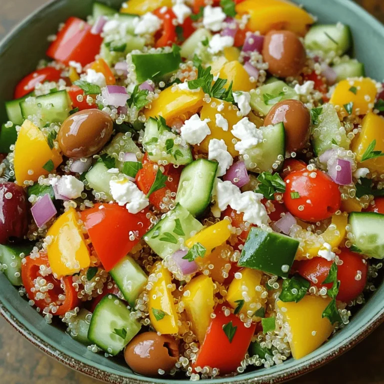 To make a fresh Mediterranean quinoa salad, gather these key ingredients: - 1 cup quinoa, thoroughly rinsed - 2 cups vegetable broth (preferably low-sodium) - 1 bell pepper (either red or yellow), finely diced - 1 medium cucumber, diced into bite-sized pieces - 1 cup cherry tomatoes, halved - 1/4 of a medium red onion, finely chopped - 1/2 cup Kalamata olives, pitted and sliced - 1/2 cup feta cheese, crumbled - 1/4 cup fresh parsley, finely chopped - 1/4 cup extra virgin olive oil - 2 tablespoons freshly squeezed lemon juice - 1 teaspoon dried oregano - Sea salt and freshly cracked black pepper to taste These ingredients blend well together. Each one adds a unique flavor. The quinoa forms the base, while the vegetables add crunch and color. Kalamata olives give it a salty twist, and feta cheese adds creaminess. You can customize your salad with these optional add-ins: - Avocado for creaminess - Grilled chicken for protein - Chickpeas for extra fiber - Spinach or arugula for leafy greens - Sun-dried tomatoes for a tangy kick These add-ins can enhance the salad's taste and texture. Feel free to experiment with what you love! This salad is a healthy choice. It is packed with nutrients. Here’s a quick look at its benefits: - Quinoa: High in protein and fiber - Vegetables: Rich in vitamins and minerals - Olive oil: A source of healthy fats - Feta cheese: Adds calcium and flavor One serving provides a balanced mix of protein, healthy fats, and carbs. Eating this salad can support your health while satisfying your taste buds. For the full recipe, check out Mediterranean Quinoa Salad Delight! To start, rinse 1 cup of quinoa under cold water. This step removes the bitter coating. Next, combine the rinsed quinoa and 2 cups of vegetable broth in a medium saucepan. Bring this mixture to a rolling boil over medium-high heat. Once boiling, reduce the heat to a gentle simmer. Cover the saucepan and let it cook for about 15 minutes. The quinoa is ready when it absorbs all the liquid and becomes fluffy. After cooking, fluff it with a fork and transfer it to a large mixing bowl. Let it cool for a few minutes. While the quinoa cools, prepare the vegetables. Dice 1 bell pepper and 1 medium cucumber. Halve 1 cup of cherry tomatoes. Finely chop 1/4 of a medium red onion, and slice 1/2 cup of Kalamata olives. In the same large bowl with the quinoa, add all these diced vegetables along with 1/2 cup of crumbled feta cheese. Gently stir to mix everything together. For the dressing, take a separate small bowl. Whisk together 1/4 cup of extra virgin olive oil, 2 tablespoons of freshly squeezed lemon juice, and 1 teaspoon of dried oregano. Add sea salt and freshly cracked black pepper to taste. Whisk until the dressing is well combined and emulsified. Pour the dressing over the quinoa and vegetable mixture. Toss everything together until the quinoa and veggies are well coated with the dressing. Finally, fold in 1/4 cup of finely chopped fresh parsley. Be careful not to break the feta or overcrowd the grains. Cover the bowl and let the salad sit at room temperature for at least 30 minutes. This time helps the flavors blend beautifully. For the full recipe, check out the Mediterranean Quinoa Salad Delight. To cook quinoa, rinse it well in cold water. This removes bitterness. Use a ratio of 1 part quinoa to 2 parts vegetable broth. Boil the mixture, then reduce the heat to simmer. Cover and cook for about 15 minutes. When done, fluff it gently with a fork. Let it cool before mixing it with other ingredients. To boost flavors, add fresh herbs like basil or mint. You can also toss in some garlic or lemon zest for a zing. Experiment with different olives or cheese types. Each will give a unique twist. Don't forget to season with salt and pepper to taste. Serve the salad in a large bowl for sharing. For individual servings, use small plates. Garnish with lemon wedges and extra parsley for color. A drizzle of olive oil on top adds shine and flavor. You can also pair it with grilled chicken or fish for a complete meal. Find the full recipe in the article to enjoy a fresh and tasty meal. {{image_4}} You can easily boost the protein in your Mediterranean quinoa salad. Adding cooked chicken gives a hearty touch. Simply grill or roast chicken breasts, then slice them up and mix them in. If you prefer a meatless option, chickpeas work great. Use canned chickpeas for quick prep. Rinse and drain them before adding. While the olive oil and lemon dressing is tasty, you can try other dressings too. A balsamic vinaigrette adds a sweet tang. For a creamy twist, mix Greek yogurt with lemon juice and herbs. This will make the salad richer and even more satisfying. Swap in seasonal veggies for fresh flavor. In the spring, add sweet peas or asparagus. In summer, try zucchini or fresh corn. Autumn brings squash or roasted root vegetables. Winter is great for kale or Brussels sprouts. These swaps keep your salad exciting and varied all year round. Feel free to check the Full Recipe for more details! After enjoying your Mediterranean quinoa salad, store leftovers in the fridge. Place the salad in a bowl and cover it tightly with plastic wrap or a lid. This helps keep the salad fresh and tasty. If you want to save some for later, portion it out into meal prep containers. When storing your salad, use airtight containers. Glass containers work great because they don't stain or retain odors. If you prefer plastic, choose BPA-free containers. Ensure they are deep enough to hold the salad without squishing it. If you have a dressing, keep it separate until you are ready to eat to avoid sogginess. Your Mediterranean quinoa salad will last in the fridge for about 3 to 5 days. If you notice any change in smell or color, it’s best to toss it out. Reheating is not recommended for salads with fresh veggies. Instead, enjoy the salad cold or at room temperature. If you want to warm it up, heat the quinoa-only portion in a microwave for about 30 seconds, but avoid reheating the veggies and feta. For the full recipe, check [Full Recipe]. Quinoa is a tiny seed rich in protein, fiber, and vitamins. It is gluten-free and very nutritious. It helps in building muscles and keeps you full longer. Quinoa contains all nine essential amino acids, making it a complete protein. This is great for vegans and vegetarians. It also has antioxidants that help fight inflammation. Eating quinoa may support heart health and improve digestion. Yes, you can make this salad ahead of time. It tastes even better after sitting for a few hours. Just keep it in the fridge for up to three days. The flavors meld together nicely. If you add the dressing later, it stays fresh longer. Just remember to mix it before serving to spread the flavors. To make this salad vegan, skip the feta cheese. You can use avocado instead for creaminess. You can also add extra olives or nuts for texture. The dressing is already vegan with olive oil and lemon juice. This way, you keep it tasty without any animal products. This salad pairs well with many dishes. You can serve it with grilled chicken or fish for protein. It also goes nicely with roasted vegetables or hummus. For a lighter meal, enjoy it with pita bread. This salad is great as a side or a main dish. The Mediterranean quinoa salad is a tasty and healthy dish. We covered key ingredients, from quinoa and fresh veggies to possible add-ins. I shared easy steps for preparing the salad and tips for cooking quinoa just right. You learned about variations and how to store leftovers properly. Remember, this salad is very flexible; you can change the protein and dressing as you like. Enjoy this dish for its flavor and nutrition. It’s simple, refreshing, and great for any meal!