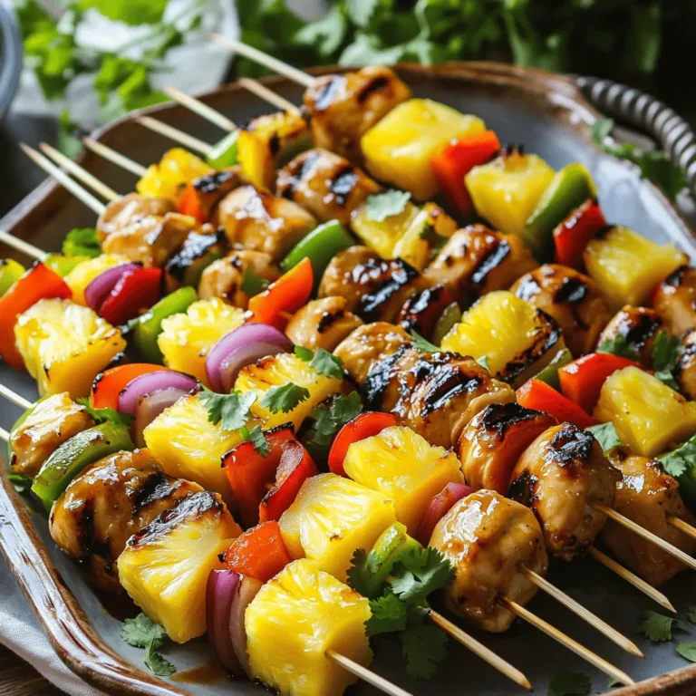 - 1 lb chicken breast, cut into 1-inch cubes - 1 cup fresh pineapple chunks - 1 red bell pepper, cut into 1-inch squares - 1 green bell pepper, cut into 1-inch squares - 1 small red onion, cut into 1-inch squares - 3 tablespoons soy sauce - 2 tablespoons honey - 1 tablespoon olive oil - 2 cloves garlic, minced - 1 teaspoon fresh ginger, grated - Salt and pepper to taste - Skewers (soaked in water if using wooden ones) To make Grilled Pineapple Chicken Skewers, you need fresh, high-quality ingredients. I like to start with chicken breast because it cooks quickly and stays juicy. The pineapple adds a sweet touch that pairs well with the savory chicken. When I prepare the veggies, I cut them into 1-inch squares. This size helps them cook evenly on the grill. The red and green bell peppers add color and crunch, while the onion gives a nice flavor boost. The marinade is key to making these skewers tasty. I mix soy sauce, honey, olive oil, minced garlic, and grated ginger. This blend gives a sweet and savory kick. The salt and pepper help to bring out all the flavors. I always soak wooden skewers in water to prevent burning. This small step helps keep everything on the skewer intact while grilling. If you want the full recipe, it’s all laid out for you! Just follow those steps, and you'll have delicious skewers ready to enjoy. Combine soy sauce, honey, olive oil, garlic, ginger, salt, and pepper. Whisk thoroughly to blend and create a marinade. This step is key for deep flavor. The mix of sweet and salty makes the chicken shine. Add cubed chicken and ensure it’s coated in marinade. This helps the chicken absorb all the good flavors. Cover and refrigerate for a minimum of 30 minutes to 2 hours. The longer it sits, the better it tastes. Thread chicken, pineapple, bell peppers, and onion onto the skewers. Mix the colors and flavors for a fun look. Each bite should have a bit of everything. Make sure to not pack them too tightly. This helps them cook evenly. Preheat the grill to medium-high heat and prepare the grates. A hot grill gives the best sear. Grill skewers for approximately 12-15 minutes, turning occasionally. This helps cook the chicken evenly and gives it nice grill marks. Brush with leftover marinade in the final minutes for added flavor. This keeps the chicken juicy and adds a glaze. Enjoy the aroma as they cook! - Marinate chicken for longer for deeper flavor infusion. A good rule is at least 30 minutes. - Experiment with different herbs or spices in the marinade. This will add unique tastes to your skewers. - Preheat the grill properly to prevent sticking. A hot grill gives nice grill marks and locks in juices. - Use a meat thermometer to check the internal temperature (165°F). This ensures your chicken is safe to eat. - Garnish skewers with fresh herbs and additional pineapple chunks. This makes your dish look vibrant and fresh. - Serve with a dipping sauce or side salad for a complete meal. A sweet sauce can balance the savory chicken. For the full experience, try the Full Recipe! {{image_4}} You can make these skewers fit your diet easily. Want a vegetarian option? Use tofu! It soaks up the marinade well. If you prefer seafood, shrimp is a great choice too. For a healthier version, swap regular soy sauce for low-sodium soy sauce. This change cuts down on salt without losing flavor. Let’s spice things up! Add chili flakes for a spicy kick. This will warm your taste buds and make each bite exciting. You can also switch up the fruits. Try mango for a sweet twist or zucchini for a fresh crunch. Each fruit brings a new flavor profile, making your skewers unique every time. How you serve these skewers matters! Place them over a bed of rice or quinoa. This not only looks good but also adds a nice base to your meal. Use colorful plates to enhance the tropical theme. A bright platter can make your dish pop and impress your guests. For more details on making these skewers, check the Full Recipe. Store your cooked skewers in an airtight container. They will stay fresh for up to 3 days. This is a great way to enjoy leftovers. You can easily reheat them for a quick meal. You can freeze uncooked marinated chicken and veggies together. Just put them in a freezer-safe bag. They will last for up to 2 months. This makes meal prep simple and quick. When you are ready to cook, just thaw them in the fridge overnight. Reheat your skewers in the oven or on the grill. The oven keeps them warm without drying them out. If you use the grill, it helps to maintain the texture. Just make sure they are heated through. Enjoy the juicy flavors again! For the full recipe, refer back to the main guide. Chicken can be marinated for a minimum of 30 minutes and up to 2 hours for best flavor. This allows the chicken to soak up all the tasty flavors from the marinade. If you have time, longer marinating makes the chicken even more juicy and flavorful. Yes, cook the skewers on a baking sheet at 400°F for 15-20 minutes. This method works well if you can't grill outside. Just make sure to turn the skewers halfway through for even cooking. Cut vegetables into uniform 1-inch pieces for even cooking. This helps all the veggies cook at the same rate. If some pieces are bigger, they may not cook through. Yes, assemble them ahead and store them in the refrigerator until ready to grill. You can prep them earlier in the day and just pop them on the grill when you’re ready for dinner. These skewers pair well with rice, salad, or grilled vegetables. The fresh flavors match nicely with a light side. If you want a complete meal, add some dipping sauce for extra taste. For the full recipe, check out the earlier section. In this post, we covered how to make delightful Grilled Pineapple Chicken Skewers. We discussed essential ingredients, from chicken and pineapple to the marinade, and outlined easy cooking steps. I also shared tips for grilling, serving suggestions, and storage info. With these insights, you can create a tasty meal that impresses anyone. Enjoy experimenting with flavors and variations to make it your own!