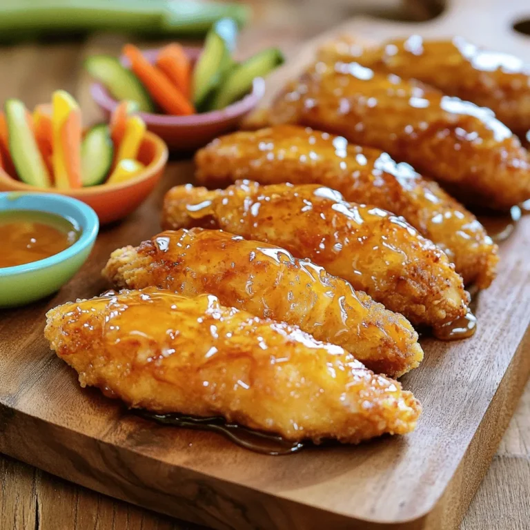 To make the best homemade chicken tenders, you need a few key items. These ingredients work together to create a tasty meal. - 1 pound boneless, skinless chicken breasts, cut into uniform strips - 1 cup buttermilk - 1 tablespoon hot sauce (adjust based on preferred spice level) - 1 cup all-purpose flour - 1 teaspoon paprika - 1 teaspoon garlic powder - 1 teaspoon onion powder - 1 teaspoon salt - 1/2 teaspoon black pepper - 1/2 teaspoon cayenne pepper (optional for extra heat) - 1 cup panko breadcrumbs - 1/4 cup honey - 2 tablespoons soy sauce - 1 teaspoon sesame oil - Vegetable oil (for frying) These ingredients give the chicken its flavor and crunch. The buttermilk helps tenderize the chicken, making it juicy. You can add more flavors to your chicken tenders. Here are some optional ingredients you might like: - Fresh herbs like thyme or rosemary for extra aroma - Lemon zest for a zesty kick - Parmesan cheese in the breadcrumb mix for a cheesy twist Feel free to get creative! These options can enhance the taste of your tenders. Having the right tools makes cooking easier. Here’s what you need for this recipe: - Large mixing bowl for marinating - Three separate bowls for coating the chicken - Whisk to mix dry ingredients - Large skillet for frying - Paper towels for draining excess oil Using these tools helps keep things organized. You’ll have a smooth cooking experience with everything in place. For the full recipe, check the section above! Start by mixing the buttermilk and hot sauce in a large bowl. This mixture adds flavor and helps the chicken stay moist. Cut your chicken breasts into uniform strips. Make sure they are all about the same size. This helps them cook evenly. Place the chicken strips in the buttermilk mix. Cover the bowl with plastic wrap. Let it marinate in the fridge for at least one hour. For the best taste, let it sit overnight. Prepare three bowls for the coating. In the first bowl, mix flour, paprika, garlic powder, onion powder, salt, black pepper, and cayenne pepper. Whisk it until it is blended well. In the second bowl, keep the panko breadcrumbs. After marinating, take the chicken out of the fridge. First, coat each strip in the flour mix. Shake off the extra flour. Next, dip the chicken back into the buttermilk. Let any extra liquid drip off. Finally, roll the chicken in the panko breadcrumbs, pressing gently to help it stick. You can cook your chicken tenders in three ways. Frying is the most common. Heat about half an inch of vegetable oil in a skillet over medium heat. To check if the oil is hot enough, drop in a small piece of bread. It should sizzle. Cook the chicken tenders in batches. Fry each side for about 3 to 5 minutes. They should be golden brown and cooked through. If you prefer baking, preheat your oven to 400°F (200°C). Line a baking sheet with parchment paper. Place the coated chicken tenders on the sheet. Spray them lightly with cooking spray. Bake for about 15 to 20 minutes, flipping halfway through. For air frying, preheat your air fryer to 400°F (200°C). Arrange the chicken tenders in a single layer in the basket. Cook for 10 to 12 minutes, shaking halfway through. Each method yields crispy, tasty chicken tenders. Enjoy them with the honey glaze from the full recipe for a sweet touch! To get that perfect crunch, start by marinating your chicken. Soak it in buttermilk and hot sauce. This step keeps the meat juicy and adds flavor. After marinating, coat the chicken well. Use seasoned flour first, then dip it back in buttermilk, and finally cover with panko breadcrumbs. The panko gives a light and airy crunch that is hard to beat. Fry them in hot oil, but do not crowd the pan. This ensures even cooking and crispiness all around. If you have leftovers, store them in an airtight container. They can last for up to three days in the fridge. To reheat, place the tenders in an oven at 375°F (190°C) for about 10-15 minutes. This method keeps them crispy. If you microwave them, you may lose that crunch. You can also freeze the cooked tenders. Just wrap them tightly and they will stay good for up to three months. These chicken tenders shine when served with dipping sauces. I recommend honey glaze for a sweet touch. You can also serve them with ranch, barbecue sauce, or even spicy mustard. For a fun twist, pair them with fresh veggie sticks like carrots or celery. Arrange the tenders on a wooden board for a rustic look. This makes your meal not just tasty, but also beautiful to serve. For a full recipe, check out the crispy honey-glazed chicken tenders above. {{image_4}} You can change the flavor of your chicken tenders with different seasonings. Try adding Italian herbs like oregano and basil for a fresh taste. Use cumin and chili powder for a smoky, southwestern twist. You can even mix in some lemon zest for brightness. Experimenting with spices keeps things fun and tasty. For a gluten-free option, replace all-purpose flour with almond flour or chickpea flour. These flours provide a crunchy texture, just like regular flour. Use gluten-free breadcrumbs instead of panko to maintain that crispy bite. Always check labels to ensure you’re using certified gluten-free products. Serving your chicken tenders with dips makes them even better. Classic options include honey mustard, ranch, or BBQ sauce. For a twist, try a spicy sriracha mayo or a zesty avocado dip. Fresh veggies like carrot sticks or celery add crunch and color to your plate. These dips and sides will elevate your meal and impress your guests. For the full recipe, check out the detailed steps above. After enjoying your chicken tenders, store any leftovers right away. Place them in an airtight container. This helps keep them fresh. You can store them in the fridge for up to three days. Make sure to let them cool before sealing. To freeze your chicken tenders, let them cool completely first. Then, arrange them in a single layer on a baking sheet. Freeze them for about one hour until they are firm. After that, transfer the tenders to a freezer-safe bag. Squeeze out any air before sealing. You can freeze them for up to three months. To keep chicken tenders fresh, avoid stacking them too tightly. Use parchment paper between layers if needed. Always store them in a cool, dark place. When reheating, use an oven for the best texture. This method helps restore their crispiness. For best results, reheat at 375°F until warm. For the full recipe, check out the crispy honey-glazed chicken tenders. To make chicken tenders gluten-free, you can swap out the all-purpose flour. Use gluten-free flour or cornstarch instead. For the breadcrumbs, choose gluten-free panko or crush gluten-free crackers. Follow the same steps as in the Full Recipe, and you'll have delicious, crispy chicken tenders that everyone can enjoy! Yes, you can bake homemade chicken tenders! Preheat your oven to 400°F (200°C). After coating the chicken, place it on a baking sheet lined with parchment paper. Spray the tenders lightly with cooking spray to promote crispiness. Bake for 15-20 minutes, flipping halfway, until they are golden and fully cooked. This method is healthier and still tasty! The best way to reheat leftover chicken tenders is in the oven. Preheat your oven to 375°F (190°C). Place the tenders on a baking sheet and cover them loosely with foil. Heat for about 10-15 minutes until they are warm. This keeps them crispy and prevents them from getting soggy. Enjoy your tasty leftovers! You can make tasty homemade chicken tenders by combining key ingredients, cooking methods, and storage tips. Start with the right chicken and seasonings, and choose your cooking method. Don’t forget the tips for achieving a crispy texture and the many ways to serve and dip. Experiment with seasonings and coatings to suit your taste. With the right knowledge, you can enjoy delicious chicken tenders any time. Now, go ahead and try these steps to impress your family and friends!