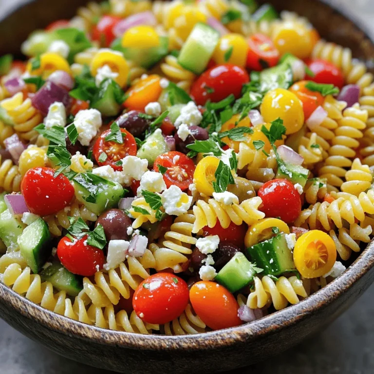 - 8 oz (about 225g) rotini or penne pasta - 1 cup cherry tomatoes, halved - 1 cucumber, finely diced - 1/2 red onion, finely chopped - 1 bell pepper (any color), diced into small pieces - 1 cup Kalamata olives, pitted and sliced in half - 1 cup feta cheese, crumbled into bite-sized pieces - 1/4 cup fresh parsley, roughly chopped - 1/4 cup high-quality olive oil - 2 tablespoons red wine vinegar (optional for flavor) - 1 tablespoon freshly squeezed lemon juice - 1 teaspoon dried oregano - Sea salt and freshly cracked black pepper to taste You can make this salad your own. Try adding: - Grilled chicken or shrimp for protein - Artichoke hearts for extra flavor - Sun-dried tomatoes for a sweeter touch - Avocado for creaminess - Different herbs like mint or dill for freshness Fresh ingredients shine in this salad. Here’s how to pick the best: - Choose firm, bright cherry tomatoes. They should smell sweet. - Look for a cucumber with smooth skin. It should feel heavy for its size. - Pick bell peppers that are shiny and firm. Avoid any with soft spots. - For olives, select Kalamata that are dark and plump. - Get feta cheese that is crumbly and moist, not dry. Using fresh ingredients elevates the flavor and makes your Easy Greek Pasta Salad a true delight. For the full recipe, check out the Mediterranean Delight Pasta Salad 🥗! Start by boiling a large pot of salted water. This step is key to flavor. Add 8 oz of rotini or penne pasta. Cook it according to the package directions until it is al dente. This should take about 8-10 minutes. Once the pasta is cooked, drain it well. Rinse the pasta under cold water to stop the cooking and cool it down. This keeps the texture just right. In a large mixing bowl, add the cooled pasta. Next, toss in 1 cup of halved cherry tomatoes, 1 diced cucumber, and 1/2 finely chopped red onion. Don’t forget 1 diced bell pepper, which adds color and crunch. Add 1 cup of Kalamata olives that you’ve pitted and sliced. Finally, sprinkle in 1/4 cup of roughly chopped fresh parsley. Mix everything well to combine the flavors. In a small bowl, whisk together the dressing. Use 1/4 cup of high-quality olive oil. Add 2 tablespoons of red wine vinegar or fresh lemon juice if you prefer a brighter taste. Squeeze in 1 tablespoon of lemon juice for extra zest. Mix in 1 teaspoon of dried oregano. Season with sea salt and freshly cracked black pepper to taste. Whisk until the ingredients blend into a smooth dressing. Drizzle the dressing over the pasta and vegetable mix. Toss gently to coat all the ingredients well with the dressing. This step is crucial for flavor. Now, softly fold in the crumbled feta cheese. Be careful not to break the cheese too much; you want those nice chunks. For the best flavor, cover the salad with plastic wrap. Place it in the refrigerator for at least 20 minutes. This waiting period allows the flavors to blend beautifully. After chilling, taste the salad. Adjust the seasoning with more salt, pepper, or lemon juice if needed. Enjoy making this Easy Greek Pasta Salad! For the Full Recipe, check the link. To make the best Greek pasta salad, start with the right pasta. Use rotini or penne, as they hold the dressing well. Cook the pasta just right. It should be al dente, so it stays firm. Rinse it under cold water after cooking. This step cools the pasta and stops it from cooking more. Next, chop your veggies evenly. This way, each bite has a bit of everything. Fresh ingredients bring the best flavor. Use ripe cherry tomatoes and a crisp cucumber. Kalamata olives add a nice briny touch. Don’t forget the feta cheese! It should be crumbly but not too small. Many people overcook the pasta. This makes it mushy and not enjoyable. Also, don’t skip the rinsing step. It keeps the pasta from sticking together. Another mistake is not seasoning enough. Taste your salad after mixing. You might need more salt, pepper, or lemon juice. Always adjust to make it perfect for your palate. Lastly, let your salad chill before serving. This step allows the flavors to blend and deepen. A quick chill of at least 20 minutes works wonders. For more flavor, try adding fresh herbs. Basil or dill can brighten the dish. If you like heat, add a pinch of red pepper flakes. This gives your salad a nice kick. Experiment with your dressing too! Swap red wine vinegar for lemon juice for a brighter taste. A splash of balsamic vinegar can also add depth. Lastly, if you want a creamier salad, mix in some Greek yogurt. It adds richness without overpowering other flavors. For the full recipe, check out the Mediterranean Delight Pasta Salad. Enjoy making this simple and colorful dish! {{image_4}} You can easily add proteins to your Easy Greek Pasta Salad. Grilled chicken or canned tuna are great choices. They boost the dish's nutrition and make it more filling. For chicken, use cooked, diced pieces. For tuna, just drain and flake it. Mix your chosen protein right into the salad for a complete meal. Feel free to switch up the veggies in your pasta salad. Different colors and flavors keep it exciting. Try adding artichoke hearts, sun-dried tomatoes, or roasted red peppers. You can also use zucchini or spinach for a fresh twist. Just chop them into small pieces and mix them in. If you want a vegan version, swap feta cheese for a plant-based alternative. Nutritional yeast can also add a cheesy flavor without dairy. For gluten-free options, use gluten-free pasta. There are many types available now. This way, you can enjoy the salad without worry. Check labels to ensure all ingredients meet your dietary needs. Find the full recipe at [Full Recipe]. To keep your Easy Greek Pasta Salad fresh, store it in an airtight container. This helps prevent air and moisture from spoiling your salad. If you have leftovers, make sure to cool the salad before sealing it. This keeps the flavors intact and avoids sogginess. You can also separate the dressing if you want to keep the salad crisp for longer. This salad tastes best cold, so there’s no need to reheat it. If you find the pasta has absorbed the dressing, add a splash of olive oil or lemon juice. Toss it gently to revive the flavors. If you stored the salad in the fridge, let it sit at room temperature for about 10 minutes before serving. This will enhance the taste and texture. Your Easy Greek Pasta Salad can last about 3 to 5 days in the fridge. Always check for any signs of spoilage. Look for changes in color or texture. If you notice any off smells, discard it. Trust your senses; if something seems off, it’s better to be safe. Enjoy your salad while it's fresh for the best taste! You can store Easy Greek Pasta Salad in the fridge for about 3 to 5 days. Keep it in a sealed container to keep it fresh. If you see any signs of spoilage, like an off smell or discoloration, it's best to toss it out. Yes, you can make this salad ahead of time! In fact, it tastes better after sitting for a while. The flavors meld together nicely. I recommend making it a few hours in advance or even the night before. Just remember to add the feta cheese right before serving to keep it fresh. Greek Pasta Salad pairs well with various dishes. You can serve it alongside grilled chicken, lamb, or fish. It also works great as a side for burgers or sandwiches. If you're having a picnic, it's perfect with some crusty bread and hummus. Yes, you can substitute feta cheese if you prefer. Try using goat cheese or ricotta for a different flavor. For a dairy-free option, you can use a plant-based cheese. Just keep in mind that the taste will change slightly, but the salad will still be delicious! This blog post covers how to make Easy Greek Pasta Salad. We discussed essential ingredients and tips for freshness. You learned steps to prepare the salad, mix the ingredients, and make the dressing. We highlighted ways to enhance flavors and avoid common mistakes. Plus, you can try various protein and veggie options. Finally, you got storage tips to keep the salad fresh. Enjoy making this salad for your next meal or gathering! It’s simple, tasty, and fun to customize.