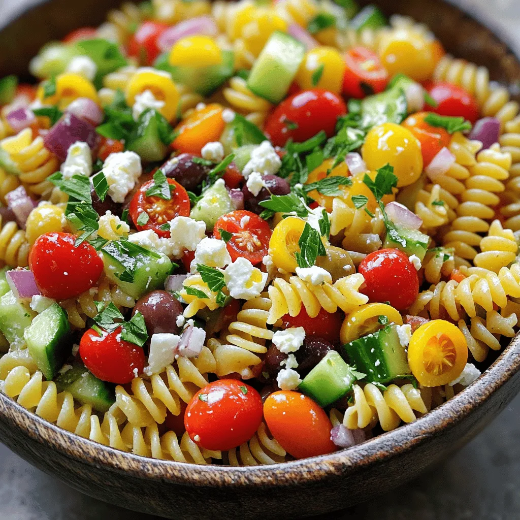 - 8 oz (about 225g) rotini or penne pasta - 1 cup cherry tomatoes, halved - 1 cucumber, finely diced - 1/2 red onion, finely chopped - 1 bell pepper (any color), diced into small pieces - 1 cup Kalamata olives, pitted and sliced in half - 1 cup feta cheese, crumbled into bite-sized pieces - 1/4 cup fresh parsley, roughly chopped - 1/4 cup high-quality olive oil - 2 tablespoons red wine vinegar (optional for flavor) - 1 tablespoon freshly squeezed lemon juice - 1 teaspoon dried oregano - Sea salt and freshly cracked black pepper to taste You can make this salad your own. Try adding: - Grilled chicken or shrimp for protein - Artichoke hearts for extra flavor - Sun-dried tomatoes for a sweeter touch - Avocado for creaminess - Different herbs like mint or dill for freshness Fresh ingredients shine in this salad. Here’s how to pick the best: - Choose firm, bright cherry tomatoes. They should smell sweet. - Look for a cucumber with smooth skin. It should feel heavy for its size. - Pick bell peppers that are shiny and firm. Avoid any with soft spots. - For olives, select Kalamata that are dark and plump. - Get feta cheese that is crumbly and moist, not dry. Using fresh ingredients elevates the flavor and makes your Easy Greek Pasta Salad a true delight. For the full recipe, check out the Mediterranean Delight Pasta Salad 🥗! Start by boiling a large pot of salted water. This step is key to flavor. Add 8 oz of rotini or penne pasta. Cook it according to the package directions until it is al dente. This should take about 8-10 minutes. Once the pasta is cooked, drain it well. Rinse the pasta under cold water to stop the cooking and cool it down. This keeps the texture just right. In a large mixing bowl, add the cooled pasta. Next, toss in 1 cup of halved cherry tomatoes, 1 diced cucumber, and 1/2 finely chopped red onion. Don’t forget 1 diced bell pepper, which adds color and crunch. Add 1 cup of Kalamata olives that you’ve pitted and sliced. Finally, sprinkle in 1/4 cup of roughly chopped fresh parsley. Mix everything well to combine the flavors. In a small bowl, whisk together the dressing. Use 1/4 cup of high-quality olive oil. Add 2 tablespoons of red wine vinegar or fresh lemon juice if you prefer a brighter taste. Squeeze in 1 tablespoon of lemon juice for extra zest. Mix in 1 teaspoon of dried oregano. Season with sea salt and freshly cracked black pepper to taste. Whisk until the ingredients blend into a smooth dressing. Drizzle the dressing over the pasta and vegetable mix. Toss gently to coat all the ingredients well with the dressing. This step is crucial for flavor. Now, softly fold in the crumbled feta cheese. Be careful not to break the cheese too much; you want those nice chunks. For the best flavor, cover the salad with plastic wrap. Place it in the refrigerator for at least 20 minutes. This waiting period allows the flavors to blend beautifully. After chilling, taste the salad. Adjust the seasoning with more salt, pepper, or lemon juice if needed. Enjoy making this Easy Greek Pasta Salad! For the Full Recipe, check the link. To make the best Greek pasta salad, start with the right pasta. Use rotini or penne, as they hold the dressing well. Cook the pasta just right. It should be al dente, so it stays firm. Rinse it under cold water after cooking. This step cools the pasta and stops it from cooking more. Next, chop your veggies evenly. This way, each bite has a bit of everything. Fresh ingredients bring the best flavor. Use ripe cherry tomatoes and a crisp cucumber. Kalamata olives add a nice briny touch. Don’t forget the feta cheese! It should be crumbly but not too small. Many people overcook the pasta. This makes it mushy and not enjoyable. Also, don’t skip the rinsing step. It keeps the pasta from sticking together. Another mistake is not seasoning enough. Taste your salad after mixing. You might need more salt, pepper, or lemon juice. Always adjust to make it perfect for your palate. Lastly, let your salad chill before serving. This step allows the flavors to blend and deepen. A quick chill of at least 20 minutes works wonders. For more flavor, try adding fresh herbs. Basil or dill can brighten the dish. If you like heat, add a pinch of red pepper flakes. This gives your salad a nice kick. Experiment with your dressing too! Swap red wine vinegar for lemon juice for a brighter taste. A splash of balsamic vinegar can also add depth. Lastly, if you want a creamier salad, mix in some Greek yogurt. It adds richness without overpowering other flavors. For the full recipe, check out the Mediterranean Delight Pasta Salad. Enjoy making this simple and colorful dish! {{image_4}} You can easily add proteins to your Easy Greek Pasta Salad. Grilled chicken or canned tuna are great choices. They boost the dish's nutrition and make it more filling. For chicken, use cooked, diced pieces. For tuna, just drain and flake it. Mix your chosen protein right into the salad for a complete meal. Feel free to switch up the veggies in your pasta salad. Different colors and flavors keep it exciting. Try adding artichoke hearts, sun-dried tomatoes, or roasted red peppers. You can also use zucchini or spinach for a fresh twist. Just chop them into small pieces and mix them in. If you want a vegan version, swap feta cheese for a plant-based alternative. Nutritional yeast can also add a cheesy flavor without dairy. For gluten-free options, use gluten-free pasta. There are many types available now. This way, you can enjoy the salad without worry. Check labels to ensure all ingredients meet your dietary needs. Find the full recipe at [Full Recipe]. To keep your Easy Greek Pasta Salad fresh, store it in an airtight container. This helps prevent air and moisture from spoiling your salad. If you have leftovers, make sure to cool the salad before sealing it. This keeps the flavors intact and avoids sogginess. You can also separate the dressing if you want to keep the salad crisp for longer. This salad tastes best cold, so there’s no need to reheat it. If you find the pasta has absorbed the dressing, add a splash of olive oil or lemon juice. Toss it gently to revive the flavors. If you stored the salad in the fridge, let it sit at room temperature for about 10 minutes before serving. This will enhance the taste and texture. Your Easy Greek Pasta Salad can last about 3 to 5 days in the fridge. Always check for any signs of spoilage. Look for changes in color or texture. If you notice any off smells, discard it. Trust your senses; if something seems off, it’s better to be safe. Enjoy your salad while it's fresh for the best taste! You can store Easy Greek Pasta Salad in the fridge for about 3 to 5 days. Keep it in a sealed container to keep it fresh. If you see any signs of spoilage, like an off smell or discoloration, it's best to toss it out. Yes, you can make this salad ahead of time! In fact, it tastes better after sitting for a while. The flavors meld together nicely. I recommend making it a few hours in advance or even the night before. Just remember to add the feta cheese right before serving to keep it fresh. Greek Pasta Salad pairs well with various dishes. You can serve it alongside grilled chicken, lamb, or fish. It also works great as a side for burgers or sandwiches. If you're having a picnic, it's perfect with some crusty bread and hummus. Yes, you can substitute feta cheese if you prefer. Try using goat cheese or ricotta for a different flavor. For a dairy-free option, you can use a plant-based cheese. Just keep in mind that the taste will change slightly, but the salad will still be delicious! This blog post covers how to make Easy Greek Pasta Salad. We discussed essential ingredients and tips for freshness. You learned steps to prepare the salad, mix the ingredients, and make the dressing. We highlighted ways to enhance flavors and avoid common mistakes. Plus, you can try various protein and veggie options. Finally, you got storage tips to keep the salad fresh. Enjoy making this salad for your next meal or gathering! It’s simple, tasty, and fun to customize.