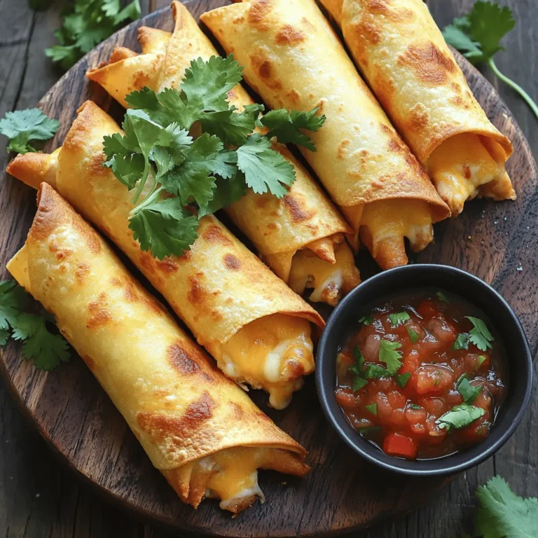 To make oven baked chicken taquitos, you need some key ingredients. Here’s what you will use: - 2 cups cooked chicken, shredded - 1 cup cream cheese, softened to room temperature - 1 cup shredded cheddar cheese - 1 teaspoon taco seasoning - 1/2 teaspoon garlic powder - 1/2 teaspoon onion powder - 10 small corn tortillas - Cooking spray These items create a tasty filling that holds together well. Want to spice things up? Here are some great add-ins: - Black beans for extra protein - Diced peppers for crunch - Corn for sweetness - Jalapeños for heat Mix any of these into the filling to suit your taste. They help add texture and depth. Garnishes can elevate your dish. Consider these options: - Fresh cilantro, finely chopped - Sour cream for creaminess - Avocado slices for richness - Salsa for a zesty kick These garnishes not only look good but also bring extra flavor. You can customize your taquitos with these toppings. For the full recipe, check out the link above. First, set your oven to 400°F (200°C). Preheating makes a big difference. It helps the taquitos cook evenly and get that nice crunch. While the oven heats, you can prepare your filling. This will save you time. In a big bowl, combine the shredded chicken, cream cheese, and cheddar cheese. Add the taco seasoning, garlic powder, and onion powder. Mix it all well with a fork or spatula. You want a smooth filling that tastes great. This chicken mixture is the heart of your taquitos. It gives them flavor and creaminess. To make rolling easier, warm the corn tortillas. Wrap them in a damp paper towel and microwave for about 30 seconds. Take one tortilla and place about 2 tablespoons of the chicken filling on one edge. Roll it up tightly, tucking in the sides. Place the rolled taquito seam-side down on a baking sheet lined with parchment paper. Repeat this with all the tortillas. Once done, spray them lightly with cooking spray. This helps achieve that golden crisp. Bake for 20-25 minutes until they are nicely browned. Keep an eye on them for the perfect crunch! For the full recipe, refer back to the ingredients and instructions. To make crispy taquitos, start with warm tortillas. Warming makes them flexible. Roll them tightly to keep the filling secure. Use cooking spray before baking. This helps them crisp up nicely. Bake at 400°F for 20-25 minutes. Check for a golden color. If they are not crispy enough, leave them in for a few more minutes. One common mistake is overfilling the tortillas. Too much filling makes them hard to roll and can cause a mess. Another mistake is not warming the tortillas. Cold tortillas break easily, leading to spills. Finally, don’t skip the cooking spray. It is key for crispiness. You can boost the flavor of your taquitos easily. Add fresh lime juice to the filling for a bright taste. Chopped jalapeños can add heat. Try mixing in black beans for texture. Pair your taquitos with zesty salsa or sour cream. Fresh cilantro on top adds color and flavor. To see the full recipe, check out the detailed instructions available. {{image_4}} You can easily make tasty vegetarian taquitos. Instead of chicken, use black beans or lentils. Both options add protein and fiber. Mix these with cream cheese and cheese for creaminess. For extra flavor, add spices like cumin or paprika. Don’t forget to include veggies! Chopped bell peppers or spinach work great. You can switch the chicken for other proteins. Ground turkey or beef are good choices. For a lighter option, try shredded turkey or fish. Each protein brings a unique taste. Season them with taco seasoning for the best flavor. Always cook the protein fully before mixing it into your filling. Salsa adds zest to your taquitos. You can make your own or buy it. Consider a mango salsa for sweetness or a tomatillo salsa for tang. If you love heat, add jalapeños to your salsa. For a creamy dip, mix sour cream with lime juice and cilantro. This gives a cool contrast to the crispy taquitos. Explore different flavors to find your favorite! For the full recipe, check out the complete instructions above. To store leftover taquitos, let them cool first. Place them in an airtight container. Keep the container in the fridge. They will stay fresh for about 3 days. If you plan to eat them later, consider freezing them. To reheat taquitos, use your oven for the best crisp. Preheat your oven to 375°F (190°C). Place the taquitos on a baking sheet. Bake for about 10 to 15 minutes or until hot. This keeps them crispy and tasty. You can use a microwave, but they may turn soft. To freeze taquitos, start by cooling them completely. Wrap each taquito in plastic wrap. Place them in a freezer-safe bag or container. They can last up to 3 months in the freezer. When ready to eat, bake them straight from the freezer. Enjoy the freshness of your oven baked chicken taquitos anytime! For the full recipe, check the earlier section. Yes, you can use store-bought rotisserie chicken. It saves time and adds great flavor. Just shred the chicken and mix it with the cream cheese and cheese. This makes your taquitos quick and easy to prepare. The best way to warm the tortillas is to use a microwave. Wrap them in a damp paper towel and heat them for about 30 seconds. This method makes the tortillas soft and easy to roll. You can also heat them in a dry skillet for a few seconds on each side. Both methods work well. To make these taquitos spicy, you can add jalapeños or diced green chilies to the filling. You can also mix in some hot sauce or chili powder. Adjust the heat to your taste. This lets you create a dish that has the right kick for you and your family. For more details on how to make this tasty dish, check out the Full Recipe. In summary, this guide shared how to make delicious oven-baked chicken taquitos. We covered essential ingredients, step-by-step cooking methods, and important tips to ensure crispy results. You learned about variations, storage, and answered common questions. Enjoying homemade taquitos is easy and fun for everyone. With the right ingredients and techniques, you can make tasty meals that impress.