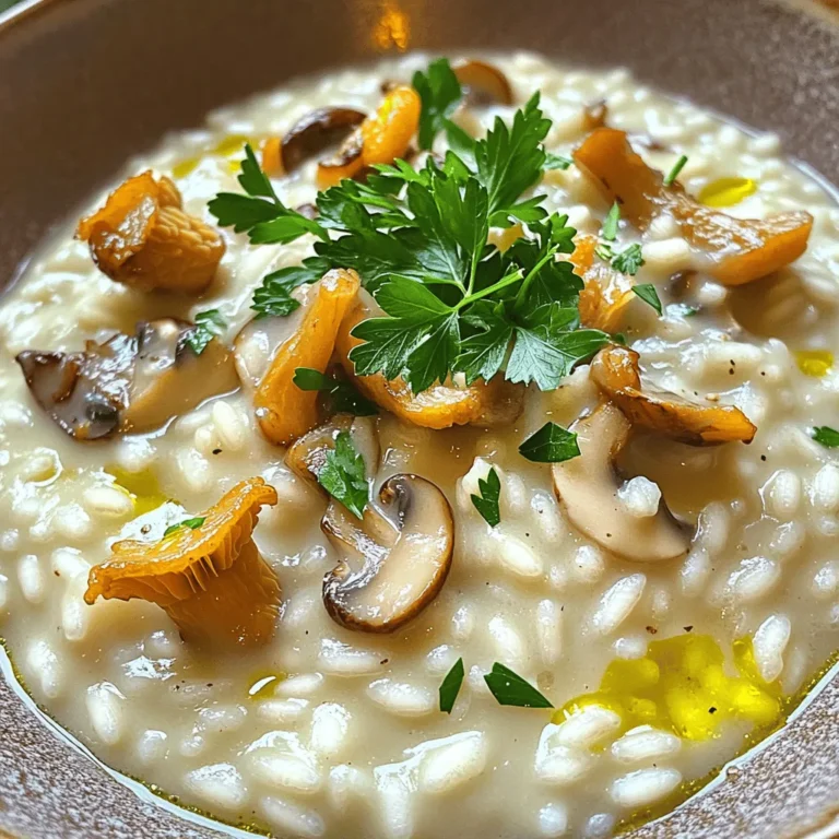 - 1 cup Arborio rice - 1 cup mixed mushrooms (button and shiitake, thinly sliced) - 1/2 cup heavy cream - 1/2 cup grated Parmesan cheese Arborio rice is the star here. It’s starchy and creamy as it cooks. Mixed mushrooms bring rich flavors. I love using both button and shiitake for the best taste. Heavy cream makes the risotto smooth and rich. The Parmesan cheese adds a salty kick that elevates the dish. - 1 small onion, finely chopped - 2 cloves garlic, minced - 2 tablespoons extra-virgin olive oil - 1 tablespoon unsalted butter Onion and garlic are key for flavor. They create a lovely base when sautéed. Olive oil and butter work together to add depth. The oil keeps the butter from burning, making the perfect blend. - Salt and freshly ground black pepper to taste - Fresh parsley, chopped for garnish Salt and pepper are must-haves for seasoning. They bring out all the flavors in the dish. Fresh parsley adds color and a hint of freshness on top. It makes the risotto look beautiful and bright. For the full recipe, check out our Mushroom Medley Creamy Risotto. Each ingredient plays a role in making this dish a creamy delight. Start by heating the vegetable broth in a medium saucepan. Warm it over medium heat until it’s hot but not boiling. This is key! Keeping the broth warm helps the rice cook evenly. If the broth is cold, it can shock the rice and ruin the dish. In a large skillet, add the olive oil and butter. Heat this over medium heat. Once hot, add the finely chopped onion. Sauté for about 3 to 4 minutes. You want the onion to soften and turn translucent. Next, add the minced garlic and sliced mushrooms. Cook for 5 to 6 minutes. Stir occasionally until the mushrooms are golden brown. They should be soft and have released some moisture. This step builds a rich flavor base. Now, it’s time to toast the rice. Add the Arborio rice to the skillet. Stir well to coat the grains with the mushroom mix. Cook for an additional 2 to 3 minutes. You’ll see the rice edges becoming slightly translucent. This toasting enhances the flavor. Next, start adding the warm broth one ladleful at a time. Stir constantly. Let the rice absorb the liquid before adding more. This gradual addition is crucial. It helps the rice become creamy. Continue this process for about 18 to 20 minutes. The rice should be tender but still al dente. Once it reaches this creamy state, stir in the heavy cream and grated Parmesan cheese. Mix well to combine. Season with salt and black pepper to taste. For the full recipe, you can refer to the detailed steps above. Enjoy your creamy mushroom risotto! To make your risotto creamy, you must stir constantly. This action helps release starch from the rice. The starch is what gives risotto its rich texture. If you stop stirring, the rice can clump, and the dish won’t be as smooth. Choose the right type of broth for the best flavor. Vegetable broth works well, but chicken broth adds depth. Always keep your broth warm while you cook. Cold broth can shock the rice and slow down cooking. Adding white wine brings a nice depth to the dish. Use a dry white wine like Sauvignon Blanc. This adds acidity and balances the richness of the cream. For mushrooms, mix button and shiitake. Button mushrooms are mild and creamy, while shiitake adds an earthy taste. You can also try portobello or cremini for a bolder flavor. When plating, use shallow bowls for a nice look. Pile the risotto high and use a spoon to create a small well in the center. This makes it feel gourmet. Pair your risotto with a crisp green salad or some roasted vegetables. A glass of white wine, like Chardonnay, complements the flavors well. For an extra touch, garnish with more Parmesan and a drizzle of olive oil. This will enhance both the taste and the appearance of your dish. {{image_4}} You can change the type of mushrooms in your risotto. Each type adds its own taste. Try using portobello or oyster mushrooms for a different flavor. Seasonal vegetables also work well. Asparagus or peas can add freshness and color to your dish. If you want a vegan risotto, skip the heavy cream and cheese. Use coconut cream and nutritional yeast for a rich flavor. For lactose-free options, choose lactose-free cheese and cream. These swaps keep the dish creamy and delicious. You can also make this risotto gluten-free. Arborio rice is naturally gluten-free, so you’re already set. Just ensure your broth is gluten-free, too. Adding protein can make your risotto heartier. You can mix in chicken, shrimp, or tofu. Cook the protein separately and stir it in near the end. This keeps flavors balanced and ensures everything is cooked perfectly. Chicken adds a savory touch, while shrimp gives a nice seafood flair. Tofu is a great choice for a plant-based meal. Each option enhances your creamy mushroom risotto and makes it more filling. For more details on the recipe, check the Full Recipe link. To keep creamy mushroom risotto fresh, store it in a proper container. Use an airtight container to prevent moisture loss. Make sure the risotto cools to room temperature before sealing. Creamy mushroom risotto lasts up to three days in the fridge if stored correctly. When reheating risotto, the best methods are on the stovetop or in the microwave. For stovetop reheating, add a splash of broth to help revive the creaminess. Stir gently over low heat until warm. In the microwave, cover the dish with a damp paper towel. Heat in short bursts, stirring in between to keep it creamy. To freeze risotto, let it cool completely first. Then, place it in a freezer-safe container or bag. Remove as much air as possible to prevent freezer burn. Creamy mushroom risotto can stay frozen for up to two months. When ready to eat, thaw it overnight in the fridge. Reheat as mentioned above, ensuring it stays creamy and delicious. Cooking creamy mushroom risotto takes about 30 minutes. You will spend 10 minutes prepping and 20 minutes cooking. Keep the broth warm while you cook. Stir the rice often and add broth slowly. This method helps the rice absorb the liquid and become creamy. Yes, you can make mushroom risotto ahead of time. Cook it as usual, but stop before adding cream and cheese. Cool it down quickly and store it in the fridge. When you're ready to serve, reheat it on low heat. Add cream and cheese while stirring to restore creaminess. Creamy mushroom risotto pairs well with many sides. You can serve it with a simple green salad. Grilled vegetables also make a good match. For a special touch, enjoy it with a glass of white wine. A crisp Sauvignon Blanc complements the flavors nicely. For the full recipe, check out the Mushroom Medley Creamy Risotto [Full Recipe]. Creamy mushroom risotto blends rich ingredients like Arborio rice and mushrooms. We explored cooking techniques, from sautéing aromatics to achieving the perfect creaminess. You can impress with various flavor adjustments, dietary options, and easy storage tips. In summary, this dish can fit any taste. Try it out and make it your own! Enjoy the satisfaction of mastering risotto. You’ll impress your family and friends with this delicious meal.