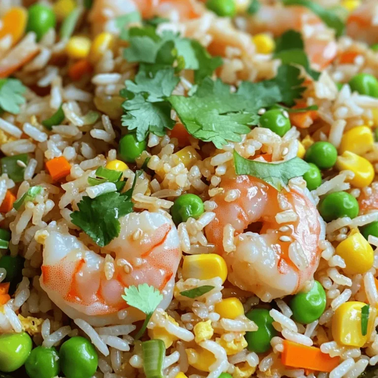 To make easy shrimp fried rice, you need simple and fresh ingredients. Here’s what you will need: - 2 cups cooked jasmine rice (ideally refrigerated overnight) - 1 cup shrimp, peeled and deveined - 2 tablespoons vegetable oil (divided) - 2 eggs, generously beaten - 1 cup mixed vegetables (peas, carrots, and corn) - 3 green onions, finely chopped - 3 cloves garlic, minced - 2 tablespoons soy sauce - 1 teaspoon sesame oil - Salt and pepper to taste - Fresh cilantro for garnish (optional) Each ingredient adds a layer of flavor. The jasmine rice gives a nice aroma, while the shrimp adds a sweet taste. Mixed vegetables bring color and nutrition. Green onions add a fresh crunch, and soy sauce gives the dish its savory kick. For best results, use rice that has been cooked and cooled. This helps it fry better. You can find the full recipe for easy shrimp fried rice to make this dish quickly and enjoyably. To start, heat 1 tablespoon of vegetable oil in a large skillet or wok over medium-high heat. Once it’s hot, add the shrimp in a single layer. Cook the shrimp for about 2-3 minutes. They should turn pink and opaque. That’s how you know they’re done! Use a slotted spoon to take them out. Set the shrimp aside on a plate. Next, add the remaining tablespoon of vegetable oil to the same skillet. Pour in your beaten eggs. Let the eggs sit for a moment, then gently stir them. Scramble the eggs until they are fully cooked and fluffy. Once cooked, move the eggs to the plate with the shrimp. Now, let’s add some flavor! Add the minced garlic to the skillet and sauté it for about 30 seconds. You want it fragrant, not burnt. Next, toss in the mixed vegetables. Stir-fry them for about 2-3 minutes until they are tender and colorful. - Incorporating the Rice Add the cooked jasmine rice to the skillet. Break apart any clumps with a spatula or wooden spoon. Mix the rice well with the vegetables. Stir-fry this mix for about 3-4 minutes until the rice is heated through and slightly crispy. - Combining All Ingredients It’s time to bring everything together! Return the cooked shrimp and scrambled eggs to the skillet. Drizzle soy sauce and sesame oil over the mixture. Toss all the ingredients with a spatula to ensure they are well combined. Season with salt and pepper to taste, adjusting as you like. - Finishing Touches with Green Onions At the end, fold in the chopped green onions. Make sure they are mixed throughout the fried rice. Then, remove the skillet from the heat. For the full recipe, you can refer to the top of this article. Enjoy your delicious shrimp fried rice! For the best shrimp fried rice, use jasmine rice. This rice has a nice aroma and a fluffy texture. If you can, cook the rice a day before. Chilling it overnight helps the grains firm up. This way, the rice won’t clump when you stir-fry it. If you don’t have jasmine rice, you can use long-grain rice too. Just avoid sticky rice, as it can make your dish gummy. To boost the taste of your shrimp fried rice, use a mix of seasonings. - Soy Sauce: This adds a salty flavor. Use it in moderation to avoid overpowering the dish. - Sesame Oil: Just a teaspoon adds a nutty taste. A little goes a long way. - Salt and Pepper: Always taste your dish. Add these as needed for balance. Mixing vegetables in your fried rice makes it colorful and tasty. Good choices include: - Peas for sweetness - Carrots for crunch - Corn for a pop of color Feel free to add bell peppers or broccoli too. They add great texture and flavor. Cook the shrimp until they turn pink and opaque. This takes about 2-3 minutes. Don't overcook them, or they will be tough. Remember to remove them from the pan before adding the eggs. This keeps the shrimp tender and juicy. For more tips, check out the Full Recipe for shrimp fried rice. {{image_4}} You can swap shrimp for other proteins. Chicken, beef, or tofu all work great. This gives you options based on what you like. For a vegetarian meal, use tofu or a mix of veggies. Just make sure to cook your choice well to keep it tasty. If you love heat, try spicy shrimp fried rice. Add some red pepper flakes or diced chili peppers. This will bring a kick to your dish. You can also mix in hot sauce while cooking. Adjust the spice level based on your taste. For a fun twist, make tropical shrimp fried rice. Add pineapple chunks or coconut milk. This creates a sweet flavor that balances the salty soy sauce. You can use fresh pineapple or canned. The coconut adds a creamy texture. This variation is perfect for summer meals. Try these variations to keep your shrimp fried rice exciting and fresh. You can explore the Full Recipe for more tips! Store your leftover shrimp fried rice in an airtight container. Make sure it cools down first. Place it in the fridge if you plan to eat it within a few days. For best taste and quality, eat it within three days. If you need to keep it longer, freezing is a great option. When you're ready to eat the fried rice again, you can reheat it in a few ways. A microwave works well for quick reheating. Just add a splash of water to keep it moist and cover it. Heat it in short bursts, stirring in between, until hot. You can also use a skillet. Heat it over medium-low heat, stirring often. This method gives it a nice crispy texture. If you want to freeze your shrimp fried rice, make sure it's cool before packing. Use freezer-safe bags or containers to prevent freezer burn. Squeeze out as much air as you can. It will stay good in the freezer for up to three months. When you're ready to use it, thaw it in the fridge overnight before reheating. Enjoy your meal again with ease! For the complete recipe, check out the Full Recipe link. Yes, you can use frozen shrimp. Just thaw them first. Place them in cold water for about 15 minutes. This way, they cook evenly and stay juicy. I recommend jasmine rice. It has a nice aroma and fluffy texture. You can also use long-grain rice. Make sure it's cooked and cooled before frying. To add spice, use chili paste or fresh chili peppers. You can also sprinkle some red pepper flakes. Adjust the heat to match your taste. Refrigerating rice is best for fried rice. It helps the grains firm up and prevents sticking. If you don't have time, just cool it on the counter. Yes, adding eggs is a great idea. They add richness and protein. Scramble them before mixing with the rice for a delicious flavor. Serve shrimp fried rice in a big bowl. Add fresh cilantro on top for color. You can pair it with spring rolls or a side salad for a full meal. For the full recipe, check the detailed instructions above. To make shrimp fried rice, start with simple ingredients and follow clear steps. You learned about the best rice choices, cooking shrimp perfectly, and flavorful variations. Storing leftovers is easy with simple tips. Remember, cooking is all about experimenting and enjoying the process. Use this guide to make your fried rice tasty and fun. Keep trying new flavors and combinations. Happy cooking!