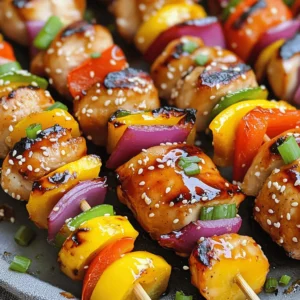- 1 lb boneless, skinless chicken thighs, cut into 1-inch pieces - 1/4 cup honey - 2 tablespoons Sriracha sauce - 2 tablespoons soy sauce - 1 tablespoon sesame oil - 2 cloves garlic, minced - 1 teaspoon fresh ginger, grated - Salt and pepper, to taste - 1 red bell pepper, cut into 1-inch pieces - 1 yellow bell pepper, cut into 1-inch pieces - 1 medium red onion, cut into chunks - Wooden or metal skewers The chicken thighs make this dish juicy and flavorful. The honey gives a sweet touch, while the Sriracha brings the heat. Soy sauce adds depth, and sesame oil lends a nutty flavor. Garlic and ginger enhance the marinade, making it aromatic and fresh. The colorful bell peppers and onion not only taste great but also add visual appeal. - Sesame seeds for garnish - Chopped scallions for serving You can use sesame seeds or scallions to spruce up your dish. They add extra crunch and freshness. If you want to change things up, try adding pineapple or zucchini to your skewers. You can also swap chicken for shrimp or firm tofu for a different taste. If you want to adjust the heat, add more or less Sriracha. You can mix in some fruit juice for a fruity twist. Make sure to check your pantry for alternatives, like honey substitutes or low-sodium soy sauce. To start, you need to make the marinade. In a medium bowl, mix together the honey, Sriracha sauce, soy sauce, and sesame oil. Then, add the minced garlic, grated ginger, salt, and pepper. Whisk all the ingredients until they blend well. Next, add the chicken pieces and stir gently. Make sure every piece gets coated. Cover the bowl with plastic wrap and place it in the fridge. Let the chicken marinate for at least 30 minutes. For more flavor, you can leave it marinating for up to 2 hours. If you use wooden skewers, soak them in water for at least 30 minutes. This step stops them from burning on the grill. While they soak, preheat your grill or grill pan to medium-high heat. When you are ready, take the marinated chicken out of the fridge. Start threading the chicken pieces onto the skewers. Alternate with chunks of red and yellow bell peppers and red onion. This adds color and flavor to your skewers. Now it’s time to grill! Place the skewers carefully on your preheated grill. Grill them for about 10 to 12 minutes. Be sure to turn them every few minutes. This helps them cook evenly. You want the chicken to reach an internal temperature of 165°F (75°C). Look for nice grill marks on the chicken. During the last few minutes, brush the skewers with any leftover marinade. This adds a tasty glaze. Once done, take the skewers off the grill. Let them rest for a couple of minutes before serving. For the full recipe, check out the details above. To make the best Honey Sriracha Chicken Skewers, you need balance. Sweetness from honey meets the heat of Sriracha. You can change the spice level by adding more or less Sriracha. I like to use fresh ingredients whenever possible. Fresh garlic and ginger make a big difference. For marinating, let the chicken sit in the sauce for at least 30 minutes. If you have time, go for 2 hours. This helps the flavors soak in well. Use a reliable grill for even cooking. I prefer a gas grill because it heats up fast. If you use wooden skewers, soak them in water for 30 minutes. This stops them from burning. Avoid common mistakes like overcrowding the grill. Give each skewer space to cook properly. It helps to turn them every few minutes to get nice grill marks. To enhance your meal, pair these skewers with rice or a fresh salad. A cool dip like yogurt sauce works well too. As for drinks, iced tea or a light beer are great choices. For gatherings, serve the skewers on a nice platter. A sprinkle of sesame seeds and chopped scallions adds flair. Follow the Full Recipe for complete details on making these amazing skewers! {{image_4}} You can change the proteins in this recipe. For a different taste, try pork or beef. Both meats work well with the honey Sriracha sauce. If you prefer vegetarian options, use firm tofu or tempeh. These options soak up flavors nicely. For seafood lovers, shrimp or salmon can be great choices. They cook quickly and pair well with the sauce. You can adjust the spice level to suit your taste. If you want less heat, use less Sriracha. For more heat, add extra Sriracha or some chili flakes. You can also add fruity components like pineapple or mango. This adds a sweet twist to the dish. Don't be afraid to experiment with different sauces too. Try teriyaki or peanut sauce for a fresh take. Mix up the skewers by adding different vegetables. Zucchini, mushrooms, or cherry tomatoes can add flavor and color. You might also serve the skewers in wraps or sandwiches. Use lettuce or pita bread for a fun meal. Another idea is to use the skewers as a salad topping. Just slice them and place them on your favorite greens. For the full recipe, check out the Honey Sriracha Chicken Skewers section. To keep your Honey Sriracha Chicken Skewers fresh, store them in the fridge. Place leftovers in an airtight container. They stay good for up to three days. If you want to store them longer, freezing is a great option. Wrap the skewers in plastic wrap and then in foil. They can last for up to three months in the freezer. When you are ready to eat, thaw the skewers in the fridge overnight. To reheat, place them in the oven at 350°F (175°C) for about 15 minutes. You can also use a microwave. Just make sure to cover them to prevent drying out. Meal prepping helps save time during busy weeks. You can marinate the chicken in advance. This makes cooking quick and easy. Portion out the skewers into individual servings. This way, you have ready-to-go meals. You can also use leftovers in stir-fries or salads. Shred the chicken and add it to a wrap for a tasty lunch. Fresh ingredients have a shorter shelf life than dried ones. Always check expiration dates on your sauces and oils. Honey and Sriracha last a long time, but garlic and ginger spoil faster. Look for signs of spoilage like mold or bad smells. If you buy bell peppers, use them within a week for the best flavor. Proper storage helps keep your ingredients fresh longer. You should marinate the chicken for at least 30 minutes. This allows the chicken to soak up the flavors. If you have time, marinate it for up to 2 hours. This longer time gives a stronger taste and makes the chicken juicier. Just remember to keep it in the fridge while it marinates. Yes, you can use either wooden or metal skewers. Wooden skewers are usually cheaper and easy to find. Just soak them in water for 30 minutes before grilling. This helps stop them from burning. Metal skewers are more durable and reusable. They also heat up quickly, helping to cook the food evenly. You can serve these skewers with a variety of side dishes. Rice is a great option; it soaks up the sauce well. Grilled vegetables add color and flavor. A fresh salad can balance the heat too. For drinks, try iced tea or a light beer. They complement the sweet and spicy flavors nicely. Yes, you can cook the skewers in the oven. Preheat your oven to 400°F (200°C). Place the skewers on a baking sheet lined with foil. Bake them for about 15-20 minutes. Turn them halfway through to cook evenly. Check the chicken's temperature; it should reach 165°F (75°C) for safety. If you don’t have Sriracha, you can use other hot sauces. Look for sauces with a similar flavor profile. Hot chili sauce or a mix of chili powder and honey can work too. You can also try making your own by mixing red pepper flakes with a little vinegar and honey for a sweet heat. For the complete recipe, check out the [Full Recipe]. In this blog post, we explored how to make delicious chicken skewers. We covered key ingredients, including chicken thighs and marinade components. I shared step-by-step instructions on marinating, preparing, and grilling your skewers for perfect flavor. We also discussed tips to enhance your dish and variations for different tastes. Now, with this knowledge, you can create your own tasty skewers. Experiment with flavors and ingredients. Enjoy sharing your creations with family and friends!