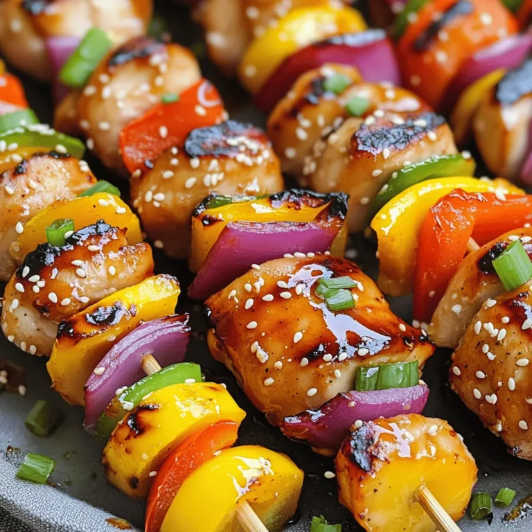 - 1 lb boneless, skinless chicken thighs, cut into 1-inch pieces - 1/4 cup honey - 2 tablespoons Sriracha sauce - 2 tablespoons soy sauce - 1 tablespoon sesame oil - 2 cloves garlic, minced - 1 teaspoon fresh ginger, grated - Salt and pepper, to taste - 1 red bell pepper, cut into 1-inch pieces - 1 yellow bell pepper, cut into 1-inch pieces - 1 medium red onion, cut into chunks - Wooden or metal skewers The chicken thighs make this dish juicy and flavorful. The honey gives a sweet touch, while the Sriracha brings the heat. Soy sauce adds depth, and sesame oil lends a nutty flavor. Garlic and ginger enhance the marinade, making it aromatic and fresh. The colorful bell peppers and onion not only taste great but also add visual appeal. - Sesame seeds for garnish - Chopped scallions for serving You can use sesame seeds or scallions to spruce up your dish. They add extra crunch and freshness. If you want to change things up, try adding pineapple or zucchini to your skewers. You can also swap chicken for shrimp or firm tofu for a different taste. If you want to adjust the heat, add more or less Sriracha. You can mix in some fruit juice for a fruity twist. Make sure to check your pantry for alternatives, like honey substitutes or low-sodium soy sauce. To start, you need to make the marinade. In a medium bowl, mix together the honey, Sriracha sauce, soy sauce, and sesame oil. Then, add the minced garlic, grated ginger, salt, and pepper. Whisk all the ingredients until they blend well. Next, add the chicken pieces and stir gently. Make sure every piece gets coated. Cover the bowl with plastic wrap and place it in the fridge. Let the chicken marinate for at least 30 minutes. For more flavor, you can leave it marinating for up to 2 hours. If you use wooden skewers, soak them in water for at least 30 minutes. This step stops them from burning on the grill. While they soak, preheat your grill or grill pan to medium-high heat. When you are ready, take the marinated chicken out of the fridge. Start threading the chicken pieces onto the skewers. Alternate with chunks of red and yellow bell peppers and red onion. This adds color and flavor to your skewers. Now it’s time to grill! Place the skewers carefully on your preheated grill. Grill them for about 10 to 12 minutes. Be sure to turn them every few minutes. This helps them cook evenly. You want the chicken to reach an internal temperature of 165°F (75°C). Look for nice grill marks on the chicken. During the last few minutes, brush the skewers with any leftover marinade. This adds a tasty glaze. Once done, take the skewers off the grill. Let them rest for a couple of minutes before serving. For the full recipe, check out the details above. To make the best Honey Sriracha Chicken Skewers, you need balance. Sweetness from honey meets the heat of Sriracha. You can change the spice level by adding more or less Sriracha. I like to use fresh ingredients whenever possible. Fresh garlic and ginger make a big difference. For marinating, let the chicken sit in the sauce for at least 30 minutes. If you have time, go for 2 hours. This helps the flavors soak in well. Use a reliable grill for even cooking. I prefer a gas grill because it heats up fast. If you use wooden skewers, soak them in water for 30 minutes. This stops them from burning. Avoid common mistakes like overcrowding the grill. Give each skewer space to cook properly. It helps to turn them every few minutes to get nice grill marks. To enhance your meal, pair these skewers with rice or a fresh salad. A cool dip like yogurt sauce works well too. As for drinks, iced tea or a light beer are great choices. For gatherings, serve the skewers on a nice platter. A sprinkle of sesame seeds and chopped scallions adds flair. Follow the Full Recipe for complete details on making these amazing skewers! {{image_4}} You can change the proteins in this recipe. For a different taste, try pork or beef. Both meats work well with the honey Sriracha sauce. If you prefer vegetarian options, use firm tofu or tempeh. These options soak up flavors nicely. For seafood lovers, shrimp or salmon can be great choices. They cook quickly and pair well with the sauce. You can adjust the spice level to suit your taste. If you want less heat, use less Sriracha. For more heat, add extra Sriracha or some chili flakes. You can also add fruity components like pineapple or mango. This adds a sweet twist to the dish. Don't be afraid to experiment with different sauces too. Try teriyaki or peanut sauce for a fresh take. Mix up the skewers by adding different vegetables. Zucchini, mushrooms, or cherry tomatoes can add flavor and color. You might also serve the skewers in wraps or sandwiches. Use lettuce or pita bread for a fun meal. Another idea is to use the skewers as a salad topping. Just slice them and place them on your favorite greens. For the full recipe, check out the Honey Sriracha Chicken Skewers section. To keep your Honey Sriracha Chicken Skewers fresh, store them in the fridge. Place leftovers in an airtight container. They stay good for up to three days. If you want to store them longer, freezing is a great option. Wrap the skewers in plastic wrap and then in foil. They can last for up to three months in the freezer. When you are ready to eat, thaw the skewers in the fridge overnight. To reheat, place them in the oven at 350°F (175°C) for about 15 minutes. You can also use a microwave. Just make sure to cover them to prevent drying out. Meal prepping helps save time during busy weeks. You can marinate the chicken in advance. This makes cooking quick and easy. Portion out the skewers into individual servings. This way, you have ready-to-go meals. You can also use leftovers in stir-fries or salads. Shred the chicken and add it to a wrap for a tasty lunch. Fresh ingredients have a shorter shelf life than dried ones. Always check expiration dates on your sauces and oils. Honey and Sriracha last a long time, but garlic and ginger spoil faster. Look for signs of spoilage like mold or bad smells. If you buy bell peppers, use them within a week for the best flavor. Proper storage helps keep your ingredients fresh longer. You should marinate the chicken for at least 30 minutes. This allows the chicken to soak up the flavors. If you have time, marinate it for up to 2 hours. This longer time gives a stronger taste and makes the chicken juicier. Just remember to keep it in the fridge while it marinates. Yes, you can use either wooden or metal skewers. Wooden skewers are usually cheaper and easy to find. Just soak them in water for 30 minutes before grilling. This helps stop them from burning. Metal skewers are more durable and reusable. They also heat up quickly, helping to cook the food evenly. You can serve these skewers with a variety of side dishes. Rice is a great option; it soaks up the sauce well. Grilled vegetables add color and flavor. A fresh salad can balance the heat too. For drinks, try iced tea or a light beer. They complement the sweet and spicy flavors nicely. Yes, you can cook the skewers in the oven. Preheat your oven to 400°F (200°C). Place the skewers on a baking sheet lined with foil. Bake them for about 15-20 minutes. Turn them halfway through to cook evenly. Check the chicken's temperature; it should reach 165°F (75°C) for safety. If you don’t have Sriracha, you can use other hot sauces. Look for sauces with a similar flavor profile. Hot chili sauce or a mix of chili powder and honey can work too. You can also try making your own by mixing red pepper flakes with a little vinegar and honey for a sweet heat. For the complete recipe, check out the [Full Recipe]. In this blog post, we explored how to make delicious chicken skewers. We covered key ingredients, including chicken thighs and marinade components. I shared step-by-step instructions on marinating, preparing, and grilling your skewers for perfect flavor. We also discussed tips to enhance your dish and variations for different tastes. Now, with this knowledge, you can create your own tasty skewers. Experiment with flavors and ingredients. Enjoy sharing your creations with family and friends!