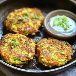 - 2 medium zucchinis, grated - 2 medium carrots, grated - 1/2 cup all-purpose flour - 1/4 cup grated Parmesan cheese - 1 large egg - 2 green onions, finely chopped - 2 cloves garlic, minced - 1 teaspoon dried oregano - 1/2 teaspoon salt - 1/4 teaspoon black pepper - Olive oil for frying These ingredients form the base of your zucchini carrot fritters. The grated zucchini and carrots give them a fresh taste and bright color. The flour and cheese help bind everything together, while the egg adds richness. Don’t forget the seasonings! They bring out all the flavors. - Fresh herbs like parsley or dill - Additional cheese variants such as feta or cheddar These optional ingredients can elevate your fritters. Fresh herbs add a burst of flavor and color. You can also mix in different cheeses for a unique twist. - Gluten-free options: Use almond flour or gluten-free flour - Dairy-free alternatives: Replace cheese with nutritional yeast If you need to make dietary changes, these substitutions work well. Gluten-free flour keeps the fritters light and fluffy. Nutritional yeast adds a cheesy flavor without dairy. You can still enjoy delicious fritters that fit your needs. Check the [Full Recipe] for more details! - Grating Vegetables Start by grating the zucchinis and carrots. I use a box grater for this. It makes the job easy and quick. - Removing Excess Moisture After grating, place the vegetables in a clean kitchen towel. Twist and squeeze to remove as much liquid as possible. This step is key. It helps the fritters stay firm and not soggy. - Combining Dry and Wet Ingredients In a large bowl, mix the drained zucchini and carrot with flour, Parmesan cheese, egg, green onions, garlic, oregano, salt, and pepper. Stir well to combine. You want a smooth and even mixture. - Ensuring a Cohesive Mixture Check that all ingredients are mixed thoroughly. The batter should hold together well. This cohesive mixture is vital for great fritters. - Heating the Skillet Heat a non-stick skillet over medium heat. Add a couple of tablespoons of olive oil. Wait until the oil is hot and shimmering but not smoking. - Frying Tips for Crispiness Scoop about 2 tablespoons of the fritter mix into the skillet. Flatten each scoop gently with a spatula. This helps them cook evenly. Fry each fritter for about 3-4 minutes on each side. Look for a golden brown color and a crispy texture. If needed, fry in batches, adding more oil as you go. Serve them warm, and enjoy the tasty crunch! For the full recipe, check out the [Full Recipe]. To make great zucchini carrot fritters, moisture removal is key. Grated vegetables hold a lot of water. If you don’t squeeze them dry, your fritters turn out soggy. After grating, use a clean kitchen towel. Place the veggies in the towel and twist it tightly. This method gets rid of extra liquid, ensuring crispy fritters. Cooking temperature control is also important. Use medium heat for frying. If the temperature is too low, the fritters will absorb too much oil. If it's too high, they will burn on the outside and stay raw inside. A good test is to add a small bit of batter to the pan. If it sizzles right away, you're ready to go! For dipping sauces, yogurt pairs perfectly. You can also try a spicy mayo or tzatziki. These sauces enhance the flavors and add creaminess. For sides, serve your fritters with a crisp salad or roasted veggies. Both options balance the meal nicely. Adding spices can elevate your fritters. Try a pinch of cayenne for heat or smoked paprika for depth. Herbs like dill or parsley can also add freshness. You can mix in other vegetables too. Finely chopped bell peppers or spinach work well. They add color and nutrition, making your fritters even better. For the full recipe, check out the complete guide above! {{image_4}} You can switch up the flavors in your zucchini carrot fritters to keep things interesting. - Spicy Zucchini Carrot Fritters: Add some heat! Mix in chopped jalapeños or red pepper flakes. This will give your fritters a nice kick. You can also serve them with a spicy dipping sauce. - Mediterranean-Inspired Fritters: Want a fresh twist? Use feta cheese, fresh dill, and olives in your batter. These flavors will transport you to the sunny Mediterranean coast. You can easily modify this recipe to fit your dietary needs. - Vegan Version: Replace the egg with a flaxseed or chia seed mix. Combine 1 tablespoon of seeds with 2.5 tablespoons of water. Let it sit until it becomes gel-like. This will bind your fritters well. - Low-Carb Options: For a low-carb twist, swap all-purpose flour for almond flour. This keeps your fritters tasty and lower in carbs. The shape and size of your fritters can change how you serve them. - Mini Bites for Appetizers: Form smaller fritters for easy snacking. They are perfect for parties and gatherings. Just adjust the cooking time to avoid burning. - Larger Fritters for Main Dishes: Make bigger fritters for a hearty meal. Serve them with a salad for a complete dish. They also hold up nicely on a bun for a veggie burger. You can find the full recipe for zucchini carrot fritters above. Enjoy experimenting with these variations to suit your taste! How do you store leftover fritters? Place them in an airtight container. Use parchment paper between layers to keep them crisp. This helps prevent sogginess. What are the best practices for freshness? Store fritters in the fridge for up to three days. Keep the container sealed tight. This keeps them tasty and prevents drying out. Should you freeze fritters before or after cooking? You can freeze them both ways. For the best texture, freeze them uncooked. It helps keep them crisp when cooked later. What are the thawing and reheating tips? Thaw the fritters in the fridge overnight. Reheat them in a skillet over medium heat. Add a little oil for that crispy edge. How long do refrigerated fritters last? They stay good for about three days in the fridge. After that, the texture and flavor may change. What is the freezer storage timeframe? Frozen fritters can last up to two months. Make sure they are in a sealed bag or container. This protects against freezer burn. For more details, check the [Full Recipe]. Yes, you can use frozen zucchini or carrots. However, they will change the texture and flavor. Frozen veggies often hold more water. This extra moisture can make fritters soggy. If you use frozen, let them thaw and squeeze out the water. After that, they can work well in your fritters. To make fritters crispy, focus on a few key tips. First, remove as much moisture as possible from the grated vegetables. Use a clean towel to squeeze out water. Next, heat your oil until it's hot but not smoking. Fry fritters in small batches and leave space between them. This way, they cook evenly. You have many tasty options for dips. Here are some favorites: - Greek yogurt with lemon juice - Spicy sriracha mayo - Creamy ranch dressing - Simple tzatziki sauce These dips add flavor and complement the fritters well. They enhance the meal, making it even more enjoyable. For a full recipe, check the details above! Zucchini and carrot fritters are simple to make and delicious. We covered essential ingredients, like grated veggies, flour, and cheese. You learned how to prepare, mix, and fry the batter for perfect bites. I shared tips to ensure crispness and flavor, plus variations for diets. Don’t forget to store any extras properly! Now you can enjoy these fritters at any meal, with great dips, or as snacks. Have fun cooking and experimenting with these ideas!