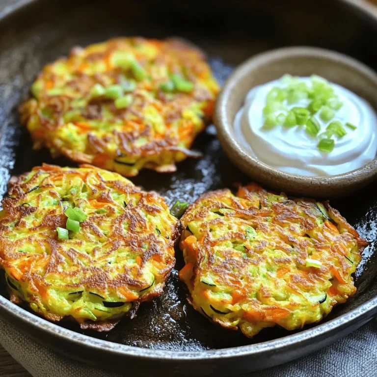 - 2 medium zucchinis, grated - 2 medium carrots, grated - 1/2 cup all-purpose flour - 1/4 cup grated Parmesan cheese - 1 large egg - 2 green onions, finely chopped - 2 cloves garlic, minced - 1 teaspoon dried oregano - 1/2 teaspoon salt - 1/4 teaspoon black pepper - Olive oil for frying These ingredients form the base of your zucchini carrot fritters. The grated zucchini and carrots give them a fresh taste and bright color. The flour and cheese help bind everything together, while the egg adds richness. Don’t forget the seasonings! They bring out all the flavors. - Fresh herbs like parsley or dill - Additional cheese variants such as feta or cheddar These optional ingredients can elevate your fritters. Fresh herbs add a burst of flavor and color. You can also mix in different cheeses for a unique twist. - Gluten-free options: Use almond flour or gluten-free flour - Dairy-free alternatives: Replace cheese with nutritional yeast If you need to make dietary changes, these substitutions work well. Gluten-free flour keeps the fritters light and fluffy. Nutritional yeast adds a cheesy flavor without dairy. You can still enjoy delicious fritters that fit your needs. Check the [Full Recipe] for more details! - Grating Vegetables Start by grating the zucchinis and carrots. I use a box grater for this. It makes the job easy and quick. - Removing Excess Moisture After grating, place the vegetables in a clean kitchen towel. Twist and squeeze to remove as much liquid as possible. This step is key. It helps the fritters stay firm and not soggy. - Combining Dry and Wet Ingredients In a large bowl, mix the drained zucchini and carrot with flour, Parmesan cheese, egg, green onions, garlic, oregano, salt, and pepper. Stir well to combine. You want a smooth and even mixture. - Ensuring a Cohesive Mixture Check that all ingredients are mixed thoroughly. The batter should hold together well. This cohesive mixture is vital for great fritters. - Heating the Skillet Heat a non-stick skillet over medium heat. Add a couple of tablespoons of olive oil. Wait until the oil is hot and shimmering but not smoking. - Frying Tips for Crispiness Scoop about 2 tablespoons of the fritter mix into the skillet. Flatten each scoop gently with a spatula. This helps them cook evenly. Fry each fritter for about 3-4 minutes on each side. Look for a golden brown color and a crispy texture. If needed, fry in batches, adding more oil as you go. Serve them warm, and enjoy the tasty crunch! For the full recipe, check out the [Full Recipe]. To make great zucchini carrot fritters, moisture removal is key. Grated vegetables hold a lot of water. If you don’t squeeze them dry, your fritters turn out soggy. After grating, use a clean kitchen towel. Place the veggies in the towel and twist it tightly. This method gets rid of extra liquid, ensuring crispy fritters. Cooking temperature control is also important. Use medium heat for frying. If the temperature is too low, the fritters will absorb too much oil. If it's too high, they will burn on the outside and stay raw inside. A good test is to add a small bit of batter to the pan. If it sizzles right away, you're ready to go! For dipping sauces, yogurt pairs perfectly. You can also try a spicy mayo or tzatziki. These sauces enhance the flavors and add creaminess. For sides, serve your fritters with a crisp salad or roasted veggies. Both options balance the meal nicely. Adding spices can elevate your fritters. Try a pinch of cayenne for heat or smoked paprika for depth. Herbs like dill or parsley can also add freshness. You can mix in other vegetables too. Finely chopped bell peppers or spinach work well. They add color and nutrition, making your fritters even better. For the full recipe, check out the complete guide above! {{image_4}} You can switch up the flavors in your zucchini carrot fritters to keep things interesting. - Spicy Zucchini Carrot Fritters: Add some heat! Mix in chopped jalapeños or red pepper flakes. This will give your fritters a nice kick. You can also serve them with a spicy dipping sauce. - Mediterranean-Inspired Fritters: Want a fresh twist? Use feta cheese, fresh dill, and olives in your batter. These flavors will transport you to the sunny Mediterranean coast. You can easily modify this recipe to fit your dietary needs. - Vegan Version: Replace the egg with a flaxseed or chia seed mix. Combine 1 tablespoon of seeds with 2.5 tablespoons of water. Let it sit until it becomes gel-like. This will bind your fritters well. - Low-Carb Options: For a low-carb twist, swap all-purpose flour for almond flour. This keeps your fritters tasty and lower in carbs. The shape and size of your fritters can change how you serve them. - Mini Bites for Appetizers: Form smaller fritters for easy snacking. They are perfect for parties and gatherings. Just adjust the cooking time to avoid burning. - Larger Fritters for Main Dishes: Make bigger fritters for a hearty meal. Serve them with a salad for a complete dish. They also hold up nicely on a bun for a veggie burger. You can find the full recipe for zucchini carrot fritters above. Enjoy experimenting with these variations to suit your taste! How do you store leftover fritters? Place them in an airtight container. Use parchment paper between layers to keep them crisp. This helps prevent sogginess. What are the best practices for freshness? Store fritters in the fridge for up to three days. Keep the container sealed tight. This keeps them tasty and prevents drying out. Should you freeze fritters before or after cooking? You can freeze them both ways. For the best texture, freeze them uncooked. It helps keep them crisp when cooked later. What are the thawing and reheating tips? Thaw the fritters in the fridge overnight. Reheat them in a skillet over medium heat. Add a little oil for that crispy edge. How long do refrigerated fritters last? They stay good for about three days in the fridge. After that, the texture and flavor may change. What is the freezer storage timeframe? Frozen fritters can last up to two months. Make sure they are in a sealed bag or container. This protects against freezer burn. For more details, check the [Full Recipe]. Yes, you can use frozen zucchini or carrots. However, they will change the texture and flavor. Frozen veggies often hold more water. This extra moisture can make fritters soggy. If you use frozen, let them thaw and squeeze out the water. After that, they can work well in your fritters. To make fritters crispy, focus on a few key tips. First, remove as much moisture as possible from the grated vegetables. Use a clean towel to squeeze out water. Next, heat your oil until it's hot but not smoking. Fry fritters in small batches and leave space between them. This way, they cook evenly. You have many tasty options for dips. Here are some favorites: - Greek yogurt with lemon juice - Spicy sriracha mayo - Creamy ranch dressing - Simple tzatziki sauce These dips add flavor and complement the fritters well. They enhance the meal, making it even more enjoyable. For a full recipe, check the details above! Zucchini and carrot fritters are simple to make and delicious. We covered essential ingredients, like grated veggies, flour, and cheese. You learned how to prepare, mix, and fry the batter for perfect bites. I shared tips to ensure crispness and flavor, plus variations for diets. Don’t forget to store any extras properly! Now you can enjoy these fritters at any meal, with great dips, or as snacks. Have fun cooking and experimenting with these ideas!