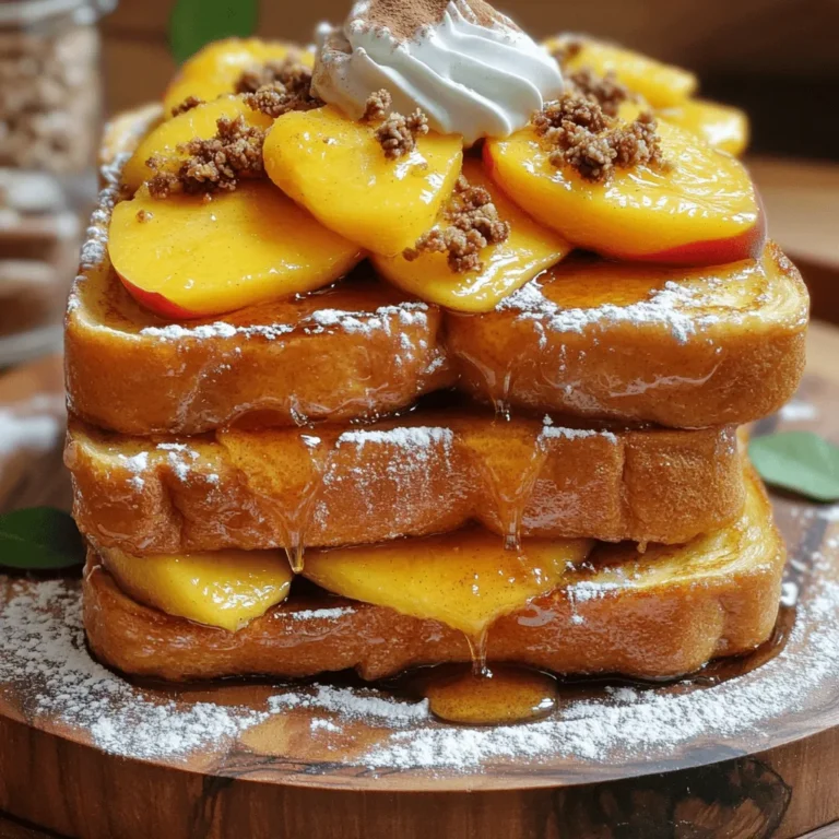 To make Peach Cobbler French Toast, gather these items: - 4 slices of thick bread (brioche or challah is best) - 2 ripe peaches, sliced (canned peaches work too; drain them) - 2 large eggs - 1 cup milk (whole or almond milk is great) - 1 tablespoon pure vanilla extract - 1 teaspoon ground cinnamon - 1 tablespoon brown sugar - 1 tablespoon unsalted butter (for cooking) - ½ cup granola (optional, for crunch) - Whipped cream (optional, for serving) If you have dietary needs, consider these swaps: - For gluten-free, use gluten-free bread. - Vegan? Swap eggs with flaxseed meal and use plant-based milk. - For low-sugar diets, try a sugar substitute in place of brown sugar. Picking peaches is easy with these tips: - Look for peaches that are firm but slightly soft when squeezed. - Choose fruit with a sweet smell; this indicates ripeness. - Avoid peaches with bruises or dark spots, as these can affect flavor and texture. By following these tips and using the right ingredients, you’ll make a delightful Peach Cobbler French Toast that everyone will love! Check out the Full Recipe for more details. Making Peach Cobbler French Toast is a fun and simple process. I’ll walk you through each step to ensure your dish turns out perfectly. 1. Mixing the egg custard: In a medium bowl, whisk together 2 large eggs, 1 cup of milk, 1 tablespoon of pure vanilla extract, and 1 teaspoon of ground cinnamon. Mix well until it is smooth and creamy. This egg custard gives the French toast its rich flavor. 2. Soaking the bread slices: Pour the egg mixture into a shallow dish. Take 4 slices of thick bread, like brioche or challah. Place each slice in the dish, soaking for about 2-3 minutes on each side. Make sure they absorb the custard well. 3. Preparing the peach topping: While the bread soaks, slice 2 ripe peaches. If you use canned peaches, ensure they are drained. In a small saucepan, combine the sliced peaches with 1 tablespoon of brown sugar. Cook over medium heat for about 5-7 minutes, stirring often. When the peaches are soft and syrupy, take them off the heat. 4. Cooking the French toast: Heat a skillet over medium heat and add 1 tablespoon of unsalted butter. Let the butter melt completely. Place the soaked bread slices in the skillet. Cook each side for 3-4 minutes until golden brown. The butter helps give the toast a nice, crisp texture. Once cooked, arrange the French toast on plates and spoon the warm peach topping over each slice. For a delightful crunch, you can sprinkle granola on top. If you want to indulge, add a dollop of whipped cream. For detailed steps, refer to the Full Recipe. - Achieving the perfect golden crust: To get that nice, golden crust, use thick bread. Brioche or challah works best. Soak each slice well, but don't leave it too long. This ensures the center stays soft while the outside crisps up. - Temperature control for even cooking: Keep your skillet or griddle at medium heat. If it’s too hot, the bread will burn before cooking through. If it’s too cool, you won’t get the lovely crust. Adjust as needed while cooking each slice. - How to avoid soggy bread: Soak the bread just enough to absorb the flavors. If the bread is too soggy, it won’t cook well. A quick 2-3 minute soak on each side is perfect for keeping it fluffy yet not falling apart. - Pairing with syrup or whipped cream: Drizzle with maple syrup for sweetness. A dollop of whipped cream adds a creamy touch. Both make your Peach Cobbler French Toast even more delightful. - Presentation ideas for special occasions: Stack the slices on a platter. Add warm peach syrup on top. Garnish with fresh peach slices. A sprinkle of cinnamon creates an eye-catching centerpiece for brunch. - Best sides to complement Peach Cobbler French Toast: Serve with crispy bacon or sausages for a savory balance. Fresh fruit adds color and freshness, making your meal more appealing. You can also add a light salad for a refreshing touch. For the full recipe, check out [Full Recipe]. {{image_4}} You can make Peach Cobbler French Toast to fit your diet. If you need gluten-free options, choose gluten-free bread. Many brands offer tasty alternatives. For dairy-free choices, almond or oat milk works well. Both give a nice flavor. You can also swap out spices. Try nutmeg or allspice for a twist. Extracts like almond or maple add a fun taste. To make this dish even better, think about adding nuts or seeds. Chopped pecans or walnuts give a nice crunch. You can also mix in berries. Blueberries or raspberries pair well with peaches. They add color and flavor. If you want new fruit choices, try apples or mango. Both fruits bring a fresh taste and keep it exciting. With these tips, you can create your own unique version. Check out the Full Recipe for more details! To keep your Peach Cobbler French Toast fresh, follow these tips: - Refrigerate promptly: Place leftover French toast in an airtight container within two hours of cooking. - Layer wisely: If you have multiple pieces, insert parchment paper between them to prevent sticking. - Use within three days: For the best taste and texture, enjoy your leftovers within this time. When it comes to reheating, use a skillet or microwave: - Skillet method: Heat on low for about 3-4 minutes on each side. This keeps the toast crispy. - Microwave method: Heat on medium for 30-second intervals until warm. This method may soften the toast. You can freeze Peach Cobbler French Toast for later enjoyment! Here’s how: - Cool completely: Let the French toast cool to room temperature before freezing. - Wrap well: Use freezer-safe bags or wrap each slice in plastic wrap, then aluminum foil. - Label and date: Write the date on the bag for easy tracking. To thaw and reheat: - Thaw overnight: Place in the fridge for several hours or overnight. - Reheat: Use the skillet method mentioned above or microwave for 1-2 minutes until hot. Now you can enjoy this delicious treat anytime! Check out the Full Recipe for all the details. Choosing the right bread makes a big difference. I recommend using thick slices of brioche or challah. These breads soak up the egg mixture well and become nice and fluffy. Look for bread that is fresh but not too soft. You want a sturdy texture that holds up during cooking. Yes, you can prepare some parts ahead of time. You can soak the bread slices in the egg mixture and store them in the fridge for a few hours. Just be sure to cook them right before serving. You can also prepare the peach topping in advance and warm it up when you are ready to eat. If you don’t have peaches, you can try other fruits. Fresh or canned sliced pears work well. You can also use berries like blueberries or strawberries. Just keep in mind that cooking times may vary slightly. The cooked Peach Cobbler French Toast lasts about three days in the fridge. Store it in an airtight container to keep it fresh. When you reheat it, warm it in a skillet or microwave until hot. This helps keep the texture nice. For the full recipe, check the one provided above. Peach Cobbler French Toast is a delightful dish that brings joy to breakfast. We covered ingredients, preparation steps, and useful tips for cooking. I offered ideas for variations, storage, and answers to common questions. Embrace your creativity with this recipe. Try different fruits or spices for unique flavors. Enjoy the process and make it your own! Happy cooking!