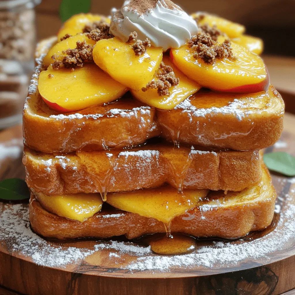 To make Peach Cobbler French Toast, gather these items: - 4 slices of thick bread (brioche or challah is best) - 2 ripe peaches, sliced (canned peaches work too; drain them) - 2 large eggs - 1 cup milk (whole or almond milk is great) - 1 tablespoon pure vanilla extract - 1 teaspoon ground cinnamon - 1 tablespoon brown sugar - 1 tablespoon unsalted butter (for cooking) - ½ cup granola (optional, for crunch) - Whipped cream (optional, for serving) If you have dietary needs, consider these swaps: - For gluten-free, use gluten-free bread. - Vegan? Swap eggs with flaxseed meal and use plant-based milk. - For low-sugar diets, try a sugar substitute in place of brown sugar. Picking peaches is easy with these tips: - Look for peaches that are firm but slightly soft when squeezed. - Choose fruit with a sweet smell; this indicates ripeness. - Avoid peaches with bruises or dark spots, as these can affect flavor and texture. By following these tips and using the right ingredients, you’ll make a delightful Peach Cobbler French Toast that everyone will love! Check out the Full Recipe for more details. Making Peach Cobbler French Toast is a fun and simple process. I’ll walk you through each step to ensure your dish turns out perfectly. 1. Mixing the egg custard: In a medium bowl, whisk together 2 large eggs, 1 cup of milk, 1 tablespoon of pure vanilla extract, and 1 teaspoon of ground cinnamon. Mix well until it is smooth and creamy. This egg custard gives the French toast its rich flavor. 2. Soaking the bread slices: Pour the egg mixture into a shallow dish. Take 4 slices of thick bread, like brioche or challah. Place each slice in the dish, soaking for about 2-3 minutes on each side. Make sure they absorb the custard well. 3. Preparing the peach topping: While the bread soaks, slice 2 ripe peaches. If you use canned peaches, ensure they are drained. In a small saucepan, combine the sliced peaches with 1 tablespoon of brown sugar. Cook over medium heat for about 5-7 minutes, stirring often. When the peaches are soft and syrupy, take them off the heat. 4. Cooking the French toast: Heat a skillet over medium heat and add 1 tablespoon of unsalted butter. Let the butter melt completely. Place the soaked bread slices in the skillet. Cook each side for 3-4 minutes until golden brown. The butter helps give the toast a nice, crisp texture. Once cooked, arrange the French toast on plates and spoon the warm peach topping over each slice. For a delightful crunch, you can sprinkle granola on top. If you want to indulge, add a dollop of whipped cream. For detailed steps, refer to the Full Recipe. - Achieving the perfect golden crust: To get that nice, golden crust, use thick bread. Brioche or challah works best. Soak each slice well, but don't leave it too long. This ensures the center stays soft while the outside crisps up. - Temperature control for even cooking: Keep your skillet or griddle at medium heat. If it’s too hot, the bread will burn before cooking through. If it’s too cool, you won’t get the lovely crust. Adjust as needed while cooking each slice. - How to avoid soggy bread: Soak the bread just enough to absorb the flavors. If the bread is too soggy, it won’t cook well. A quick 2-3 minute soak on each side is perfect for keeping it fluffy yet not falling apart. - Pairing with syrup or whipped cream: Drizzle with maple syrup for sweetness. A dollop of whipped cream adds a creamy touch. Both make your Peach Cobbler French Toast even more delightful. - Presentation ideas for special occasions: Stack the slices on a platter. Add warm peach syrup on top. Garnish with fresh peach slices. A sprinkle of cinnamon creates an eye-catching centerpiece for brunch. - Best sides to complement Peach Cobbler French Toast: Serve with crispy bacon or sausages for a savory balance. Fresh fruit adds color and freshness, making your meal more appealing. You can also add a light salad for a refreshing touch. For the full recipe, check out [Full Recipe]. {{image_4}} You can make Peach Cobbler French Toast to fit your diet. If you need gluten-free options, choose gluten-free bread. Many brands offer tasty alternatives. For dairy-free choices, almond or oat milk works well. Both give a nice flavor. You can also swap out spices. Try nutmeg or allspice for a twist. Extracts like almond or maple add a fun taste. To make this dish even better, think about adding nuts or seeds. Chopped pecans or walnuts give a nice crunch. You can also mix in berries. Blueberries or raspberries pair well with peaches. They add color and flavor. If you want new fruit choices, try apples or mango. Both fruits bring a fresh taste and keep it exciting. With these tips, you can create your own unique version. Check out the Full Recipe for more details! To keep your Peach Cobbler French Toast fresh, follow these tips: - Refrigerate promptly: Place leftover French toast in an airtight container within two hours of cooking. - Layer wisely: If you have multiple pieces, insert parchment paper between them to prevent sticking. - Use within three days: For the best taste and texture, enjoy your leftovers within this time. When it comes to reheating, use a skillet or microwave: - Skillet method: Heat on low for about 3-4 minutes on each side. This keeps the toast crispy. - Microwave method: Heat on medium for 30-second intervals until warm. This method may soften the toast. You can freeze Peach Cobbler French Toast for later enjoyment! Here’s how: - Cool completely: Let the French toast cool to room temperature before freezing. - Wrap well: Use freezer-safe bags or wrap each slice in plastic wrap, then aluminum foil. - Label and date: Write the date on the bag for easy tracking. To thaw and reheat: - Thaw overnight: Place in the fridge for several hours or overnight. - Reheat: Use the skillet method mentioned above or microwave for 1-2 minutes until hot. Now you can enjoy this delicious treat anytime! Check out the Full Recipe for all the details. Choosing the right bread makes a big difference. I recommend using thick slices of brioche or challah. These breads soak up the egg mixture well and become nice and fluffy. Look for bread that is fresh but not too soft. You want a sturdy texture that holds up during cooking. Yes, you can prepare some parts ahead of time. You can soak the bread slices in the egg mixture and store them in the fridge for a few hours. Just be sure to cook them right before serving. You can also prepare the peach topping in advance and warm it up when you are ready to eat. If you don’t have peaches, you can try other fruits. Fresh or canned sliced pears work well. You can also use berries like blueberries or strawberries. Just keep in mind that cooking times may vary slightly. The cooked Peach Cobbler French Toast lasts about three days in the fridge. Store it in an airtight container to keep it fresh. When you reheat it, warm it in a skillet or microwave until hot. This helps keep the texture nice. For the full recipe, check the one provided above. Peach Cobbler French Toast is a delightful dish that brings joy to breakfast. We covered ingredients, preparation steps, and useful tips for cooking. I offered ideas for variations, storage, and answers to common questions. Embrace your creativity with this recipe. Try different fruits or spices for unique flavors. Enjoy the process and make it your own! Happy cooking!