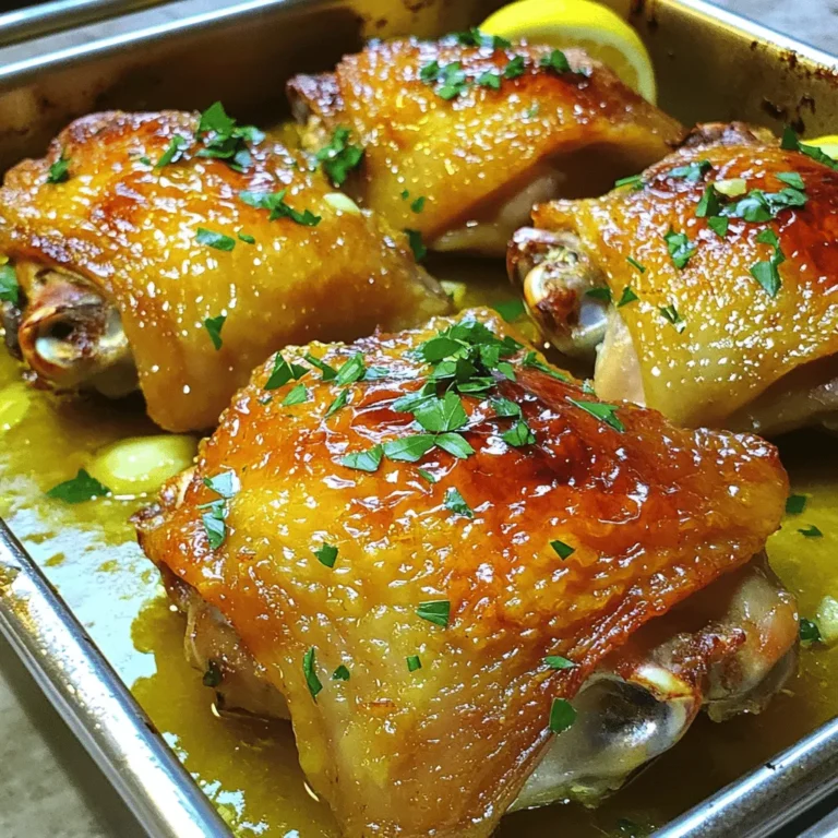 - 2 bone-in, skin-on chicken thighs - 1 large lemon, zested and juiced - 4 cloves of fresh garlic, finely minced - 2 tablespoons high-quality olive oil - 1 teaspoon dried oregano - 1 teaspoon smoked paprika - Salt and freshly cracked black pepper to taste - Fresh parsley, chopped, for a vibrant garnish The main ingredients create a bright and tasty dish. The lemon adds a nice zing, while the garlic gives it depth. Chicken thighs are juicy and flavorful, making them perfect for roasting. - 1 teaspoon honey for a touch of sweetness - 1 teaspoon red pepper flakes for heat - 1 tablespoon balsamic vinegar for richness You can add honey for a sweet twist. Red pepper flakes bring some heat, while balsamic vinegar adds depth. These extras let you customize the dish to your taste. - Mixing bowl for the marinade - Whisk for combining ingredients - Roasting pan for cooking the chicken - Meat thermometer to check doneness - Cutting board and knife for prepping ingredients Having the right tools makes cooking easier. A mixing bowl helps blend the marinade well. A meat thermometer ensures the chicken is safe to eat. The roasting pan gives the chicken room to brown nicely. This setup leads to a successful meal. You can find the full recipe in the next section. To make the marinade, gather your ingredients. You need lemon zest, lemon juice, garlic, olive oil, oregano, smoked paprika, salt, and pepper. In a small bowl, mix these items well. This blend gives your chicken a fresh and bold flavor. Using fresh garlic and good olive oil makes a big difference. Take your chicken thighs and place them in a dish or a bag. Pour the marinade over the chicken, covering each piece. This step is key. The longer you let it sit, the better the taste. Aim for at least 30 minutes. If you can, let it marinate for up to 2 hours in the fridge. Preheat your oven to 425°F (220°C). This hot setting helps the skin become crispy. Place the marinated chicken in a roasting pan with skin facing up. Drizzle any leftover marinade on top. Roast the chicken for about 35-40 minutes. You want the internal temperature to reach 165°F (75°C). The skin should look golden brown and crisp. After roasting, let the chicken rest for 5 minutes before serving. This helps keep the juices inside, making each bite juicy and tender. For a great finish, sprinkle chopped parsley on top before serving. Enjoy your Lemon Garlic Roasted Chicken with sides like roasted veggies or rice. For the full recipe, refer to the earlier section. To get crispy skin on your chicken, start with dry chicken thighs. Pat them dry with paper towels before marinating. This step helps the skin crisp up nicely in the oven. Another key is to roast at a high heat of 425°F. This helps render the fat under the skin. Also, don’t cover the chicken while it roasts. This allows steam to escape and keeps the skin crunchy. Marinating your chicken is vital for flavor. Aim for at least 30 minutes, but 2 hours is best. The longer you let it sit, the more flavors it absorbs. If you cannot wait, even 30 minutes will enhance the taste. Use a resealable bag for easy coating. Make sure all pieces are well coated with the lemon garlic marinade. This lemon garlic roasted chicken pairs well with many sides. Try roasted vegetables like carrots and broccoli. They add color and nutrients. Steamed rice is another good choice. It soaks up the juices well. For a fresh touch, a simple salad with mixed greens and a lemon vinaigrette works great. Explore these options to find your favorite pairing! {{image_4}} You can change the herbs to make this dish your own. Instead of oregano, try thyme or rosemary for a new taste. Both add a lovely aroma and flavor to the chicken. You can also use fresh herbs if you have them. Just chop them up and mix them in with the marinade. You can cook this chicken in different ways. Grilling adds a smoky flavor and crispy skin. Just follow the same marinating steps. Place the chicken on a hot grill and cook for about 6-8 minutes per side. Slow-cooking is another great option. It makes the chicken tender and juicy. Just place the marinated chicken in a slow cooker and cook on low for 6-8 hours. Roasting vegetables alongside your chicken can add flavor and color. You can use carrots, potatoes, or bell peppers for a tasty mix. Chop them into even pieces and toss them with olive oil, salt, and pepper. Place them in the roasting pan with the chicken. They will soak up all the yummy flavors from the chicken as they cook. This makes for a complete meal all in one dish! For the full recipe, check out the earlier sections. To keep your lemon garlic roasted chicken fresh, let it cool first. Then, place it in an airtight container. Make sure to label the container with the date. Store it in the fridge for up to three days. This way, you’ll enjoy its great flavor later. When you’re ready to enjoy leftovers, preheat your oven to 350°F (175°C). Place the chicken in an oven-safe dish. Cover it with foil to keep moisture in. Heat for about 20 minutes or until warm. This helps keep the chicken juicy and tasty. If you want to keep the chicken longer, freezing is a great option. Wrap each piece tightly in plastic wrap. Then place them in a freezer bag. Remove as much air as you can. You can freeze the chicken for up to three months. When you’re ready to eat, thaw it in the fridge overnight before reheating. Enjoy your flavorful meal anytime! Yes, you can use boneless chicken for this recipe. Boneless chicken cooks faster. It is great for quick meals. Use chicken breasts or thighs for the best taste. Just adjust the cooking time. Check for doneness after 25-30 minutes. To check if the chicken is fully cooked, use a meat thermometer. Insert it into the thickest part of the meat. The internal temperature should read 165°F (75°C). If you don’t have a thermometer, cut into the chicken. The juice should run clear, and the meat should not be pink. Other herbs that pair well with lemon garlic chicken include: - Thyme - Rosemary - Basil - Tarragon - Sage These herbs add unique flavors. You can mix and match them based on your taste. Feel free to experiment for more delicious meals. Lemon garlic roasted chicken is simple, tasty, and fun to make. We explored the main and optional ingredients, plus the tools you need. I shared step-by-step instructions to help you cook with ease. Remember, marination time matters for the best flavor. Enjoy crispy skin with my tips. You can mix it up with different herbs or cooking styles. Storing leftovers correctly keeps your meal fresh. I hope you feel confident to try this dish yourself. Enjoy cooking!