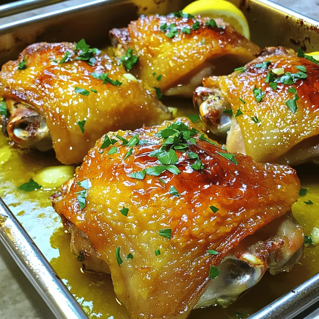 - 2 bone-in, skin-on chicken thighs - 1 large lemon, zested and juiced - 4 cloves of fresh garlic, finely minced - 2 tablespoons high-quality olive oil - 1 teaspoon dried oregano - 1 teaspoon smoked paprika - Salt and freshly cracked black pepper to taste - Fresh parsley, chopped, for a vibrant garnish The main ingredients create a bright and tasty dish. The lemon adds a nice zing, while the garlic gives it depth. Chicken thighs are juicy and flavorful, making them perfect for roasting. - 1 teaspoon honey for a touch of sweetness - 1 teaspoon red pepper flakes for heat - 1 tablespoon balsamic vinegar for richness You can add honey for a sweet twist. Red pepper flakes bring some heat, while balsamic vinegar adds depth. These extras let you customize the dish to your taste. - Mixing bowl for the marinade - Whisk for combining ingredients - Roasting pan for cooking the chicken - Meat thermometer to check doneness - Cutting board and knife for prepping ingredients Having the right tools makes cooking easier. A mixing bowl helps blend the marinade well. A meat thermometer ensures the chicken is safe to eat. The roasting pan gives the chicken room to brown nicely. This setup leads to a successful meal. You can find the full recipe in the next section. To make the marinade, gather your ingredients. You need lemon zest, lemon juice, garlic, olive oil, oregano, smoked paprika, salt, and pepper. In a small bowl, mix these items well. This blend gives your chicken a fresh and bold flavor. Using fresh garlic and good olive oil makes a big difference. Take your chicken thighs and place them in a dish or a bag. Pour the marinade over the chicken, covering each piece. This step is key. The longer you let it sit, the better the taste. Aim for at least 30 minutes. If you can, let it marinate for up to 2 hours in the fridge. Preheat your oven to 425°F (220°C). This hot setting helps the skin become crispy. Place the marinated chicken in a roasting pan with skin facing up. Drizzle any leftover marinade on top. Roast the chicken for about 35-40 minutes. You want the internal temperature to reach 165°F (75°C). The skin should look golden brown and crisp. After roasting, let the chicken rest for 5 minutes before serving. This helps keep the juices inside, making each bite juicy and tender. For a great finish, sprinkle chopped parsley on top before serving. Enjoy your Lemon Garlic Roasted Chicken with sides like roasted veggies or rice. For the full recipe, refer to the earlier section. To get crispy skin on your chicken, start with dry chicken thighs. Pat them dry with paper towels before marinating. This step helps the skin crisp up nicely in the oven. Another key is to roast at a high heat of 425°F. This helps render the fat under the skin. Also, don’t cover the chicken while it roasts. This allows steam to escape and keeps the skin crunchy. Marinating your chicken is vital for flavor. Aim for at least 30 minutes, but 2 hours is best. The longer you let it sit, the more flavors it absorbs. If you cannot wait, even 30 minutes will enhance the taste. Use a resealable bag for easy coating. Make sure all pieces are well coated with the lemon garlic marinade. This lemon garlic roasted chicken pairs well with many sides. Try roasted vegetables like carrots and broccoli. They add color and nutrients. Steamed rice is another good choice. It soaks up the juices well. For a fresh touch, a simple salad with mixed greens and a lemon vinaigrette works great. Explore these options to find your favorite pairing! {{image_4}} You can change the herbs to make this dish your own. Instead of oregano, try thyme or rosemary for a new taste. Both add a lovely aroma and flavor to the chicken. You can also use fresh herbs if you have them. Just chop them up and mix them in with the marinade. You can cook this chicken in different ways. Grilling adds a smoky flavor and crispy skin. Just follow the same marinating steps. Place the chicken on a hot grill and cook for about 6-8 minutes per side. Slow-cooking is another great option. It makes the chicken tender and juicy. Just place the marinated chicken in a slow cooker and cook on low for 6-8 hours. Roasting vegetables alongside your chicken can add flavor and color. You can use carrots, potatoes, or bell peppers for a tasty mix. Chop them into even pieces and toss them with olive oil, salt, and pepper. Place them in the roasting pan with the chicken. They will soak up all the yummy flavors from the chicken as they cook. This makes for a complete meal all in one dish! For the full recipe, check out the earlier sections. To keep your lemon garlic roasted chicken fresh, let it cool first. Then, place it in an airtight container. Make sure to label the container with the date. Store it in the fridge for up to three days. This way, you’ll enjoy its great flavor later. When you’re ready to enjoy leftovers, preheat your oven to 350°F (175°C). Place the chicken in an oven-safe dish. Cover it with foil to keep moisture in. Heat for about 20 minutes or until warm. This helps keep the chicken juicy and tasty. If you want to keep the chicken longer, freezing is a great option. Wrap each piece tightly in plastic wrap. Then place them in a freezer bag. Remove as much air as you can. You can freeze the chicken for up to three months. When you’re ready to eat, thaw it in the fridge overnight before reheating. Enjoy your flavorful meal anytime! Yes, you can use boneless chicken for this recipe. Boneless chicken cooks faster. It is great for quick meals. Use chicken breasts or thighs for the best taste. Just adjust the cooking time. Check for doneness after 25-30 minutes. To check if the chicken is fully cooked, use a meat thermometer. Insert it into the thickest part of the meat. The internal temperature should read 165°F (75°C). If you don’t have a thermometer, cut into the chicken. The juice should run clear, and the meat should not be pink. Other herbs that pair well with lemon garlic chicken include: - Thyme - Rosemary - Basil - Tarragon - Sage These herbs add unique flavors. You can mix and match them based on your taste. Feel free to experiment for more delicious meals. Lemon garlic roasted chicken is simple, tasty, and fun to make. We explored the main and optional ingredients, plus the tools you need. I shared step-by-step instructions to help you cook with ease. Remember, marination time matters for the best flavor. Enjoy crispy skin with my tips. You can mix it up with different herbs or cooking styles. Storing leftovers correctly keeps your meal fresh. I hope you feel confident to try this dish yourself. Enjoy cooking!
