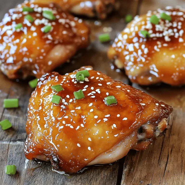 - 4 bone-in, skin-on chicken thighs - 1/4 cup honey - 2 tablespoons low-sodium soy sauce - 2 cloves garlic, minced - 1 tablespoon fresh ginger, grated - 1 teaspoon sesame oil - 1 teaspoon rice vinegar - 1 tablespoon sesame seeds (for garnish) - 2 green onions, finely chopped (for garnish) The chicken thighs are the star of this dish. Their rich flavor makes every bite juicy and satisfying. The honey adds a sweet touch that balances well with soy sauce. This mix creates a perfect flavor profile. For added depth, I use garlic and ginger. These two ingredients bring warmth and a nice kick. A hint of sesame oil adds a nutty flavor, while rice vinegar gives a tangy twist. Together, they elevate the dish to a new level. Garnishing with sesame seeds and green onions makes the meal visually appealing. The seeds add a subtle crunch, and the green onions offer a fresh taste. Together, they enhance the overall experience of this tasty dish. You can find the full recipe to make this delightful honey glazed chicken thighs at any time. Enjoy the burst of flavors and the joy of cooking! To make the marinade, grab a medium bowl. Combine these ingredients: honey, soy sauce, minced garlic, grated ginger, sesame oil, rice vinegar, salt, and pepper. Use a whisk to mix everything well. You want a smooth blend that coats the chicken nicely. This marinade gives the chicken its sweet and savory taste. Now, take your chicken thighs. Place them in a resealable bag or a shallow dish. Pour the marinade over the chicken. Make sure each thigh gets a good coat. Seal the bag or cover the dish and pop it into the fridge. For the best flavor, let it marinate for at least 30 minutes. If you have time, two hours is even better. Before you cook, preheat your oven to 400°F (200°C). This will help the chicken cook evenly. To keep things clean, line a baking dish with aluminum foil. Once the oven is ready, take out your chicken. Let any extra marinade drip off. Arrange the thighs in the baking dish, skin-side up. Save the leftover marinade for later. Now, bake the chicken for 30 to 35 minutes. It is done when the internal temperature hits 165°F (75°C). You want the skin to be crispy and golden. This step is key for a delicious finish. For the full recipe, refer to the detailed instructions provided above. To get that shiny glaze, basting is key. You want to brush the chicken with the marinade as it cooks. This helps the glaze stick and adds flavor. For crispy skin, you can raise the oven temperature for the last few minutes. This makes the skin golden and crunchy. A meat thermometer is your best friend here. Insert it into the thickest part of the thigh. When it reads 165°F (75°C), your chicken is done. If you don’t have a thermometer, look for clear juices. If the juices run clear, it’s safe to eat. You can swap honey for maple syrup if you like. It gives a different but tasty flavor. Fresh herbs like thyme or rosemary add a nice aroma. Just sprinkle them on before baking. These tips make your honey glazed chicken thighs even better. For the full recipe, check the earlier section. {{image_4}} You can spice things up with honey-glazed chicken. Adding chili flakes gives it a nice heat. Just a pinch will do for a mild kick. If you want more, feel free to add more flakes. Incorporating citrus zest adds a bright, tangy flavor. Lemon or orange zest works well. Just grate it finely and mix it into the marinade. This twist brings a fresh taste that brightens the dish. You can grill or bake honey-glazed chicken. Grilling gives a smoky flavor and charred edges. Bake it for a hands-off approach. The chicken stays juicy this way. Using a slow cooker is another option. Just place the marinated chicken in the cooker. Set it on low for about 4-6 hours. This method makes the chicken tender and full of flavor. Pair your honey-glazed chicken with various side dishes. Rice or quinoa complements the dish well. Steamed vegetables also add color and nutrition. For sauces and dips, consider a tangy yogurt sauce. It cools the heat from any spices you added. A simple salad dressing can also work well. Try it for a fresh contrast to the sweetness of the chicken. For the full recipe, check the earlier section. To keep your honey glazed chicken thighs fresh, store leftovers in the fridge. Place them in an airtight container. This helps prevent moisture loss and keeps the flavors intact. Try to eat the leftovers within three days for the best taste. If you want to save some for later, freezing is a good option. Wrap each thigh in plastic wrap, then place them in a freezer bag. This way, you can store them for up to three months. Just remember to label the bag with the date. When reheating, the oven is your best friend. Preheat it to 350°F (175°C). Place the chicken on a baking sheet. Cover it with foil to keep it moist. Heat for about 15-20 minutes. This method keeps the skin crispy and the meat juicy. If you need a quicker option, use the microwave. Place the chicken in a microwave-safe dish. Cover it with a damp paper towel. Heat in 1-minute intervals until warm. This method is fast but may not keep the skin crispy. Honey glazed chicken thighs last about three to four days in the fridge. Always check for signs of spoilage. If the chicken smells off or has a slimy texture, it’s best to throw it away. Also, look for any unusual colors. If the chicken looks gray or has dark spots, do not eat it. Safety first! Proper storage helps ensure you enjoy every bite of this delicious dish. You can use maple syrup or agave nectar. Both options add sweetness. Maple syrup has a rich flavor, while agave nectar is lighter. Measure the same amount as honey. These swaps work well in marinades. They bring a unique twist to your dish. Yes, you can use chicken breasts. They cook faster than thighs. Bake them for about 25-30 minutes. Breasts may not be as juicy as thighs. Adjust your cooking time to avoid dryness. Thighs are more forgiving with heat. You can pair the chicken with rice or quinoa. Steamed broccoli or green beans add color and crunch. A fresh salad balances out the meal. Try garlic bread for a comforting touch. These sides make your meal complete and tasty. Check the internal temperature with a meat thermometer. It should read 165°F (75°C). Look for golden, crispy skin as a sign too. If juices run clear when pierced, it's ready. Cooking it right ensures safety and flavor. You learned how to make honey-glazed chicken thighs from scratch. We covered the best ingredients, marination methods, and cooking techniques. With tips for flavor and storage, you can create a meal that's tasty and stress-free. Experiment with variations or substitutions based on your taste. This dish is versatile and suited for any occasion. Enjoy your cooking and the delicious results!