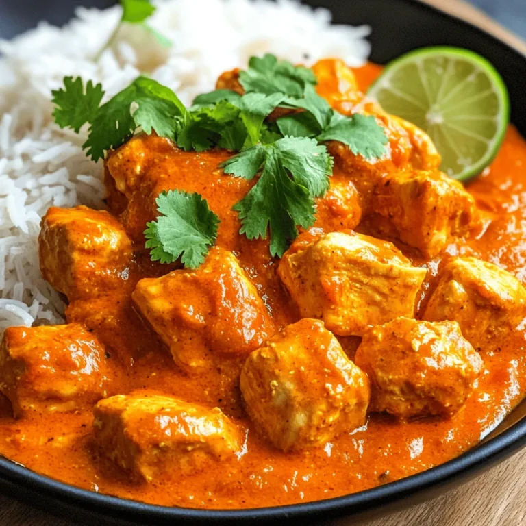 To make Easy Chicken Tikka Masala, gather these main ingredients: - 500g boneless chicken breast, cut into bite-sized cubes - 1 cup plain yogurt, preferably Greek for thickness - 2 tablespoons garam masala spice blend - 1 tablespoon ground cumin - 1 tablespoon ground coriander - 1 teaspoon turmeric powder - 1 teaspoon chili powder (adjust based on your heat preference) - 1 tablespoon ginger-garlic paste (homemade or store-bought) - 2 tablespoons vegetable oil (or ghee for a richer flavor) - 1 large onion, finely chopped - 1 can (400g) diced tomatoes, with juices - 1 cup heavy cream (or coconut cream for a dairy-free option) - Salt, to taste - Fresh cilantro leaves, chopped, for garnish You can enhance your Chicken Tikka Masala with these optional garnishes: - Fresh cilantro leaves, chopped - Lime wedges for a zesty touch - Sliced green chilies for extra heat - Toasted almonds or cashews for crunch If you need to change any ingredients, here are some easy swaps: - Use chicken thighs instead of chicken breast for more flavor. - Swap plain yogurt for buttermilk or sour cream for a tangy twist. - Use curry powder if you don’t have garam masala. - Replace heavy cream with coconut milk for a lighter option or to keep it dairy-free. - For a vegan dish, use tofu or chickpeas in place of chicken. This recipe is simple and flavorful, making it perfect for any home cook. Check out the Full Recipe for more details on preparation! Start by making the marinade. In a large bowl, mix one cup of plain yogurt with two tablespoons of garam masala. Then, add one tablespoon each of ground cumin and ground coriander. Next, sprinkle in one teaspoon of turmeric powder and one teaspoon of chili powder, adjusting for your spice level. Add one tablespoon of ginger-garlic paste and a pinch of salt. Whisk it all together until smooth. This marinade packs in the flavor and tenderizes the chicken well. Cut 500 grams of boneless chicken breast into small cubes. Next, add the chicken to your marinade. Make sure each piece gets coated well. Cover the bowl with plastic wrap and place it in the fridge for at least one hour. For the best taste, let it sit overnight. Heat two tablespoons of vegetable oil in a large skillet over medium heat. Once the oil is hot, toss in one finely chopped onion. Cook the onion until it turns golden brown and soft, about 5 to 7 minutes. Stir often to stop it from burning. Now, take the marinated chicken from the fridge. Let the extra marinade drip off before adding it to the skillet. Cook the chicken for about 6 to 8 minutes, stirring it frequently. You want the chicken to turn white and no longer look pink. After the chicken cooks, pour in one can of diced tomatoes with their juices. Stir it all together. Lower the heat and let it simmer for about 10 minutes. This process helps blend the flavors. When you see the mixture bubbling, reduce the heat even more. Slowly stir in one cup of heavy cream. Let it cook for another 5 to 10 minutes. The sauce will thicken up nicely. Taste it and add a little salt if needed. Don’t forget to garnish with fresh chopped cilantro before serving. This adds a nice touch of color and flavor. You can serve your easy chicken tikka masala with fluffy rice or warm naan. Enjoy this flavorful and simple dish! For the full recipe, check back to the ingredients section. To make your chicken tikka masala truly shine, use fresh spices. Spices lose their kick over time. Toasting them in a dry pan for a minute boosts their aroma. Always marinate the chicken for at least an hour. For the best results, let it sit in the fridge overnight. This allows the spices to soak in deeply. Use Greek yogurt for the marinade; it adds creaminess and tang. Lastly, finish with fresh cilantro to brighten the dish. Start by chopping your onions finely. This helps them cook evenly and blend into the sauce. Use a wide skillet. This allows the chicken to sear properly, giving it a nice color. When you cook the chicken, avoid overcrowding the pan. It can steam instead of sear, which is not what you want. Stir gently, and don’t rush the cooking time. Letting the sauce simmer helps the flavors mix well. Patience is key in cooking. One common mistake is skipping the marinating step. This can lead to bland chicken. Another mistake is not tasting the sauce. Always check the flavor before serving. If it tastes flat, try adding a pinch of salt or a splash of lemon juice. Some cooks forget to stir the sauce while it simmers. This can cause it to stick to the bottom. Lastly, don’t skip the garnish. A sprinkle of cilantro makes the dish look and taste better. For the complete recipe, check the Full Recipe. {{image_4}} You can easily make a vegetarian version of chicken tikka masala. Swap the chicken for paneer or tofu. Both absorb flavors well and provide a nice texture. Use the same marinade with yogurt and spices. Cook the paneer or tofu until golden brown. Then, mix it with the sauce just like the chicken. You can also add vegetables like bell peppers or cauliflower for more color and nutrition. Not everyone likes spicy food, and that’s okay! You can adjust the spice level in your dish. Use less chili powder if you prefer a milder taste. You can also add more yogurt to cool it down. For those who love heat, add extra chili powder or even fresh green chilies. Taste as you go, and find the perfect balance for your palate. If you want a lighter or dairy-free option, there are great alternatives to heavy cream. Coconut cream works well and adds a lovely tropical flavor. You can also use cashew cream for a rich, nutty taste. To make cashew cream, soak cashews in water, then blend until smooth. Both options keep the dish creamy while adding unique flavors. For the full recipe, check out the Easy Chicken Tikka Masala section. To keep your chicken tikka masala fresh, let it cool first. Then, place leftovers in an airtight container. Store it in the fridge for up to 3 days. If you want to keep it longer, consider freezing it. When reheating, I recommend using a skillet. Add a splash of water or cream to keep it moist. Heat it on low, stirring often. You can also use a microwave. Just cover it with a lid or wrap to trap steam. Heat in short bursts, stirring in between. You can freeze chicken tikka masala for about 2 to 3 months. Pour it into a freezer-safe container, leaving some space for expansion. Label the container with the date. When ready to eat, thaw it overnight in the fridge before reheating. Enjoy the flavors even after a few months! Yes, you can use frozen chicken for this recipe. Make sure to thaw it completely first. It’s best to marinate the chicken after thawing. This helps the flavors soak in better. Just remember, cooking time may increase a bit. Always check that the chicken is fully cooked. You can serve Chicken Tikka Masala with many sides. Here are a few ideas: - Fluffy basmati rice - Warm naan bread - Roasted vegetables - A fresh salad - Raita, a yogurt side dish These options pair well with the creamy sauce. They help balance the spices and enhance the meal. To add more heat to your Chicken Tikka Masala, try these tips: - Increase the chili powder in the marinade. - Add sliced fresh green chilies during cooking. - Include a pinch of cayenne pepper for a kick. - Serve with a side of spicy chutney. Adjusting spice levels lets you customize the dish to your taste. Enjoy your cooking adventure! This article covered key ingredients for Chicken Tikka Masala, from main items to optional garnishes. I shared step-by-step instructions and tips for boosting flavor. You learned about vegetarian options and how to store leftovers. Remember to avoid common mistakes and adjust spice levels to suit your taste. Cooking is all about trying new things. With these tips, you can make a delicious meal that everyone will love. Enjoy your cooking journey!