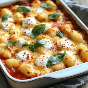 - 1 pound potato gnocchi - 2 tablespoons extra virgin olive oil - 2 cloves garlic, finely minced - 1 cup marinara sauce - 1 cup creamy ricotta cheese - 1 ½ cups shredded mozzarella cheese (divided) - ½ cup grated Parmesan cheese - 1 teaspoon dried oregano - 1 teaspoon red pepper flakes (optional for spice) - Fresh basil leaves for garnishing (optional) - Salt and freshly ground black pepper to taste The main ingredients create a rich, creamy flavor. The potato gnocchi forms the base, while the cheeses add a wonderful texture. Marinara sauce ties everything together, giving a warm, comforting taste. - Baking dish - Large pot - Skillet - Mixing bowl - Spoon or spatula Using the right kitchen tools makes cooking easy. A baking dish helps with even cooking. A large pot boils the gnocchi perfectly. A skillet is great for sautéing garlic, and a mixing bowl helps combine the cheeses smoothly. - Calories per serving: Approximately 450 calories - Macronutrients: - Protein: 20g - Fats: 25g - Carbohydrates: 40g - Dietary considerations: Vegetarian, with gluten-free options available This dish is filling and flavorful. It balances carbs, fats, and proteins well. You can adjust ingredients to fit dietary needs, making it easy to enjoy. For the full recipe, check out the Cheesy Baked Gnocchi Delight! - Preheat the oven to 375°F (190°C). - Cook the potato gnocchi according to package instructions. Start by preheating your oven. This step is key to getting a nice, golden top. While the oven heats, cook your gnocchi. Bring a large pot of salted water to a boil. Add the gnocchi and watch them closely. They will float when they are ready, usually in about 2 to 3 minutes. Drain them carefully and set them aside. - Sauté garlic in olive oil until fragrant. - Add marinara sauce and seasonings to the skillet. Next, let's make the sauce. Heat a large skillet over medium heat. Pour in the olive oil, then add the minced garlic. Sauté until the garlic smells great, about one minute. Be careful not to burn it. Now, pour in the marinara sauce and add your seasonings. This includes salt, pepper, and dried oregano. Stir everything together and let it simmer gently. - Layer gnocchi and ricotta mixture in a baking dish. - Top with remaining mozzarella and Parmesan before baking. Now comes the fun part—assembling your dish! In a mixing bowl, combine the ricotta cheese with half of the shredded mozzarella. Mix until creamy. In a large baking dish, layer half of the gnocchi, then spoon half of the ricotta mixture over it. Add the rest of the gnocchi and top with the remaining ricotta. Finally, sprinkle the rest of the mozzarella and Parmesan on top. If you like a bit of heat, add red pepper flakes. Now, place your baking dish in the oven. Bake for 25 to 30 minutes, until the top is bubbly and golden brown. You can check if it's done by looking for that perfect color. Enjoy your cheesy baked gnocchi straight from the oven or let it cool for a few minutes first. To get a great bake, set your oven to 375°F (190°C). This temperature helps the gnocchi cook evenly. Bake for 25 to 30 minutes. Your dish is done when the cheese bubbles and turns golden brown. It should smell wonderful too! Seasoning is key. Add salt and pepper at each step. This builds layers of flavor. Fresh herbs, like basil, can boost the taste even more. Pair your cheesy baked gnocchi with a crisp salad or garlic bread. These sides balance the richness of the dish. Don't overcook the gnocchi. They should be soft but not mushy. Follow package instructions for cooking time. Also, let the dish rest after baking. This helps the layers set and makes serving easier. Enjoy your delicious meal without any hassle! For the full recipe, check out Cheesy Baked Gnocchi Delight. {{image_4}} You can change up the cheese for a fun twist. Fontina and Gouda add nice flavors. Try mixing them with mozzarella for a creamy texture. You can also add veggies like spinach or mushrooms. Both choices give your dish extra color and taste. Just sauté them before mixing into the sauce for the best results. If you want a gluten-free meal, look for gluten-free gnocchi. Many stores sell these now. They taste great and work just like regular gnocchi. For the sauce, make sure to check for gluten-free marinara. This way, you can enjoy the same rich flavors without the gluten. Want to spice things up? Add more herbs like thyme or basil. This will change the taste to match your mood. You can also try different sauces. Alfredo or pesto can change the whole dish. Just remember to adjust the cheese for balance. Each option gives you a new dish to enjoy! To keep your cheesy baked gnocchi fresh, store it in an airtight container. Refrigerate it within two hours after cooking. It will stay good for up to three days in the fridge. If you want to save it longer, freeze it. Use a freezer-safe container and it can last for about two months. For the best taste, reheat your gnocchi in the oven. Preheat it to 350°F (175°C). Place the gnocchi in an oven-safe dish, cover it with foil, and heat for about 20 minutes. This method keeps the cheese melty and the gnocchi soft. If you use a microwave, heat in short bursts. Stir between each burst to avoid hot spots. You can make cheesy baked gnocchi ahead of time. Prepare it completely, then cool it down. Cover and freeze your dish for up to two months. When ready to eat, just thaw in the fridge overnight. Portion it out into smaller containers to make reheating easy. This way, you can enjoy a warm meal anytime! For the full recipe, check out the link. To make cheesy baked gnocchi, follow these steps: 1. Cook the gnocchi. Boil salted water and add potato gnocchi. They cook fast, usually in 2-3 minutes. When they float, they are done. 2. Sauté garlic. Heat olive oil in a skillet. Add minced garlic and cook until fragrant. 3. Add sauce. Stir in marinara sauce and let it simmer. Mix in the cooked gnocchi. 4. Prepare cheese mixture. In a bowl, blend ricotta with half the mozzarella. 5. Layer the dish. In a baking dish, layer gnocchi, ricotta mix, and top with the rest of the mozzarella and Parmesan. 6. Bake. Cook in a preheated oven at 375°F (190°C) for 25-30 minutes until golden and bubbly. Yes, you can prep cheesy baked gnocchi in advance. Prepare the gnocchi and sauce as usual. Layer everything in the baking dish, then cover and refrigerate. Bake it when you are ready to eat. This saves time and helps with meal planning. For a balanced meal, consider these side dishes: - A fresh green salad with vinaigrette - Steamed veggies like broccoli or asparagus - Garlic bread for that extra crunch - Roasted tomatoes for added flavor Absolutely! You can swap the marinara sauce for other options. Try Alfredo sauce for creaminess or pesto for a fresh twist. Tomato basil is also a great choice. Experiment with flavors to find your favorite. For the best flavor, use these cheeses: - Mozzarella for a stretchy, gooey texture - Ricotta for creaminess - Parmesan for a nutty finish You can also try Fontina or Gouda for a different taste. For detailed instructions, check out the Full Recipe for Cheesy Baked Gnocchi Delight. This blog post offered a complete guide to making cheesy baked gnocchi. We discussed ingredients, kitchen tools, and step-by-step instructions. Tips helped avoid common mistakes and enhance flavors. You can even tweak the recipe with different cheeses or gluten-free options. Store your leftovers properly for later enjoyment. Feel free to experiment with side dishes and sauces that suit your taste. Enjoy making this simple, delicious meal!
