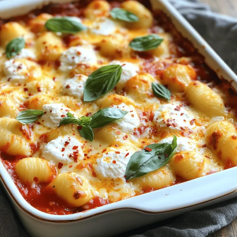 - 1 pound potato gnocchi - 2 tablespoons extra virgin olive oil - 2 cloves garlic, finely minced - 1 cup marinara sauce - 1 cup creamy ricotta cheese - 1 ½ cups shredded mozzarella cheese (divided) - ½ cup grated Parmesan cheese - 1 teaspoon dried oregano - 1 teaspoon red pepper flakes (optional for spice) - Fresh basil leaves for garnishing (optional) - Salt and freshly ground black pepper to taste The main ingredients create a rich, creamy flavor. The potato gnocchi forms the base, while the cheeses add a wonderful texture. Marinara sauce ties everything together, giving a warm, comforting taste. - Baking dish - Large pot - Skillet - Mixing bowl - Spoon or spatula Using the right kitchen tools makes cooking easy. A baking dish helps with even cooking. A large pot boils the gnocchi perfectly. A skillet is great for sautéing garlic, and a mixing bowl helps combine the cheeses smoothly. - Calories per serving: Approximately 450 calories - Macronutrients: - Protein: 20g - Fats: 25g - Carbohydrates: 40g - Dietary considerations: Vegetarian, with gluten-free options available This dish is filling and flavorful. It balances carbs, fats, and proteins well. You can adjust ingredients to fit dietary needs, making it easy to enjoy. For the full recipe, check out the Cheesy Baked Gnocchi Delight! - Preheat the oven to 375°F (190°C). - Cook the potato gnocchi according to package instructions. Start by preheating your oven. This step is key to getting a nice, golden top. While the oven heats, cook your gnocchi. Bring a large pot of salted water to a boil. Add the gnocchi and watch them closely. They will float when they are ready, usually in about 2 to 3 minutes. Drain them carefully and set them aside. - Sauté garlic in olive oil until fragrant. - Add marinara sauce and seasonings to the skillet. Next, let's make the sauce. Heat a large skillet over medium heat. Pour in the olive oil, then add the minced garlic. Sauté until the garlic smells great, about one minute. Be careful not to burn it. Now, pour in the marinara sauce and add your seasonings. This includes salt, pepper, and dried oregano. Stir everything together and let it simmer gently. - Layer gnocchi and ricotta mixture in a baking dish. - Top with remaining mozzarella and Parmesan before baking. Now comes the fun part—assembling your dish! In a mixing bowl, combine the ricotta cheese with half of the shredded mozzarella. Mix until creamy. In a large baking dish, layer half of the gnocchi, then spoon half of the ricotta mixture over it. Add the rest of the gnocchi and top with the remaining ricotta. Finally, sprinkle the rest of the mozzarella and Parmesan on top. If you like a bit of heat, add red pepper flakes. Now, place your baking dish in the oven. Bake for 25 to 30 minutes, until the top is bubbly and golden brown. You can check if it's done by looking for that perfect color. Enjoy your cheesy baked gnocchi straight from the oven or let it cool for a few minutes first. To get a great bake, set your oven to 375°F (190°C). This temperature helps the gnocchi cook evenly. Bake for 25 to 30 minutes. Your dish is done when the cheese bubbles and turns golden brown. It should smell wonderful too! Seasoning is key. Add salt and pepper at each step. This builds layers of flavor. Fresh herbs, like basil, can boost the taste even more. Pair your cheesy baked gnocchi with a crisp salad or garlic bread. These sides balance the richness of the dish. Don't overcook the gnocchi. They should be soft but not mushy. Follow package instructions for cooking time. Also, let the dish rest after baking. This helps the layers set and makes serving easier. Enjoy your delicious meal without any hassle! For the full recipe, check out Cheesy Baked Gnocchi Delight. {{image_4}} You can change up the cheese for a fun twist. Fontina and Gouda add nice flavors. Try mixing them with mozzarella for a creamy texture. You can also add veggies like spinach or mushrooms. Both choices give your dish extra color and taste. Just sauté them before mixing into the sauce for the best results. If you want a gluten-free meal, look for gluten-free gnocchi. Many stores sell these now. They taste great and work just like regular gnocchi. For the sauce, make sure to check for gluten-free marinara. This way, you can enjoy the same rich flavors without the gluten. Want to spice things up? Add more herbs like thyme or basil. This will change the taste to match your mood. You can also try different sauces. Alfredo or pesto can change the whole dish. Just remember to adjust the cheese for balance. Each option gives you a new dish to enjoy! To keep your cheesy baked gnocchi fresh, store it in an airtight container. Refrigerate it within two hours after cooking. It will stay good for up to three days in the fridge. If you want to save it longer, freeze it. Use a freezer-safe container and it can last for about two months. For the best taste, reheat your gnocchi in the oven. Preheat it to 350°F (175°C). Place the gnocchi in an oven-safe dish, cover it with foil, and heat for about 20 minutes. This method keeps the cheese melty and the gnocchi soft. If you use a microwave, heat in short bursts. Stir between each burst to avoid hot spots. You can make cheesy baked gnocchi ahead of time. Prepare it completely, then cool it down. Cover and freeze your dish for up to two months. When ready to eat, just thaw in the fridge overnight. Portion it out into smaller containers to make reheating easy. This way, you can enjoy a warm meal anytime! For the full recipe, check out the link. To make cheesy baked gnocchi, follow these steps: 1. Cook the gnocchi. Boil salted water and add potato gnocchi. They cook fast, usually in 2-3 minutes. When they float, they are done. 2. Sauté garlic. Heat olive oil in a skillet. Add minced garlic and cook until fragrant. 3. Add sauce. Stir in marinara sauce and let it simmer. Mix in the cooked gnocchi. 4. Prepare cheese mixture. In a bowl, blend ricotta with half the mozzarella. 5. Layer the dish. In a baking dish, layer gnocchi, ricotta mix, and top with the rest of the mozzarella and Parmesan. 6. Bake. Cook in a preheated oven at 375°F (190°C) for 25-30 minutes until golden and bubbly. Yes, you can prep cheesy baked gnocchi in advance. Prepare the gnocchi and sauce as usual. Layer everything in the baking dish, then cover and refrigerate. Bake it when you are ready to eat. This saves time and helps with meal planning. For a balanced meal, consider these side dishes: - A fresh green salad with vinaigrette - Steamed veggies like broccoli or asparagus - Garlic bread for that extra crunch - Roasted tomatoes for added flavor Absolutely! You can swap the marinara sauce for other options. Try Alfredo sauce for creaminess or pesto for a fresh twist. Tomato basil is also a great choice. Experiment with flavors to find your favorite. For the best flavor, use these cheeses: - Mozzarella for a stretchy, gooey texture - Ricotta for creaminess - Parmesan for a nutty finish You can also try Fontina or Gouda for a different taste. For detailed instructions, check out the Full Recipe for Cheesy Baked Gnocchi Delight. This blog post offered a complete guide to making cheesy baked gnocchi. We discussed ingredients, kitchen tools, and step-by-step instructions. Tips helped avoid common mistakes and enhance flavors. You can even tweak the recipe with different cheeses or gluten-free options. Store your leftovers properly for later enjoyment. Feel free to experiment with side dishes and sauces that suit your taste. Enjoy making this simple, delicious meal!