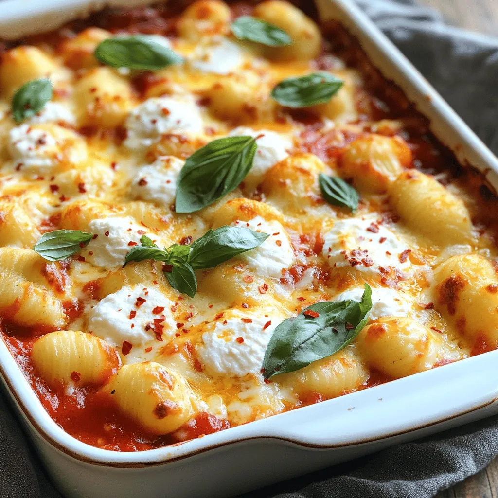 - 1 pound potato gnocchi - 2 tablespoons extra virgin olive oil - 2 cloves garlic, finely minced - 1 cup marinara sauce - 1 cup creamy ricotta cheese - 1 ½ cups shredded mozzarella cheese (divided) - ½ cup grated Parmesan cheese - 1 teaspoon dried oregano - 1 teaspoon red pepper flakes (optional for spice) - Fresh basil leaves for garnishing (optional) - Salt and freshly ground black pepper to taste The main ingredients create a rich, creamy flavor. The potato gnocchi forms the base, while the cheeses add a wonderful texture. Marinara sauce ties everything together, giving a warm, comforting taste. - Baking dish - Large pot - Skillet - Mixing bowl - Spoon or spatula Using the right kitchen tools makes cooking easy. A baking dish helps with even cooking. A large pot boils the gnocchi perfectly. A skillet is great for sautéing garlic, and a mixing bowl helps combine the cheeses smoothly. - Calories per serving: Approximately 450 calories - Macronutrients: - Protein: 20g - Fats: 25g - Carbohydrates: 40g - Dietary considerations: Vegetarian, with gluten-free options available This dish is filling and flavorful. It balances carbs, fats, and proteins well. You can adjust ingredients to fit dietary needs, making it easy to enjoy. For the full recipe, check out the Cheesy Baked Gnocchi Delight! - Preheat the oven to 375°F (190°C). - Cook the potato gnocchi according to package instructions. Start by preheating your oven. This step is key to getting a nice, golden top. While the oven heats, cook your gnocchi. Bring a large pot of salted water to a boil. Add the gnocchi and watch them closely. They will float when they are ready, usually in about 2 to 3 minutes. Drain them carefully and set them aside. - Sauté garlic in olive oil until fragrant. - Add marinara sauce and seasonings to the skillet. Next, let's make the sauce. Heat a large skillet over medium heat. Pour in the olive oil, then add the minced garlic. Sauté until the garlic smells great, about one minute. Be careful not to burn it. Now, pour in the marinara sauce and add your seasonings. This includes salt, pepper, and dried oregano. Stir everything together and let it simmer gently. - Layer gnocchi and ricotta mixture in a baking dish. - Top with remaining mozzarella and Parmesan before baking. Now comes the fun part—assembling your dish! In a mixing bowl, combine the ricotta cheese with half of the shredded mozzarella. Mix until creamy. In a large baking dish, layer half of the gnocchi, then spoon half of the ricotta mixture over it. Add the rest of the gnocchi and top with the remaining ricotta. Finally, sprinkle the rest of the mozzarella and Parmesan on top. If you like a bit of heat, add red pepper flakes. Now, place your baking dish in the oven. Bake for 25 to 30 minutes, until the top is bubbly and golden brown. You can check if it's done by looking for that perfect color. Enjoy your cheesy baked gnocchi straight from the oven or let it cool for a few minutes first. To get a great bake, set your oven to 375°F (190°C). This temperature helps the gnocchi cook evenly. Bake for 25 to 30 minutes. Your dish is done when the cheese bubbles and turns golden brown. It should smell wonderful too! Seasoning is key. Add salt and pepper at each step. This builds layers of flavor. Fresh herbs, like basil, can boost the taste even more. Pair your cheesy baked gnocchi with a crisp salad or garlic bread. These sides balance the richness of the dish. Don't overcook the gnocchi. They should be soft but not mushy. Follow package instructions for cooking time. Also, let the dish rest after baking. This helps the layers set and makes serving easier. Enjoy your delicious meal without any hassle! For the full recipe, check out Cheesy Baked Gnocchi Delight. {{image_4}} You can change up the cheese for a fun twist. Fontina and Gouda add nice flavors. Try mixing them with mozzarella for a creamy texture. You can also add veggies like spinach or mushrooms. Both choices give your dish extra color and taste. Just sauté them before mixing into the sauce for the best results. If you want a gluten-free meal, look for gluten-free gnocchi. Many stores sell these now. They taste great and work just like regular gnocchi. For the sauce, make sure to check for gluten-free marinara. This way, you can enjoy the same rich flavors without the gluten. Want to spice things up? Add more herbs like thyme or basil. This will change the taste to match your mood. You can also try different sauces. Alfredo or pesto can change the whole dish. Just remember to adjust the cheese for balance. Each option gives you a new dish to enjoy! To keep your cheesy baked gnocchi fresh, store it in an airtight container. Refrigerate it within two hours after cooking. It will stay good for up to three days in the fridge. If you want to save it longer, freeze it. Use a freezer-safe container and it can last for about two months. For the best taste, reheat your gnocchi in the oven. Preheat it to 350°F (175°C). Place the gnocchi in an oven-safe dish, cover it with foil, and heat for about 20 minutes. This method keeps the cheese melty and the gnocchi soft. If you use a microwave, heat in short bursts. Stir between each burst to avoid hot spots. You can make cheesy baked gnocchi ahead of time. Prepare it completely, then cool it down. Cover and freeze your dish for up to two months. When ready to eat, just thaw in the fridge overnight. Portion it out into smaller containers to make reheating easy. This way, you can enjoy a warm meal anytime! For the full recipe, check out the link. To make cheesy baked gnocchi, follow these steps: 1. Cook the gnocchi. Boil salted water and add potato gnocchi. They cook fast, usually in 2-3 minutes. When they float, they are done. 2. Sauté garlic. Heat olive oil in a skillet. Add minced garlic and cook until fragrant. 3. Add sauce. Stir in marinara sauce and let it simmer. Mix in the cooked gnocchi. 4. Prepare cheese mixture. In a bowl, blend ricotta with half the mozzarella. 5. Layer the dish. In a baking dish, layer gnocchi, ricotta mix, and top with the rest of the mozzarella and Parmesan. 6. Bake. Cook in a preheated oven at 375°F (190°C) for 25-30 minutes until golden and bubbly. Yes, you can prep cheesy baked gnocchi in advance. Prepare the gnocchi and sauce as usual. Layer everything in the baking dish, then cover and refrigerate. Bake it when you are ready to eat. This saves time and helps with meal planning. For a balanced meal, consider these side dishes: - A fresh green salad with vinaigrette - Steamed veggies like broccoli or asparagus - Garlic bread for that extra crunch - Roasted tomatoes for added flavor Absolutely! You can swap the marinara sauce for other options. Try Alfredo sauce for creaminess or pesto for a fresh twist. Tomato basil is also a great choice. Experiment with flavors to find your favorite. For the best flavor, use these cheeses: - Mozzarella for a stretchy, gooey texture - Ricotta for creaminess - Parmesan for a nutty finish You can also try Fontina or Gouda for a different taste. For detailed instructions, check out the Full Recipe for Cheesy Baked Gnocchi Delight. This blog post offered a complete guide to making cheesy baked gnocchi. We discussed ingredients, kitchen tools, and step-by-step instructions. Tips helped avoid common mistakes and enhance flavors. You can even tweak the recipe with different cheeses or gluten-free options. Store your leftovers properly for later enjoyment. Feel free to experiment with side dishes and sauces that suit your taste. Enjoy making this simple, delicious meal!