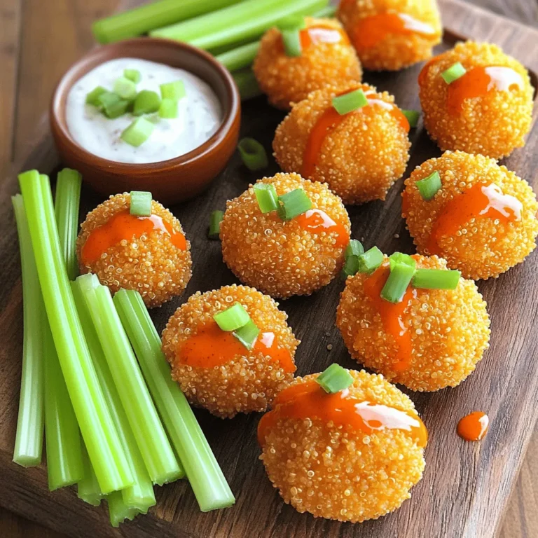 To make Buffalo Quinoa Bites, you need these key ingredients: - 1 cup quinoa, rinsed - 2 cups vegetable broth - 1/2 cup grated carrots - 1/2 cup finely chopped celery - 1/2 cup buffalo sauce (plus extra for drizzling on top) - 1/4 cup finely chopped green onions (plus more for garnish) - 1/2 cup shredded cheddar cheese - 1/4 cup whole wheat flour - 1 teaspoon garlic powder - 1/2 teaspoon onion powder - Salt and freshly ground black pepper, to taste - Olive oil spray These ingredients work together to create a tasty bite that is both crunchy and soft. The quinoa provides a great base, while the buffalo sauce adds that spicy kick. You can enhance the flavor with these optional ingredients: - Chopped parsley for freshness - A pinch of cayenne pepper for extra heat - A squeeze of lemon juice for brightness These additions can make your bites even more exciting. Use what you like or have on hand to customize them. Each ingredient in Buffalo Quinoa Bites offers unique health benefits: - Quinoa: High in protein and fiber, it keeps you full. - Vegetable broth: Adds flavor without extra calories or fat. - Carrots: Full of vitamins and antioxidants for healthy skin. - Celery: Low in calories, it adds crunch and hydration. - Buffalo sauce: Adds flavor with minimal calories. - Green onions: Great source of vitamin K, good for bone health. - Cheddar cheese: Provides calcium and protein. - Whole wheat flour: Adds fiber to support digestion. - Garlic powder: Known for its immune-boosting properties. - Onion powder: Contains antioxidants that support heart health. - Olive oil spray: Healthy fat that helps with nutrient absorption. This mix of ingredients makes Buffalo Quinoa Bites not only delicious but also a smart snack choice. Start by rinsing 1 cup of quinoa under cold water. This helps remove any bitterness. Next, bring 2 cups of vegetable broth to a boil in a medium saucepan. Once it boils, add the rinsed quinoa. Cover the pot, turn the heat to low, and let it simmer for about 15 minutes. After cooking, fluff the quinoa with a fork and let it cool. While the quinoa cooks, grate 1/2 cup of carrots and chop 1/2 cup of celery. These veggies add crunch and flavor. In a large bowl, combine the cooled quinoa, grated carrots, chopped celery, and 1/2 cup of buffalo sauce. Add 1/4 cup of chopped green onions, 1/2 cup of shredded cheddar cheese, and 1/4 cup of whole wheat flour. Sprinkle in 1 teaspoon of garlic powder and 1/2 teaspoon of onion powder. Season with salt and pepper to taste. Mix everything together until it’s well blended. This mixture is the heart of your bites. Preheat your oven to 400°F (200°C). Lightly grease a baking sheet with olive oil or cooking spray. Roll the mixture into small balls, about 1-2 inches in diameter, and place them on the sheet. Lightly spray the tops with olive oil to help them crisp up. Bake the bites for 20-25 minutes, flipping them halfway for even cooking. They should turn golden brown and crispy. Once done, drizzle with more buffalo sauce if you like. Enjoy these tasty bites as a fun snack or appetizer! For the full recipe, check the details above. To get your Buffalo Quinoa Bites crispy, use a few simple tricks. First, make sure you spray olive oil on top before baking. This helps them brown nicely. Second, flip the bites halfway through cooking. This ensures even crisping on all sides. Finally, bake them longer if needed. Keep an eye on them to avoid burning. These bites are great on their own, but you can make them even better. Serve them with creamy ranch or blue cheese dressing for dipping. Fresh celery sticks add a nice crunch. You can also pair them with carrot sticks to balance the heat. For a fun twist, try serving them on a platter with mini sliders. Many cooks make easy mistakes that affect taste and texture. Avoid overcooking the quinoa; it should be fluffy, not mushy. Don’t skip the garlic and onion powders; they boost flavor. Also, be careful with the buffalo sauce. Too much can make the bites soggy. Lastly, shape the bites evenly for consistent cooking. {{image_4}} You can change the heat level of your Buffalo Quinoa Bites. For a spicy kick, add more buffalo sauce. You can also mix in chopped jalapeños or cayenne pepper. If you prefer a milder flavor, reduce the buffalo sauce. You can substitute it with a tangy barbecue sauce. Mixing in honey or maple syrup can balance the heat too. To make these bites gluten-free, swap whole wheat flour for almond flour or a gluten-free blend. For a vegan version, replace the cheddar cheese with a plant-based cheese. You can also use flaxseed meal mixed with water as an egg substitute. This keeps the bites together without eggs. Serve your Buffalo Quinoa Bites in fun ways. Try serving them on a bed of fresh greens for a salad twist. You can also use small lettuce leaves as wraps. Pair them with different dips like hummus or guacamole. For a crunchy side, serve with carrot and cucumber sticks. Check the Full Recipe for more serving ideas! To store leftover Buffalo Quinoa Bites, first let them cool down. Place them in an airtight container. Make sure to separate layers with parchment paper to avoid sticking. Store in the fridge for up to five days. This keeps them fresh and ready for snacking. When you are ready to enjoy your leftovers, preheat the oven to 350°F (175°C). Place the quinoa bites on a baking sheet lined with parchment paper. Heat them for about 10-15 minutes until they are warm and crispy. You can also use an air fryer for a few minutes for extra crunch. If you want to freeze your Buffalo Quinoa Bites, place them on a baking sheet in a single layer. Freeze until solid, then transfer them to a freezer bag. They will last for up to three months. To thaw, simply take them out and place in the fridge overnight. Reheat as mentioned above. Enjoy your snack anytime with these easy storage tips! The best way to reheat Buffalo Quinoa Bites is in the oven. Preheat your oven to 350°F (175°C). Place the bites on a baking sheet and heat for about 10-15 minutes. This keeps them crispy. You can also use an air fryer. Set it to 350°F (175°C) and cook for 5-7 minutes. Yes, you can make Buffalo Quinoa Bites in advance. Prepare the bites and store them in an airtight container in the fridge. They stay fresh for up to three days. You can also freeze them. Just make sure to let them cool before freezing. Absolutely! Buffalo Quinoa Bites are great for meal prep. They are easy to make in batches. You can portion them into containers for quick lunches or snacks. Just reheat when you are ready to eat. They work well with salads or as a side dish. To make Buffalo Quinoa Bites spicier, add more buffalo sauce to the mix. You can also mix in chopped jalapeños or crushed red pepper flakes. For an extra kick, drizzle more buffalo sauce on top after baking. Adjust the spice level to fit your taste! For the full recipe, check out the details above. Buffalo quinoa bites combine tasty ingredients with easy steps for a healthy snack. We explored how to prep quinoa and veggies, mix flavors, and bake them to crispy perfection. I shared tips to avoid common mistakes and suggested fun serving ideas. Remember, Variations cater to all diets, and storing leftovers is simple. Now, you can enjoy this nutritious treat anytime! Dive in and make these bites your own. Your taste buds will thank you!