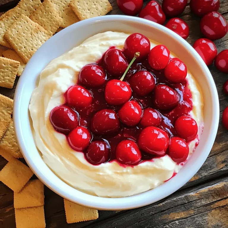 To make Cherry Cheesecake Dip, gather these simple ingredients: - 8 oz cream cheese, softened - 1/2 cup powdered sugar - 1 teaspoon pure vanilla extract - 1/4 cup sour cream - 1 cup cherry pie filling or fresh cherries - 1/2 teaspoon freshly squeezed lemon juice - Graham crackers or vanilla wafers - Fresh cherries for garnish These items come together to create a rich and creamy dip. The cream cheese gives it a smooth texture. The powdered sugar adds sweetness. The vanilla extract brings warmth and flavor. Sour cream adds a nice tang. You can use cherry pie filling for ease or fresh cherries for freshness. Lemon juice brightens the taste. Graham crackers or vanilla wafers make perfect dippers. Fresh cherries on top make it look beautiful. If you want to see how to put this all together, check the Full Recipe. 1. Beat the cream cheese until smooth. Start with 8 oz of softened cream cheese in a large bowl. Use an electric mixer on medium speed. Beat for about 2-3 minutes. You want it creamy and smooth. 2. Mix in powdered sugar gradually. Take 1/2 cup of sifted powdered sugar. Slowly add it to the bowl while mixing on low speed. Keep mixing until there are no lumps. This step adds sweetness. 3. Add vanilla extract and sour cream. Measure 1 teaspoon of vanilla extract and 1/4 cup of sour cream. Mix them in on medium speed. Blend until fluffy, about 1 minute. This gives a nice flavor and creaminess. 1. Fold in cherry pie filling and lemon juice. Use 1 cup of cherry pie filling. You can also use fresh cherries if you prefer. Add 1/2 teaspoon of fresh lemon juice. Gently fold these into the mixture with a spatula. Be careful not to over-stir; you want to keep some cherry chunks. 2. Spoon mixture into serving bowl. Take a decorative bowl and carefully spoon the dip mixture into it. Make it look nice! This is where the magic happens. 1. Chill in the refrigerator. Cover the bowl with plastic wrap. Place it in the fridge for at least 30 minutes. This lets the flavors come together. 2. Prepare accompaniments for dipping. While the dip chills, get your dippers ready. Use graham crackers or vanilla wafers. These pair perfectly with the creamy dip. When you serve, it will look and taste wonderful! For the complete recipe, check [Full Recipe]. Softened cream cheese is key to a smooth dip. It blends easily and avoids lumps. To get it just right, leave the cream cheese out for about an hour. You want it soft, not melted. When adding powdered sugar, do it slowly. Sprinkle it in while mixing. This helps it mix well. If you add it all at once, you may get clumps. A fine sift can help too, ensuring smoothness. You can add extra flavors to make this dip special. Try a splash of almond extract or a bit of cocoa powder. These can give the dip a different twist. If you want it sweeter, taste as you mix. You can add more sugar if you like. Just remember that the cherry pie filling adds some sweetness too. Serve your dip in a fun bowl to catch the eye. You can use a bright plate for contrast. This makes it stand out at parties. For garnish, top the dip with fresh cherries. They look great and taste amazing! You can also add a sprinkle of crushed graham crackers on top for crunch. Serve with a mix of graham crackers and vanilla wafers for a tasty dipper combo. For the full recipe, check out the Cherry Cheesecake Dip Delight. {{image_4}} You can switch up the fruit in this dip. Instead of cherries, try blueberries or strawberries. They add a fresh taste and a fun color. You can also mix in other pie fillings. Peach or apple pie filling works well too. Each fruit gives the dip a unique flavor. Experiment and find your favorite! Want to try something new? Create a chocolate cheesecake dip. Use cream cheese and mix in cocoa powder and chocolate chips. It’s rich and sweet. You can also make a peanut butter cheesecake dip. Just blend in creamy peanut butter for a nutty twist. Both options are sure to please your guests. If you need gluten-free options, use gluten-free graham crackers. They taste great and keep the dip crunchy. For vegan variations, swap the cream cheese for vegan cream cheese. You can also use maple syrup instead of powdered sugar. These changes make the dip suitable for more diets. Enjoy every bite without worry! Cherry cheesecake dip can last up to 3 days in the fridge. To keep it fresh, store it in an airtight container. This will prevent the dip from drying out and help it stay creamy. Make sure the container is sealed tight before placing it in the fridge. Can you freeze cherry cheesecake dip? Yes, you can! Freezing helps you save leftovers for later. To freeze it, place the dip in a freezer-safe container. Leave some space at the top, as the dip may expand when frozen. When you want to enjoy it again, thaw the dip in the fridge overnight. Avoid microwaving it, as this can change the texture. After thawing, stir it gently to bring back the creamy consistency. Enjoy your cherry cheesecake dip anytime! You can make this dip without cream cheese by using Greek yogurt or cottage cheese. Both options give a creamy texture. For a sweeter taste, add a bit more powdered sugar. You can also blend in ricotta cheese for a slight twist. These substitutes keep the dip light and flavorful. Yes, fresh cherries work great! They add a bright, juicy flavor. Chopping them finely keeps the texture nice. You might want to add a bit of sugar to balance the tartness. This change can make your dip taste fresh and vibrant. For the best dipping experience, try graham crackers, vanilla wafers, or fresh fruit slices. You can also use pretzels for a salty twist. Present your dip in a colorful bowl and surround it with your dippers. Add fresh cherries on top for a fun touch. This makes your dish look inviting and tasty. This blog post covered the easy steps to make cherry cheesecake dip. We started with the ingredients, then moved on to making, chilling, and serving the dip. I shared helpful tips for great texture and flavor. You can also explore fun variations like using other fruits or dips. Finally, we discussed storing your delicious creation. This dip is perfect for gatherings or a family treat. Enjoy making it and tasting the joy it brings!