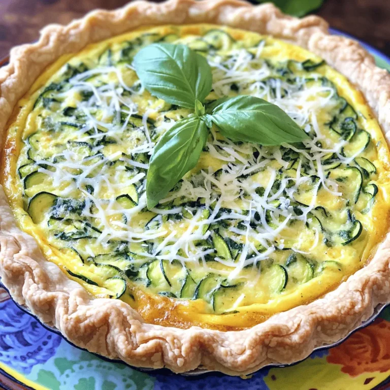 - 1 pre-made pie crust - 2 medium zucchinis, grated - 2 cups fresh spinach, chopped - 1 small onion, finely chopped - 3 large eggs - 1 cup milk I love using a pre-made pie crust for this quiche. It saves time and effort. The zucchinis bring a fresh taste, while the spinach adds color and nutrients. Eggs and milk create a rich, creamy texture that binds everything together. - 1 teaspoon garlic powder - Salt and pepper to taste - 1 tablespoon olive oil Garlic powder gives this dish a warm flavor. I always add salt and pepper to enhance the taste. Olive oil is perfect for cooking the veggies and adds a nice depth of flavor. - 1 cup shredded mozzarella cheese - 1/2 cup grated Parmesan cheese Cheese is key for a tasty quiche. Mozzarella melts beautifully, while Parmesan adds a sharp, salty kick. Together, they create a delightful flavor mix that elevates your dish. Don't forget to check the full recipe for complete details! First, heat olive oil in a skillet over medium heat. Add the finely chopped onion. Sauté it for about 3-4 minutes until it turns soft and clear. Next, add the grated zucchini and chopped spinach. Stir often and cook for about 5 minutes. The veggies should become tender, and any extra water will cook off. I love adding garlic powder, salt, and pepper to boost the flavor. After cooking, take it off the heat and let it cool for a moment. In a large bowl, whisk together the eggs and milk until they blend smoothly. This is where the magic begins! Next, add in the shredded mozzarella and grated Parmesan cheese. Fold them in gently. This mixture will bring richness to your quiche. It’s important that the cheese mixes well but still keeps some texture. Now, pour the vegetable and egg mixture into the prepared pie crust. Spread it out evenly to help it cook well. Place the quiche in your preheated oven. Bake for 30-35 minutes. You’ll know it’s ready when the edges turn golden brown and a toothpick inserted in the center comes out clean. Let it cool for about 10 minutes before slicing. This resting time helps enhance the flavors. You can find the full recipe in the previous section for all these steps! To get the best texture for your quiche, you must control moisture. Zucchini has a lot of water, which can make your quiche soggy. To fix this, grate the zucchini and lightly salt it. Let it sit for 10 minutes, then squeeze out the excess liquid. This step is key to a firm quiche. The cooking time can vary based on your oven. I find that checking it a few minutes early helps. If the edges look golden and a toothpick comes out clean, it's ready! For more flavor, consider adding fresh herbs like thyme or basil. A pinch of red pepper flakes can add a nice kick. You can also play with spices, like paprika or onion powder. Each of these can change the taste in a fun way. Cheese is another way to boost flavor. While mozzarella and Parmesan are great, try using feta or goat cheese for a tangy twist. These types add both creaminess and a bit of zest to the dish. When serving your zucchini spinach quiche, aim for a bright plate. A colorful plate makes a dish look more appealing. Add fresh basil or parsley on top for an eye-catching touch. You can also serve it with a light salad drizzled with citrus vinaigrette. This adds freshness and balance. For a photo-worthy presentation, slice the quiche into neat pieces. Arrange them in a circle on the plate. This simple trick makes your dish look polished and ready for sharing. Don't forget to snap a picture before you dig in! For the complete recipe, check out the [Full Recipe]. {{image_4}} You can switch up the veggies in your quiche. Broccoli, bell peppers, or mushrooms work great. Each veggie brings its own taste and texture. You can also try seasonal additions. In spring, add asparagus, and in fall, use roasted squash. This keeps your quiche fresh and exciting. If you need a gluten-free quiche, use a gluten-free crust. Many stores sell these now, or you can make your own. If you make your crust, use almond flour or coconut flour for a nice texture. You may need to adjust the liquid in the filling. This helps keep the quiche moist and tasty. Making mini quiches is fun and easy. You can use a muffin tin for individual servings. Just pour the mixture into each cup and fill them about three-quarters full. Bake for about 20-25 minutes. Keep an eye on them to avoid burning. These mini quiches are perfect for snacks or brunch. You can even freeze them for later! Check out the Full Recipe for more details. To keep your quiche fresh, store it in an airtight container. This helps keep moisture out. It stays fresh in the fridge for up to three days. If you plan to eat it later, cover it tightly with plastic wrap or foil. You can freeze your quiche before or after baking. If freezing before baking, wrap it well. This way, you can bake it fresh later. For freezing after baking, let it cool completely first. Store it in an airtight container. It can last up to three months in the freezer. When ready to eat, thaw it in the fridge overnight. For the best taste, reheat your quiche in the oven. Set it to 350°F (175°C) and heat for about 15-20 minutes. This keeps the crust crispy. You can also use a microwave for quick heating. However, the crust may not stay as crunchy. Heat slices for about 1-2 minutes. Always check that it's hot in the middle before serving. You can tell the quiche is done by looking for a few key signs. The edges should be golden brown, and the center should be firm. If you gently shake the quiche, it should not jiggle. Another great way to check is with a toothpick. Insert it into the center of the quiche. If it comes out clean, your quiche is ready to enjoy. Yes, you can use frozen spinach in this recipe. However, it’s important to make a few adjustments. First, thaw the spinach completely and drain any excess water. This helps prevent the quiche from becoming too watery. You may also want to chop the spinach further after thawing. This ensures even distribution in your quiche. Zucchini spinach quiche pairs well with many side dishes. A simple green salad with a light vinaigrette works great. You can also serve it with roasted vegetables for added flavor. If you want something heartier, serve it alongside a bowl of creamy tomato soup. This combination makes for a balanced and tasty meal. This blog post covers how to make a tasty zucchini and spinach quiche. You learned about the main ingredients, like pre-made crust and eggs, plus the best seasonings. I shared step-by-step instructions for preparing and baking. You also got tips for perfecting texture and ideas for variations. Making this dish can be easy and fun. Enjoy experimenting with flavors and ingredients. Whether you serve it for breakfast or dinner, this quiche will impress. Get cooking and enjoy your delicious creation!