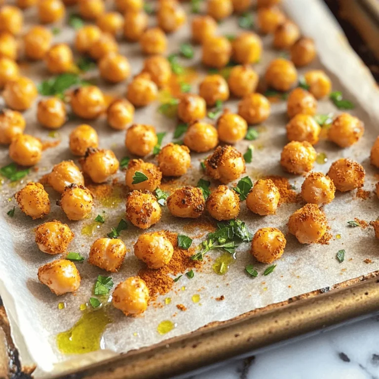 - 1 can (15 oz) chickpeas, thoroughly drained and rinsed - 2 tablespoons extra-virgin olive oil - 1 teaspoon smoked paprika - 1 teaspoon ground cumin - 1/2 teaspoon garlic powder - 1/2 teaspoon onion powder - 1/2 teaspoon fine sea salt - 1/4 teaspoon freshly ground black pepper - 1/4 teaspoon cayenne pepper (optional for an extra kick) - Fresh herbs for garnish (choose either parsley or cilantro) Chickpeas are not just tasty; they are also very good for you. They are high in protein and fiber. This makes them great for filling you up. They also contain many vitamins and minerals, like iron and magnesium. Plus, they are low in calories. Enjoying chickpeas can help you feel full without overloading on calories. With this recipe, you get a healthy snack that is easy to make. Try out the full recipe for a crunchy treat that you can feel good about! 1. Preheat your oven: Set your oven to 400°F (200°C). Preheating helps the chickpeas roast evenly and become crispy. 2. Prepare and dry the chickpeas: Open a can of chickpeas (15 oz), drain, and rinse them well. After rinsing, use a clean towel or paper towels to dry them thoroughly. This step is very important. Dry chickpeas will become crispier when roasted. 1. Combine chickpeas with seasoning: In a large bowl, mix the dry chickpeas with 2 tablespoons of extra-virgin olive oil. Add 1 teaspoon of smoked paprika, 1 teaspoon of ground cumin, 1/2 teaspoon of garlic powder, 1/2 teaspoon of onion powder, 1/2 teaspoon of fine sea salt, 1/4 teaspoon of freshly ground black pepper, and 1/4 teaspoon of cayenne pepper (if you want some heat). Stir until every chickpea is covered with the spices. 2. Spread on a baking sheet: Line a baking sheet with parchment paper for easy cleanup. Spread the seasoned chickpeas in a single layer on the sheet. Avoid overcrowding them, as this helps them roast properly. 3. Roasting in the oven: Place the baking sheet in the oven. Roast the chickpeas for 25-30 minutes. About halfway through, shake the pan to move the chickpeas around. This helps them brown evenly. 4. Checking for doneness: The chickpeas are done when they are golden brown and crunchy. Keep an eye on them to avoid burning. 1. Cooling and garnishing: Once roasted, take the baking sheet out of the oven. Let the chickpeas cool for around 5 minutes. They will crisp up even more as they cool. Before serving, sprinkle freshly chopped herbs like parsley or cilantro on top for color and taste. This recipe will give you a tasty and healthy snack. For the full recipe, check out the Crunchy Spice Bomb Chickpeas. To get the best crunch from your chickpeas, start by drying them well. After rinsing, pat them with a towel until they are completely dry. Moisture is the enemy of crispiness! Next, set your oven to 400°F (200°C). This high heat helps to make them golden and crisp. Roast them for 25 to 30 minutes. Remember to shake the pan halfway through cooking. This way, they brown evenly. You can take your chickpeas to the next level with spices. Try adding smoked paprika for a warm flavor. Ground cumin brings a nice earthiness. If you want heat, cayenne pepper works well. You can also add fresh herbs like parsley or cilantro for a pop of color. Citrus zest, such as lemon or lime, can brighten the taste and make your snack even more special. Crispy roasted chickpeas make a great snack on their own. They pair well with dips like hummus or guacamole. For gatherings, serve them in a rustic bowl or on a chic platter. They look great and invite people to dig in. You can also sprinkle some extra herbs on top for a beautiful finish. For the full recipe, check out Crunchy Spice Bomb Chickpeas . {{image_4}} You can easily change the flavor of your crispy roasted chickpeas. Try a spicy Moroccan-inspired version by adding these spices: - 1 teaspoon ground cinnamon - 1 teaspoon ground coriander - 1/2 teaspoon chili powder Mix these spices with the basic recipe for a warm, exotic taste. You can also make herb-infused roasted chickpeas. Just add fresh herbs like: - 1 teaspoon dried oregano - 1 teaspoon dried thyme These herbs will give your chickpeas a fresh and earthy flavor. If you want crispy results without using the oven, try the air fryer. Set it to 400°F (200°C) and cook for 15-20 minutes. Shake the basket halfway for even cooking. You can also use a stovetop skillet. Heat a little olive oil in the skillet. Add seasoned chickpeas and cook over medium heat. Stir often until they are golden and crispy, about 10-12 minutes. These chickpeas fit many diets. They are vegan and gluten-free. You can enjoy them as a healthy snack without worry. Feel free to swap spices based on your taste. For example, use smoked paprika for a rich flavor or skip the cayenne for less heat. For the full recipe, check out the Crunchy Spice Bomb Chickpeas . To keep your crispy roasted chickpeas fresh, store them in an airtight container. This helps prevent moisture from making them soggy. I like to use glass jars or plastic containers with tight lids. Make sure the chickpeas are completely cool before sealing them. This way, they stay crunchy longer. If you want to keep them for a while, freezing is a great option. First, let the chickpeas cool completely. Then, spread them out on a baking sheet and freeze them for about one hour. Once frozen, transfer them to a freezer bag. When you’re ready to enjoy, reheat them in the oven at 400°F (200°C) for about 10 minutes. This helps restore their crispness. Crispy roasted chickpeas last about one week when stored properly. If you freeze them, they can last for up to three months. Just remember to check for any signs of moisture before eating. Enjoy your delicious snack! For the full recipe, check out the Crunchy Spice Bomb Chickpeas. Roast chickpeas for 25 to 30 minutes. Check for a golden-brown color. Shake the pan halfway through to ensure even cooking. This will help all sides become crisp. Yes, you can! Just soak dried chickpeas overnight. Cook them until tender before roasting. This takes more time but gives you control over the texture. Avoid these mistakes for the best results: - Not drying chickpeas well. - Overcrowding the baking sheet. - Not shaking the pan halfway through. These errors can lead to soggy chickpeas. Absolutely! Crispy roasted chickpeas are a great snack. They are high in protein and fiber. Plus, they are low in calories. Enjoy them guilt-free! To spice things up, add extra cayenne pepper. You can also use chili powder or hot sauce. Toss the chickpeas with your chosen spice before roasting. Adjust the amount to match your heat preference. Crispy roasted chickpeas are easy to make and packed with nutrients. In this post, I shared the best ingredients, step-by-step cooking instructions, and helpful tips for perfect results. You learned about flavor variations and storage options to keep your chickpeas fresh. Remember, roasting chickpeas can be a fun way to add crunch and flavor to meals. With practice, you can create your favorite snacks in no time. Enjoy the many ways to showcase this healthy ingredient!