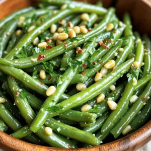 - 1 pound fresh green beans, trimmed - 4 tablespoons unsalted butter - 4 cloves garlic, minced - 1/2 teaspoon red pepper flakes (optional) - Salt and freshly ground black pepper - Juice of 1/2 lemon - 1/4 cup toasted pine nuts - Fresh parsley, finely chopped Garlic butter green beans shine with fresh flavors. The fresh green beans add crunch, while garlic brings warmth. I love using unsalted butter for its rich taste. The red pepper flakes are optional. They give a nice kick if you want some heat. Salt and pepper elevate the dish, enhancing its natural flavors. The lemon juice adds brightness to the beans. It balances the richness of the butter. Finally, toasted pine nuts bring a nutty crunch that you will enjoy. Garnishing with fresh parsley makes the dish pop with color. All these ingredients work together to create a simple, tasty side. For the full recipe, check out the details above. Start by boiling a large pot of salted water. The water should bubble hard. Add 1 pound of fresh green beans to the pot. Cook them for 3 to 4 minutes. You want them bright green and tender-crisp. This step keeps the beans fresh and crunchy. Once the beans are done, drain them quickly. Move them to a large bowl filled with ice water. This ice bath stops the cooking right away. It also helps keep their color. Leave them in the ice water for a few minutes. Then, drain the beans well and set them aside. In a large skillet, melt 4 tablespoons of unsalted butter over medium heat. When the butter is melted, add 4 cloves of minced garlic. If you want a kick, add 1/2 teaspoon of red pepper flakes. Stir this mix for 1 to 2 minutes. You want it fragrant, but not brown. Brown garlic can taste bitter. Add the blanched green beans to the skillet. Gently toss them in the garlic butter. Make sure they are well-coated. Cook for another 2 to 3 minutes. This lets the green beans soak up those tasty flavors. Squeeze the juice of half a lemon over the green beans. Season them with salt and freshly ground black pepper. Toss everything together again. You want the flavors to blend nicely. Transfer the garlic butter green beans to a serving dish. Top them with 1/4 cup of toasted pine nuts and some finely chopped fresh parsley. This adds a nice crunch and a pop of color. Enjoy your tangy and flavorful side! For the complete recipe, check the Full Recipe section. To get the best green beans, start with fresh ones. Trim the ends for a clean look. Bring a large pot of salted water to a rolling boil. Once boiling, add the beans. Blanch them for 3-4 minutes. You want them bright green and tender-crisp. After blanching, quickly drain the beans. Transfer them to a bowl of ice water. This stops the cooking process and keeps their color. Leave them in the ice bath for a few minutes. Then, drain them well before using. Garlic adds great taste, but it can burn fast. To sauté garlic, melt unsalted butter in a skillet over medium heat. Once melted, add minced garlic. Stir it for 1-2 minutes. Watch closely; you want it fragrant, not brown. If it turns brown, it will taste bitter. For an extra kick, add red pepper flakes during this step. This will bring a nice warmth to the dish. Feel free to get creative with your garlic butter green beans! Try adding toasted almonds or sesame seeds for extra crunch. You can also sprinkle some grated Parmesan cheese for a cheesy flavor. If you love herbs, toss in some thyme or dill. These add fresh notes to the dish. For a touch of sweetness, consider adding a drizzle of honey or maple syrup. Each of these options can make the dish your own. For the full recipe, check out the [Full Recipe]. {{image_4}} You can jazz up garlic butter green beans in many ways. Here are a few ideas: - Toasted almonds add a nice crunch and nutty taste. - Sesame seeds bring an Asian flair and a bit of texture. - Bacon bits offer a savory, smoky flavor that pairs well. - Parmesan cheese adds richness and depth to the dish. These simple tweaks can really boost your green beans. Feel free to mix and match! If you want a vegan version, you can swap out the butter. Here are some great options: - Olive oil works well and adds healthy fats. - Vegan butter is a direct substitute that keeps the flavor. - Coconut oil gives a unique twist with a slight sweetness. Using these substitutes lets everyone enjoy this side dish. You can prepare garlic butter green beans in various ways. Each method offers a different taste: - Grilling gives a smoky flavor and nice char marks. - Oven-roasting caramelizes the beans, making them sweet and tender. - Steaming keeps them crisp and vibrant in color. No matter how you cook them, the garlic butter flavor shines through. This flexibility makes it easy to fit your style! To store leftover garlic butter green beans, first let them cool. Place the beans in an airtight container. Make sure to cover them tightly. They will stay fresh in the fridge for up to three days. If you want to keep them longer, consider freezing. To reheat, you can use a skillet or microwave. For the skillet, heat a bit of butter over medium heat. Add the green beans and stir until warmed through. If using a microwave, place them in a bowl and cover it with a lid. Heat in short bursts of 30 seconds, stirring in between, until hot. If you want to freeze garlic butter green beans, cool them completely first. Pack the beans into freezer bags, removing as much air as possible. Label the bags with the date. You can freeze them for up to three months. To use, thaw in the fridge overnight before reheating. Enjoy the fresh taste even after freezing! Garlic butter green beans last about 3 to 4 days in the fridge. Store them in an airtight container. This keeps them fresh and tasty for your next meal. Yes, you can use frozen green beans. Just cook them according to the package instructions before adding them to the garlic butter. They may not have the same crispness as fresh beans, but they still taste great. Green beans are low in calories and high in nutrients. They are a good source of vitamins A, C, and K. Eating green beans can help support a healthy heart and improve digestion. They also provide fiber, which is important for gut health. Yes, you can prepare garlic butter green beans ahead of time. Cook them, then store them in the fridge. When you are ready to eat, just reheat them in a skillet for a few minutes. This keeps them tasty and quick to serve. Garlic butter green beans pair well with many dishes. They go great with roasted chicken, grilled fish, or steak. You can also serve them with pasta or rice for a complete meal. Consider them a versatile side that complements many flavors. Garlic butter green beans brighten any meal with their vibrant flavor. They are easy to make and add a touch of elegance. Garlic butter green beans are a side dish made with fresh green beans, garlic, and butter. The dish is quick to prepare and is perfect for any occasion. Blanching gives the green beans a bright color and crisp texture. This process makes them tender yet still crunchy. It also helps to lock in their nutrients. To create garlic butter, melt unsalted butter in a skillet. Then, add minced garlic and optional red pepper flakes. This mix brings rich flavor and a gentle heat to the dish. After tossing the green beans in the garlic butter, squeeze half a lemon over them. This adds a fresh, tangy taste. Then, season with salt and pepper to enhance the flavors. To finish, add toasted pine nuts for a nutty crunch. Sprinkle chopped fresh parsley on top for color and added freshness. You can find the full recipe above to try this tasty dish at home! In this post, we covered a simple and tasty recipe for garlic butter green beans. You learned about key ingredients, steps to prepare, and how to store the dish. I shared tips for cooking and adding your favorite flavors. Green beans are not only delicious but also healthy. You can enjoy them fresh or frozen. Now, you can make this dish with confidence and impress your family or friends. Try it out and have fun!