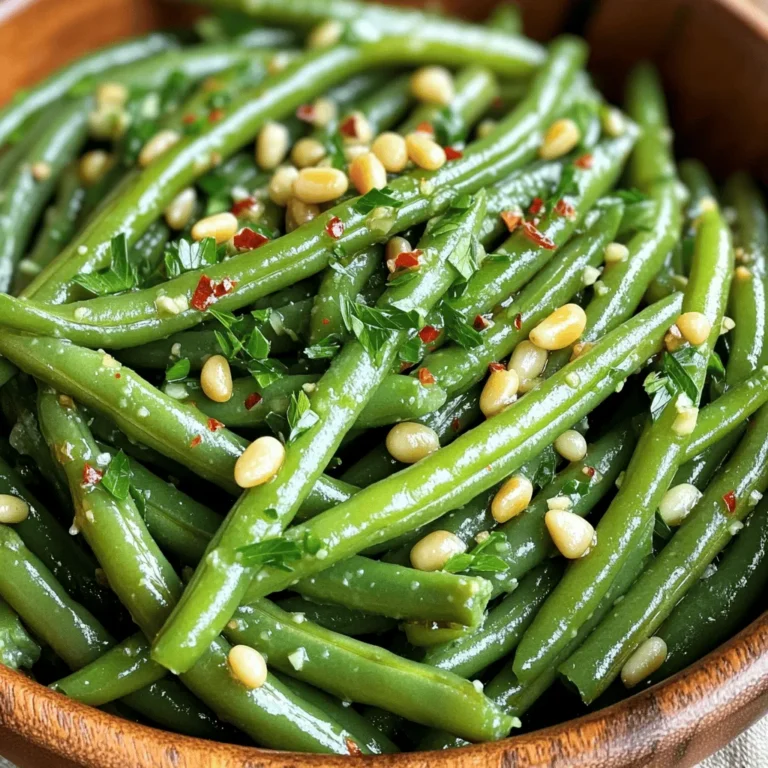 - 1 pound fresh green beans, trimmed - 4 tablespoons unsalted butter - 4 cloves garlic, minced - 1/2 teaspoon red pepper flakes (optional) - Salt and freshly ground black pepper - Juice of 1/2 lemon - 1/4 cup toasted pine nuts - Fresh parsley, finely chopped Garlic butter green beans shine with fresh flavors. The fresh green beans add crunch, while garlic brings warmth. I love using unsalted butter for its rich taste. The red pepper flakes are optional. They give a nice kick if you want some heat. Salt and pepper elevate the dish, enhancing its natural flavors. The lemon juice adds brightness to the beans. It balances the richness of the butter. Finally, toasted pine nuts bring a nutty crunch that you will enjoy. Garnishing with fresh parsley makes the dish pop with color. All these ingredients work together to create a simple, tasty side. For the full recipe, check out the details above. Start by boiling a large pot of salted water. The water should bubble hard. Add 1 pound of fresh green beans to the pot. Cook them for 3 to 4 minutes. You want them bright green and tender-crisp. This step keeps the beans fresh and crunchy. Once the beans are done, drain them quickly. Move them to a large bowl filled with ice water. This ice bath stops the cooking right away. It also helps keep their color. Leave them in the ice water for a few minutes. Then, drain the beans well and set them aside. In a large skillet, melt 4 tablespoons of unsalted butter over medium heat. When the butter is melted, add 4 cloves of minced garlic. If you want a kick, add 1/2 teaspoon of red pepper flakes. Stir this mix for 1 to 2 minutes. You want it fragrant, but not brown. Brown garlic can taste bitter. Add the blanched green beans to the skillet. Gently toss them in the garlic butter. Make sure they are well-coated. Cook for another 2 to 3 minutes. This lets the green beans soak up those tasty flavors. Squeeze the juice of half a lemon over the green beans. Season them with salt and freshly ground black pepper. Toss everything together again. You want the flavors to blend nicely. Transfer the garlic butter green beans to a serving dish. Top them with 1/4 cup of toasted pine nuts and some finely chopped fresh parsley. This adds a nice crunch and a pop of color. Enjoy your tangy and flavorful side! For the complete recipe, check the Full Recipe section. To get the best green beans, start with fresh ones. Trim the ends for a clean look. Bring a large pot of salted water to a rolling boil. Once boiling, add the beans. Blanch them for 3-4 minutes. You want them bright green and tender-crisp. After blanching, quickly drain the beans. Transfer them to a bowl of ice water. This stops the cooking process and keeps their color. Leave them in the ice bath for a few minutes. Then, drain them well before using. Garlic adds great taste, but it can burn fast. To sauté garlic, melt unsalted butter in a skillet over medium heat. Once melted, add minced garlic. Stir it for 1-2 minutes. Watch closely; you want it fragrant, not brown. If it turns brown, it will taste bitter. For an extra kick, add red pepper flakes during this step. This will bring a nice warmth to the dish. Feel free to get creative with your garlic butter green beans! Try adding toasted almonds or sesame seeds for extra crunch. You can also sprinkle some grated Parmesan cheese for a cheesy flavor. If you love herbs, toss in some thyme or dill. These add fresh notes to the dish. For a touch of sweetness, consider adding a drizzle of honey or maple syrup. Each of these options can make the dish your own. For the full recipe, check out the [Full Recipe]. {{image_4}} You can jazz up garlic butter green beans in many ways. Here are a few ideas: - Toasted almonds add a nice crunch and nutty taste. - Sesame seeds bring an Asian flair and a bit of texture. - Bacon bits offer a savory, smoky flavor that pairs well. - Parmesan cheese adds richness and depth to the dish. These simple tweaks can really boost your green beans. Feel free to mix and match! If you want a vegan version, you can swap out the butter. Here are some great options: - Olive oil works well and adds healthy fats. - Vegan butter is a direct substitute that keeps the flavor. - Coconut oil gives a unique twist with a slight sweetness. Using these substitutes lets everyone enjoy this side dish. You can prepare garlic butter green beans in various ways. Each method offers a different taste: - Grilling gives a smoky flavor and nice char marks. - Oven-roasting caramelizes the beans, making them sweet and tender. - Steaming keeps them crisp and vibrant in color. No matter how you cook them, the garlic butter flavor shines through. This flexibility makes it easy to fit your style! To store leftover garlic butter green beans, first let them cool. Place the beans in an airtight container. Make sure to cover them tightly. They will stay fresh in the fridge for up to three days. If you want to keep them longer, consider freezing. To reheat, you can use a skillet or microwave. For the skillet, heat a bit of butter over medium heat. Add the green beans and stir until warmed through. If using a microwave, place them in a bowl and cover it with a lid. Heat in short bursts of 30 seconds, stirring in between, until hot. If you want to freeze garlic butter green beans, cool them completely first. Pack the beans into freezer bags, removing as much air as possible. Label the bags with the date. You can freeze them for up to three months. To use, thaw in the fridge overnight before reheating. Enjoy the fresh taste even after freezing! Garlic butter green beans last about 3 to 4 days in the fridge. Store them in an airtight container. This keeps them fresh and tasty for your next meal. Yes, you can use frozen green beans. Just cook them according to the package instructions before adding them to the garlic butter. They may not have the same crispness as fresh beans, but they still taste great. Green beans are low in calories and high in nutrients. They are a good source of vitamins A, C, and K. Eating green beans can help support a healthy heart and improve digestion. They also provide fiber, which is important for gut health. Yes, you can prepare garlic butter green beans ahead of time. Cook them, then store them in the fridge. When you are ready to eat, just reheat them in a skillet for a few minutes. This keeps them tasty and quick to serve. Garlic butter green beans pair well with many dishes. They go great with roasted chicken, grilled fish, or steak. You can also serve them with pasta or rice for a complete meal. Consider them a versatile side that complements many flavors. Garlic butter green beans brighten any meal with their vibrant flavor. They are easy to make and add a touch of elegance. Garlic butter green beans are a side dish made with fresh green beans, garlic, and butter. The dish is quick to prepare and is perfect for any occasion. Blanching gives the green beans a bright color and crisp texture. This process makes them tender yet still crunchy. It also helps to lock in their nutrients. To create garlic butter, melt unsalted butter in a skillet. Then, add minced garlic and optional red pepper flakes. This mix brings rich flavor and a gentle heat to the dish. After tossing the green beans in the garlic butter, squeeze half a lemon over them. This adds a fresh, tangy taste. Then, season with salt and pepper to enhance the flavors. To finish, add toasted pine nuts for a nutty crunch. Sprinkle chopped fresh parsley on top for color and added freshness. You can find the full recipe above to try this tasty dish at home! In this post, we covered a simple and tasty recipe for garlic butter green beans. You learned about key ingredients, steps to prepare, and how to store the dish. I shared tips for cooking and adding your favorite flavors. Green beans are not only delicious but also healthy. You can enjoy them fresh or frozen. Now, you can make this dish with confidence and impress your family or friends. Try it out and have fun!