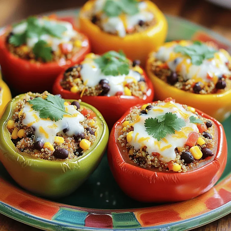 To make my colorful stuffed peppers, you need: - 4 large bell peppers (mix colors for fun) - 1 cup quinoa, rinsed well - 2 cups vegetable broth - 1 cup canned black beans, rinsed - 1 cup sweet corn (fresh or frozen) - 1 medium onion, diced small - 2 cloves garlic, minced - 1 teaspoon ground cumin - 1 teaspoon chili powder - 1 teaspoon smoked paprika - Salt and pepper, to taste - 1 cup diced tomatoes (fresh or canned) - 1/2 cup shredded cheese (cheddar or vegan) - Fresh cilantro, for garnish - 1 tablespoon olive oil These ingredients create a tasty mix. The quinoa gives a nice texture, while the peppers add crunch and color. You’ll want some basic tools for this recipe: - A medium pot for cooking the quinoa - A large mixing bowl for combining ingredients - A baking dish to hold your stuffed peppers - A knife and cutting board for prep - Measuring cups and spoons for accuracy These items help make the cooking process smooth and easy. If you need options, consider these swaps: - Brown rice or couscous instead of quinoa - Any beans like pinto or kidney beans - Use zucchini or mushrooms instead of some veggies - For a vegan dish, skip the cheese or use a dairy-free version These alternatives keep the recipe flexible. You can make it fit your tastes or what you have on hand. For the full recipe, you can find all the steps to create this delightful dish. First, you need to preheat your oven to 375°F (190°C). This step warms the oven and helps cook your stuffed peppers evenly. If you skip this, your peppers may not cook well. In a medium pot, heat 1 tablespoon of olive oil over medium heat. Add 1 diced onion and sauté for about 5 minutes until it’s soft. Then, stir in 2 minced garlic cloves for 1 more minute. Next, add 1 cup of rinsed quinoa and 2 cups of vegetable broth. Sprinkle in 1 teaspoon ground cumin, 1 teaspoon chili powder, and 1 teaspoon smoked paprika. Season with salt and pepper. Bring this to a boil, then reduce the heat and cover. Let it simmer for 15 minutes until the quinoa is fluffy and all the broth is absorbed. While the quinoa cools, prepare your bell peppers. Cut the tops off of 4 large bell peppers and remove the seeds and membranes. You can use a knife to make this easier. If you choose different colors, your dish will look more vibrant and tasty. Now it's time to fill the peppers. In a large bowl, mix the cooked quinoa with 1 cup of canned black beans, 1 cup of corn, and 1 cup of diced tomatoes. Gently fold the mixture to combine everything. Stuff each bell pepper with the filling, pressing slightly so they are packed well. Place the stuffed peppers upright in a baking dish. If any peppers wobble, trim a slice off the bottom. Sprinkle 1/2 cup of shredded cheese on top of each pepper. Cover the dish with aluminum foil and bake for 25-30 minutes. After 30 minutes, remove the foil and bake for another 10 minutes until the cheese is golden and bubbly. Let them cool for a few minutes, then garnish with fresh cilantro before serving. Enjoy your flavorful vegetarian stuffed peppers! To make your stuffed peppers tasty, choose firm peppers. Look for ones without blemishes. Cut the tops off gently to avoid tearing. This keeps the filling secure. When cooking quinoa, rinse it well to remove bitterness. Use vegetable broth instead of water for more flavor. Don’t skip the spices! They add depth and warmth. You can prep your stuffed peppers a day before. Cook the quinoa filling and store it in the fridge. Cut and clean the peppers, too. When you’re ready, stuff and bake them. This saves time and effort. If you want to freeze them, do so before baking. Just thaw and bake when ready to eat. Make your dish pop with color! Arrange the stuffed peppers on a bright plate. Garnish them with fresh cilantro. A drizzle of lime juice adds a nice touch. Pair them with avocado for creaminess. You can also serve a side salad to balance the meal. A great presentation makes the meal feel special! {{image_4}} You can change the flavor of your stuffed peppers easily. Try adding different herbs or spices. For a Mediterranean twist, add feta cheese and olives. If you prefer spicy food, mix in jalapeños or hot sauce. You can also use curry powder for an Indian flavor. Each option brings a new taste to your dish. If you follow a certain diet, you can swap ingredients. For a gluten-free option, use rice instead of quinoa. For a low-carb meal, try cauliflower rice. You can also use lentils instead of black beans for added protein. If you are vegan, skip the cheese or use a plant-based option. These swaps keep the dish tasty and fun. To serve stuffed peppers, consider adding sides. A fresh green salad pairs well and adds crunch. You can also serve with creamy avocado slices for richness. For a hearty meal, pair with a side of rice or quinoa. These sides enhance the dish and make it more filling. Get creative and mix flavors that you enjoy! After enjoying your vibrant quinoa-stuffed bell peppers, you may have some leftovers. Store these in an airtight container. Let them cool first before sealing. They last well in the fridge for about 3 to 5 days. If you want to keep them longer, consider freezing. To reheat, you can use the oven or microwave. For the oven, preheat to 350°F (175°C). Place the stuffed peppers in a baking dish, cover with foil, and heat for 15-20 minutes. If using a microwave, heat on medium power for about 3-5 minutes. Check to ensure they are heated through. Freezing stuffed peppers is a great way to save time. First, allow them to cool completely. Wrap each pepper tightly in plastic wrap or foil. Place them in a freezer-safe bag. They can stay in the freezer for up to 3 months. When you're ready, thaw them in the fridge overnight before reheating. Enjoy your meal anytime! You can easily swap quinoa with rice or lentils. Just cook them first. You can also use couscous or bulgur for a different texture. Choose a grain that cooks well and absorbs flavors. Absolutely! You can use mushrooms, zucchini, or spinach. These add great flavors and nutrients. Just chop them finely and mix them with your other stuffing ingredients. Stuffed peppers stay fresh for about 3 to 5 days in the fridge. Make sure to store them in an airtight container. This keeps them from drying out. Vegetarian stuffed peppers are packed with nutrients. They offer fiber from the beans and veggies. They also provide vitamins and minerals from the peppers and other ingredients. This dish is low in fat and high in protein. You can find the Full Recipe for these vibrant quinoa-stuffed bell peppers in the main article. Enjoy making them! In this blog post, we explored how to make vegetarian stuffed peppers. We covered key ingredients, cooking methods, and tips for the best results. You learned how to prep, cook, and store these tasty dishes. Remember, these peppers are flexible; you can swap ingredients to suit any diet. Use the ideas shared to make your meals fun and colorful. Enjoy your delicious stuffed peppers, and don’t hesitate to experiment with flavors!