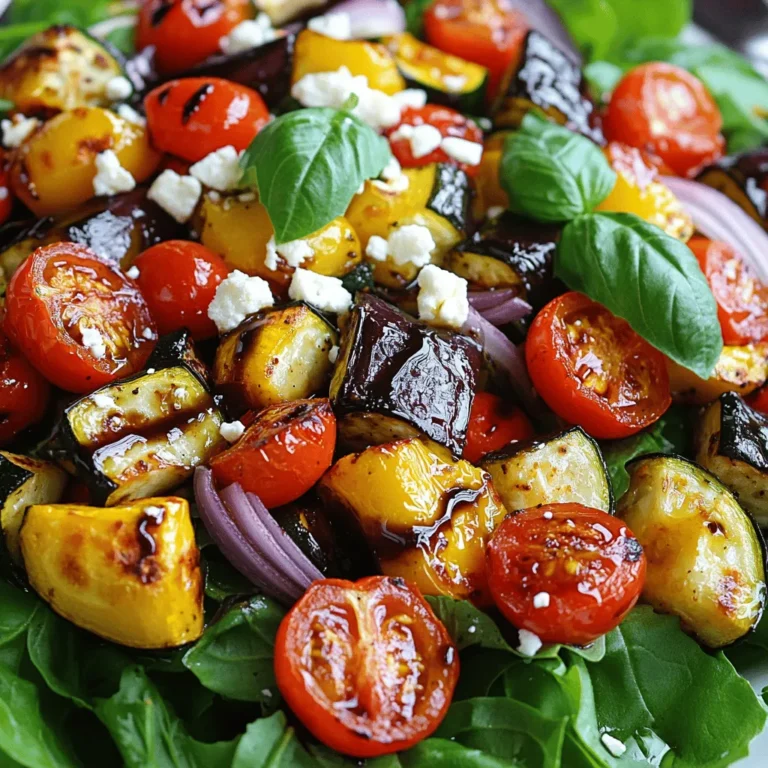 To create this vibrant salad, gather these fresh ingredients: - 1 medium zucchini, sliced into half-moons - 1 bell pepper (red or yellow for sweetness), chopped into bite-sized pieces - 1 small eggplant, diced into uniform cubes - 1 cup cherry tomatoes, halved for a burst of sweetness - 1 red onion, cut into wedges for flavor - 3 tablespoons balsamic vinegar for a tangy kick - 2 tablespoons extra-virgin olive oil for richness - 1 tablespoon honey to balance the acidity - Sea salt and freshly cracked pepper to taste - 1 teaspoon dried oregano for an aromatic touch - 1 cup mixed greens (arugula, spinach, or your favorites) - ¼ cup feta cheese, crumbled (optional, for creaminess) - Fresh basil leaves for a fragrant garnish Not all ingredients need to be set in stone. Here are some smart swaps: - Use yellow squash instead of zucchini. The texture remains similar. - Any color bell pepper works well; green adds a more bitter taste. - Swap eggplant for mushrooms for a different texture and flavor. - Try different vinegars, like red wine vinegar, if balsamic is not available. - Maple syrup can replace honey for a vegan option. - For a dairy-free choice, omit feta cheese or use a vegan alternative. Choosing the right veggies makes a big difference. Here’s how to select the best: - Look for firm zucchini with shiny, smooth skin. Avoid soft spots. - Choose bell peppers that feel heavy and have smooth skin. - For eggplant, pick ones that are shiny and feel heavy for their size. - Cherry tomatoes should be plump and free from blemishes. - Pick red onions that are firm and have a vibrant color. - Visit local farmers' markets for the freshest produce whenever possible. These small choices can bring your Balsamic Roasted Vegetable Salad to life. For the complete recipe, check the [Full Recipe]. First, set your oven to 425°F (220°C). This high heat helps the veggies roast nicely. While the oven heats, grab a large mixing bowl. Add your sliced zucchini, chopped bell pepper, diced eggplant, halved cherry tomatoes, and red onion wedges. Mix them well. This step ensures every bite is packed with flavor. Next, take a small bowl. In it, combine 3 tablespoons of balsamic vinegar, 2 tablespoons of extra-virgin olive oil, and 1 tablespoon of honey. Add a pinch of sea salt and freshly cracked pepper. Finally, mix in 1 teaspoon of dried oregano. Whisk these ingredients together until smooth. This vinaigrette will bring a tangy and sweet kick to your salad. Now, line a baking sheet with parchment paper. Spread your mixed vegetables in a single layer. Make sure they are not crowded, as this helps them roast evenly. Place the baking sheet in the oven and roast for 20-25 minutes. Stir the vegetables halfway through. This mix ensures they cook evenly and get that lovely caramelization. Once the veggies are tender and golden, take them out and let them cool for a few minutes. In a large serving bowl, add your fresh mixed greens. Then, toss in the roasted vegetables. Gently mix until the greens and vegetables blend well. If you like, sprinkle ¼ cup of crumbled feta on top. Finally, add fresh basil leaves for a fragrant touch. Enjoy your colorful and tasty salad! For the full recipe, check out the details provided above. To get the best flavor, cut your vegetables into similar sizes. This step helps them roast evenly. Place them in a single layer on the baking sheet. Crowding the pan can cause steaming instead of roasting. Stir the vegetables halfway through cooking. This simple action helps them brown nicely on all sides. Always dress your salad right before serving. This keeps the greens fresh and crunchy. Use just enough dressing to coat the veggies. A light touch prevents sogginess. When mixing, toss gently to avoid bruising the greens. If you prefer more flavor, add more balsamic vinegar or a splash of lemon juice. Fresh herbs can elevate your salad. Try adding chopped parsley or cilantro for a fresh twist. You can also add a pinch of red pepper flakes for a kick. Experiment with spices like cumin or paprika for unique flavors. These additions can make your salad truly special and memorable. {{image_4}} You can mix and match veggies to suit your taste. Try adding carrots for sweetness or broccoli for crunch. Swap in asparagus for a fresh twist. You can even use sweet potatoes for a hearty base. The options are endless! Each veggie brings its own flavor and texture. You can create a new salad every time. Want to make this salad filling? Add proteins like grilled chicken or shrimp. Chickpeas or black beans also work well for plant-based options. They boost the protein without altering the salad's great taste. If you want a creamy touch, add avocado slices. These options turn your salad into a complete meal. This salad is easy to make vegan and gluten-free. Just skip the feta cheese or use a plant-based alternative. Use gluten-free grains like quinoa for added texture. You can also mix in nuts or seeds for crunch. These simple swaps keep your salad tasty while meeting dietary needs. Enjoy the fresh flavors without worry! For the full recipe, check out the Balsamic Roasted Vegetable Salad. Store leftover Balsamic Roasted Vegetable Salad in an airtight container. Make sure the salad is cool before sealing it. This keeps the flavors fresh and prevents sogginess. Try to eat the leftovers within three days for the best taste. I recommend using glass containers for storing your salad. Glass is non-reactive and helps keep the food fresh longer. If you prefer plastic, choose BPA-free containers. Make sure they fit your salad snugly to limit air exposure. To reheat roasted vegetables, place them on a baking sheet. Heat your oven to 350°F (175°C) and roast for about 10-15 minutes. This keeps the veggies crispy and warm. You can also reheat them in a skillet over medium heat for a few minutes. Just stir often to avoid burning. If you want to add a little moisture, a splash of balsamic vinegar can help revive the flavors. Enjoy your meal! Yes, you can make this salad ahead. Roast the veggies and prepare the salad. Keep the roasted veggies and greens separate. Store them in the fridge. Mix them just before serving for the best taste and texture. Mixed greens work great with roasted veggies. I love using arugula, spinach, or kale. They add crunch and a fresh taste. You can choose any greens you enjoy. Just pick ones that won’t wilt fast. Balsamic roasted vegetables last about 3 to 5 days in the fridge. Store them in an airtight container. The flavors will deepen over time, making them even tastier. Just reheat them before serving for a warm dish. You can use frozen vegetables, but fresh is best. Frozen veggies may release more water while cooking. If using frozen, roast them a bit longer. This helps them get nice and crispy. Balsamic roasted vegetable salad is easy and fun to make. We covered the ingredients, step-by-step instructions, and tips for the best results. You can customize this salad with different veggies or proteins. Proper storage keeps leftovers fresh, and I shared FAQs to answer common questions. Try this salad for a tasty and healthy meal. Enjoy making it your own!