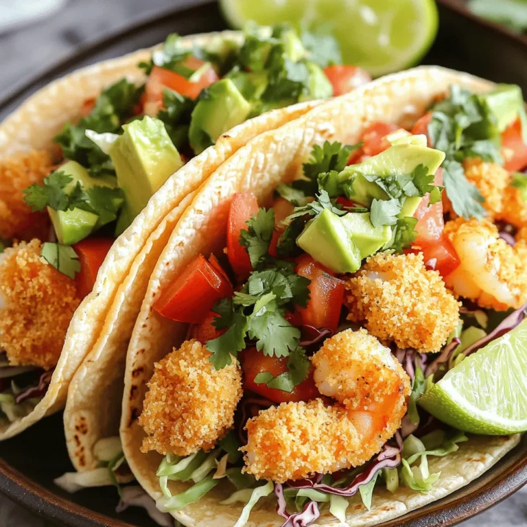 - 1 lb large shrimp, peeled and deveined - 1 cup panko breadcrumbs - 1/2 cup all-purpose flour The main ingredients for these crispy baked shrimp tacos are simple yet crucial. Using large shrimp gives you a nice bite. Panko breadcrumbs add that delightful crunch. All-purpose flour helps the shrimp stick to the coating. - 2 teaspoons garlic powder - 1 teaspoon smoked paprika - 1 teaspoon ground cumin - 1/2 teaspoon cayenne pepper (optional for spice) - Salt and freshly cracked black pepper to taste Seasonings elevate the flavor of the shrimp. Garlic powder brings warmth, while smoked paprika adds depth. Ground cumin gives a hint of earthiness. If you like spice, add cayenne pepper for a kick. Don’t forget salt and pepper for balance. - 8 small corn or flour tortillas - 1 cup shredded green cabbage - 1/2 cup diced ripe tomatoes - 1/4 cup fresh cilantro, chopped - 1 ripe avocado, sliced - Lime wedges, for serving Taco assembly is all about layers. Start with tortillas as your base. Then, add a handful of shredded cabbage for crunch. Top with crispy shrimp and fresh diced tomatoes. Add avocado for creaminess and cilantro for freshness. Serve with lime wedges for a zesty squeeze. For the full recipe, check out the detailed steps. These tacos not only taste amazing; they look beautiful too! - Preheat your oven to 425°F (220°C) and prepare a baking sheet. Line it with parchment paper for easy cleanup. - In one dish, combine the flour with garlic powder, smoked paprika, ground cumin, cayenne, salt, and pepper. Mix well. - In a second dish, beat the eggs until frothy. - In a third dish, pour in panko breadcrumbs and set it aside for the final coating. - Take each shrimp and dredge it in the flour mixture. Shake off any extra flour. - Next, dip it in the beaten eggs, letting excess drip off. - Finally, coat the shrimp in panko breadcrumbs. Press gently for a good coating. - Place the breaded shrimp onto the prepared baking sheet. - Bake the shrimp for 12-15 minutes. Flip each shrimp halfway for even cooking. - While the shrimp bake, warm each tortilla in a dry skillet over medium heat for about 30 seconds on each side. - To assemble, place a handful of shredded cabbage in each tortilla. Top with 2 to 3 crispy shrimp, diced tomatoes, and avocado slices. - Finish with fresh cilantro and serve with lime wedges for a zesty touch. For the full recipe, check out the detailed instructions above. To make your shrimp crispy, use cooking spray wisely. After coating the shrimp in panko, spray them lightly. This helps the breadcrumbs brown and become crisp in the oven. The spray creates a nice crunch without adding extra fat. You want that golden color and texture for the best taco experience. Prep your shrimp and toppings early for quick assembly. You can clean and devein the shrimp a day before. Store them in the fridge until you're ready to cook. Chop your veggies and herbs ahead too. Keep them in separate containers. This makes it easy to grab what you need when you're ready to make your tacos. Garnishes and sides can enhance your taco meal. Fresh lime wedges are a must for that zesty kick. You can also add spicy salsa or a dollop of sour cream on the side. For extra crunch, serve with tortilla chips. Consider a simple salad with lime dressing too. These ideas will make your tacos even more enjoyable. {{image_4}} You can swap shrimp for other proteins. Chicken works well and is easy to cook. Tofu is a great choice for a vegetarian option. If you prefer fish, choose a firm white fish for best results. Each alternative offers a unique taste and texture, keeping your tacos exciting. Adjust the spices to change the flavor profile. For a spicy kick, add more cayenne pepper or some chili powder. If you like citrus, try adding lime zest or some orange juice to the mix. These small changes can make a big difference in flavor. Experiment until you find your favorite combination. You can change the taco style easily. To make a burrito, use a larger tortilla and add rice and beans. For a salad, skip the tortillas and layer the shrimp on greens. Top with all your favorite toppings for a fresh, crunchy meal. This way, you can enjoy the same great flavors in a new format. For the full recipe, check out the details above. To keep your leftover shrimp and tortillas fresh, store them separately. Place the shrimp in an airtight container. Make sure it cools before sealing. This helps maintain their crispy texture. For the tortillas, wrap them in foil or plastic wrap. Store them in the fridge. This prevents them from drying out. For the best texture, reheat shrimp in an oven. Preheat to 350°F (175°C). Place the shrimp on a baking sheet. Heat for about 10 minutes. Check them halfway through to avoid drying. You can also use an air fryer for crispiness. Heat at 350°F (175°C) for about 5 minutes. You can freeze the shrimp and prepared tacos. For shrimp, place them in a freezer bag after cooling. Remove as much air as possible. For tacos, wrap them tightly in plastic wrap and then foil. This keeps them fresh for up to three months. When ready to eat, thaw shrimp in the fridge overnight. Reheat as mentioned above. Yes, but thaw thoroughly before preparation. Frozen shrimp can work well, just ensure you remove excess water after thawing. This helps the shrimp to crisp up nicely during baking. Use crushed cornflakes or regular breadcrumbs as alternatives. Cornflakes give a nice crunch, while regular breadcrumbs can work too. Just remember, panko adds a lighter texture, so choose wisely! Look for a golden-brown exterior and opaque flesh to determine doneness. This usually takes about 12 to 15 minutes at 425°F. If you want to be sure, you can use a fork to check the shrimp. They should be firm to the touch and not translucent. The shrimp tacos recipe includes simple steps and fresh ingredients. We prepped the shrimp, seasoned well, and baked them to perfection. Remember to customize the toppings and spices to suit your taste. Storing leftovers properly keeps them fresh for later meals. Enjoy making these tacos for family or friends. It's a fun and tasty dish everyone will love!