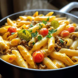 - 1 tablespoon olive oil - 1 pound ground beef - 1 small onion, finely chopped - 2 cloves garlic, minced - 1 teaspoon smoked paprika - 1 teaspoon garlic powder - 1 teaspoon onion powder - Salt and pepper to taste - 3 cups beef broth - 1 cup uncooked penne pasta - 1 cup cheddar cheese, shredded - 1 cup cherry tomatoes, halved - ½ cup pickles, diced (optional) - Fresh parsley or chives, chopped for garnish To make One-Pot Cheeseburger Pasta, gather your ingredients first. This step keeps everything organized and saves time. You want fresh ingredients for the best flavor. Start with olive oil. This will help cook the beef and add some healthy fat. Ground beef is the star of this dish, giving it that classic cheeseburger taste. Finely chopped onion and minced garlic add depth and flavor. The spices play a big role too. Smoked paprika brings warmth, while garlic and onion powders add a nice kick. Salt and pepper enhance everything. Next comes the beef broth. It forms the base of your sauce and cooks the pasta. Use uncooked penne pasta, as it will soak up all the delicious flavors. Cheddar cheese is essential for that creamy, cheesy goodness. Cherry tomatoes add freshness, and pickles (if you like) give a nice tang. Don’t forget fresh herbs for garnish. They add color and a burst of flavor. For the complete recipe, check out the Full Recipe. Enjoy cooking! - Heat the Oil in a large pot: Start by warming 1 tablespoon of olive oil over medium heat. This helps to build flavor right from the start. - Add Garlic after the onion is translucent: Once the onion is soft and clear, add 2 minced cloves of garlic. Cook it for about a minute. This step adds a great aroma. - Brown the Beef until cooked through: Add 1 pound of ground beef to the pot. Break it apart with a spoon. Cook it for about 6-8 minutes until it's brown and no longer pink. If there’s extra fat, drain it. - Season the Mixture with spices: Mix in 1 teaspoon of smoked paprika, 1 teaspoon of garlic powder, and 1 teaspoon of onion powder. Add salt and pepper to your taste. Stir well to blend all the flavors. - Add Broth and Pasta, then boil and simmer: Pour in 3 cups of beef broth and bring it to a boil. Then, add 1 cup of uncooked penne pasta. Lower the heat and let it simmer for about 10-12 minutes. Stir it often so it doesn’t stick. - Fold in Cheddar Cheese for creaminess: When the pasta is soft, take the pot off the heat. Add 1 cup of shredded cheddar cheese. Stir it in until it melts and makes the dish creamy. - Incorporate Fresh Ingredients for flavor: Gently mix in 1 cup of halved cherry tomatoes and ½ cup of diced pickles, if you like. They add freshness and a nice crunch. - Taste and Adjust seasoning: Take a moment to taste your dish. Add more salt and pepper if needed. This step ensures your pasta is just right. - Serve It Up with a garnish of herbs: Scoop the pasta into bowls and sprinkle some chopped parsley or chives on top. This adds a pop of color and flavor. For the complete recipe, check out the Full Recipe section. - Use fresh ingredients for better taste. Fresh onions and garlic boost flavor. - Recommended seasonings for extra zing include smoked paprika and garlic powder. These add depth and warmth. - Avoiding sticky pasta by stirring is key. Stir your pasta every few minutes. This keeps it from clumping together. - Tips for browning beef correctly: cook over medium heat and break it apart well. This helps it brown evenly and prevents steaming. - Serving suggestions for visual appeal include using a colorful plate. You can add cherry tomatoes for a pop of color. - Best garnishes to complement the dish are fresh parsley or chives. They add a bright touch and fresh flavor. {{image_4}} You can switch up the protein in this dish. Use ground turkey or chicken instead of beef. This makes it lighter but still tasty. If you need gluten-free options, try gluten-free pasta. It cooks well and holds the flavors nicely. Want to change the flavor? Add different cheeses like mozzarella, gouda, or pepper jack. Each cheese adds its own twist to the dish. If you want a plant-based meal, use vegan cheese and swap the beef for lentils or mushrooms. This keeps it hearty but meat-free. Serve your One-Pot Cheeseburger Pasta with a fresh salad. A crisp garden salad pairs well with the creamy pasta. You can also transform this dish into a baked version. Just top with more cheese and bake until bubbly and golden. This makes for a wonderful family meal! For the full recipe, check out the complete guide. To store your leftovers properly, let the pasta cool down first. Transfer the cooled cheeseburger pasta into an airtight container. This helps keep it fresh for later. I recommend using glass or BPA-free plastic containers. They seal well and are easy to clean. For freezing cheeseburger pasta, wait until it cools to room temperature. Portion the pasta into freezer-safe containers or bags. Squeeze out as much air as possible. This prevents freezer burn. To reheat, thaw it overnight in the fridge. Warm it on the stove or in the microwave until heated through. In the fridge, your cheeseburger pasta lasts about 3 to 4 days. Always check for signs of spoilage. Look for an off smell or a change in texture. If you see mold, it’s best to throw it away. Keeping an eye on these signs ensures your meals are fresh and safe. Can I make One-Pot Cheeseburger Pasta ahead of time? Yes, you can make One-Pot Cheeseburger Pasta ahead. Store it in the fridge for up to three days. Just reheat it in a pot over low heat. You may need to add a splash of beef broth to bring back the creaminess. How do I make this recipe dairy-free? To make this recipe dairy-free, swap the cheddar cheese for a dairy-free cheese. Nutritional yeast can add a cheesy flavor too. Check labels to ensure your ingredients are dairy-free. Can I add vegetables to the dish? Absolutely! You can add vegetables like bell peppers, spinach, or zucchini. Just chop them small and add them when you brown the beef. This adds more flavor and nutrition to your meal. How can I prevent the pasta from overcooking? Stir the pasta often while it cooks. This helps it cook evenly and prevents sticking. Follow the package instructions for cooking time. Check the pasta a minute or two early to ensure it's al dente. What can I use instead of beef broth? You can use chicken broth or vegetable broth as a substitute. For a richer flavor, try using water with a little soy sauce or Worcestershire sauce. This will enhance the taste of the dish. Is there a substitute for cheddar cheese? Yes, you can use mozzarella or pepper jack for a twist. Cream cheese or goat cheese can also add a great flavor. Choose what you like best to create your own unique dish. Can I use other types of pasta in this recipe? Certainly! You can use any pasta shape you prefer. Fusilli, rotini, or even macaroni work well. Adjust the cooking time based on the pasta you choose to ensure it cooks perfectly. This blog post showed how to make a tasty one-pot cheeseburger pasta. We covered the key ingredients, step-by-step instructions, and helpful tips. By using fresh items and trying new cheeses, you can make this dish even better. Remember, you can swap ingredients for your taste or needs. Don't forget about proper storage tips for leftovers! Enjoy cooking and share this idea with others who love easy, delicious meals.