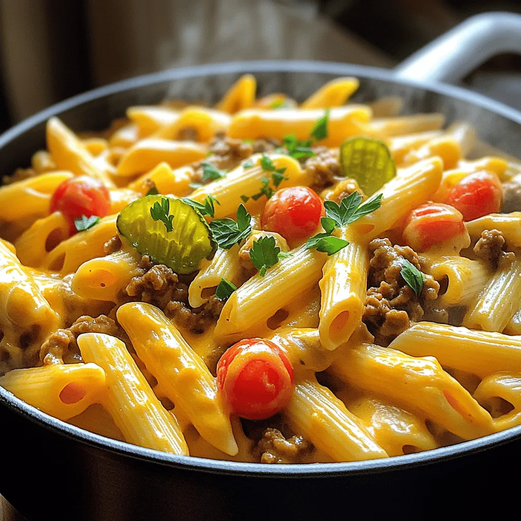 - 1 tablespoon olive oil - 1 pound ground beef - 1 small onion, finely chopped - 2 cloves garlic, minced - 1 teaspoon smoked paprika - 1 teaspoon garlic powder - 1 teaspoon onion powder - Salt and pepper to taste - 3 cups beef broth - 1 cup uncooked penne pasta - 1 cup cheddar cheese, shredded - 1 cup cherry tomatoes, halved - ½ cup pickles, diced (optional) - Fresh parsley or chives, chopped for garnish To make One-Pot Cheeseburger Pasta, gather your ingredients first. This step keeps everything organized and saves time. You want fresh ingredients for the best flavor. Start with olive oil. This will help cook the beef and add some healthy fat. Ground beef is the star of this dish, giving it that classic cheeseburger taste. Finely chopped onion and minced garlic add depth and flavor. The spices play a big role too. Smoked paprika brings warmth, while garlic and onion powders add a nice kick. Salt and pepper enhance everything. Next comes the beef broth. It forms the base of your sauce and cooks the pasta. Use uncooked penne pasta, as it will soak up all the delicious flavors. Cheddar cheese is essential for that creamy, cheesy goodness. Cherry tomatoes add freshness, and pickles (if you like) give a nice tang. Don’t forget fresh herbs for garnish. They add color and a burst of flavor. For the complete recipe, check out the Full Recipe. Enjoy cooking! - Heat the Oil in a large pot: Start by warming 1 tablespoon of olive oil over medium heat. This helps to build flavor right from the start. - Add Garlic after the onion is translucent: Once the onion is soft and clear, add 2 minced cloves of garlic. Cook it for about a minute. This step adds a great aroma. - Brown the Beef until cooked through: Add 1 pound of ground beef to the pot. Break it apart with a spoon. Cook it for about 6-8 minutes until it's brown and no longer pink. If there’s extra fat, drain it. - Season the Mixture with spices: Mix in 1 teaspoon of smoked paprika, 1 teaspoon of garlic powder, and 1 teaspoon of onion powder. Add salt and pepper to your taste. Stir well to blend all the flavors. - Add Broth and Pasta, then boil and simmer: Pour in 3 cups of beef broth and bring it to a boil. Then, add 1 cup of uncooked penne pasta. Lower the heat and let it simmer for about 10-12 minutes. Stir it often so it doesn’t stick. - Fold in Cheddar Cheese for creaminess: When the pasta is soft, take the pot off the heat. Add 1 cup of shredded cheddar cheese. Stir it in until it melts and makes the dish creamy. - Incorporate Fresh Ingredients for flavor: Gently mix in 1 cup of halved cherry tomatoes and ½ cup of diced pickles, if you like. They add freshness and a nice crunch. - Taste and Adjust seasoning: Take a moment to taste your dish. Add more salt and pepper if needed. This step ensures your pasta is just right. - Serve It Up with a garnish of herbs: Scoop the pasta into bowls and sprinkle some chopped parsley or chives on top. This adds a pop of color and flavor. For the complete recipe, check out the Full Recipe section. - Use fresh ingredients for better taste. Fresh onions and garlic boost flavor. - Recommended seasonings for extra zing include smoked paprika and garlic powder. These add depth and warmth. - Avoiding sticky pasta by stirring is key. Stir your pasta every few minutes. This keeps it from clumping together. - Tips for browning beef correctly: cook over medium heat and break it apart well. This helps it brown evenly and prevents steaming. - Serving suggestions for visual appeal include using a colorful plate. You can add cherry tomatoes for a pop of color. - Best garnishes to complement the dish are fresh parsley or chives. They add a bright touch and fresh flavor. {{image_4}} You can switch up the protein in this dish. Use ground turkey or chicken instead of beef. This makes it lighter but still tasty. If you need gluten-free options, try gluten-free pasta. It cooks well and holds the flavors nicely. Want to change the flavor? Add different cheeses like mozzarella, gouda, or pepper jack. Each cheese adds its own twist to the dish. If you want a plant-based meal, use vegan cheese and swap the beef for lentils or mushrooms. This keeps it hearty but meat-free. Serve your One-Pot Cheeseburger Pasta with a fresh salad. A crisp garden salad pairs well with the creamy pasta. You can also transform this dish into a baked version. Just top with more cheese and bake until bubbly and golden. This makes for a wonderful family meal! For the full recipe, check out the complete guide. To store your leftovers properly, let the pasta cool down first. Transfer the cooled cheeseburger pasta into an airtight container. This helps keep it fresh for later. I recommend using glass or BPA-free plastic containers. They seal well and are easy to clean. For freezing cheeseburger pasta, wait until it cools to room temperature. Portion the pasta into freezer-safe containers or bags. Squeeze out as much air as possible. This prevents freezer burn. To reheat, thaw it overnight in the fridge. Warm it on the stove or in the microwave until heated through. In the fridge, your cheeseburger pasta lasts about 3 to 4 days. Always check for signs of spoilage. Look for an off smell or a change in texture. If you see mold, it’s best to throw it away. Keeping an eye on these signs ensures your meals are fresh and safe. Can I make One-Pot Cheeseburger Pasta ahead of time? Yes, you can make One-Pot Cheeseburger Pasta ahead. Store it in the fridge for up to three days. Just reheat it in a pot over low heat. You may need to add a splash of beef broth to bring back the creaminess. How do I make this recipe dairy-free? To make this recipe dairy-free, swap the cheddar cheese for a dairy-free cheese. Nutritional yeast can add a cheesy flavor too. Check labels to ensure your ingredients are dairy-free. Can I add vegetables to the dish? Absolutely! You can add vegetables like bell peppers, spinach, or zucchini. Just chop them small and add them when you brown the beef. This adds more flavor and nutrition to your meal. How can I prevent the pasta from overcooking? Stir the pasta often while it cooks. This helps it cook evenly and prevents sticking. Follow the package instructions for cooking time. Check the pasta a minute or two early to ensure it's al dente. What can I use instead of beef broth? You can use chicken broth or vegetable broth as a substitute. For a richer flavor, try using water with a little soy sauce or Worcestershire sauce. This will enhance the taste of the dish. Is there a substitute for cheddar cheese? Yes, you can use mozzarella or pepper jack for a twist. Cream cheese or goat cheese can also add a great flavor. Choose what you like best to create your own unique dish. Can I use other types of pasta in this recipe? Certainly! You can use any pasta shape you prefer. Fusilli, rotini, or even macaroni work well. Adjust the cooking time based on the pasta you choose to ensure it cooks perfectly. This blog post showed how to make a tasty one-pot cheeseburger pasta. We covered the key ingredients, step-by-step instructions, and helpful tips. By using fresh items and trying new cheeses, you can make this dish even better. Remember, you can swap ingredients for your taste or needs. Don't forget about proper storage tips for leftovers! Enjoy cooking and share this idea with others who love easy, delicious meals.