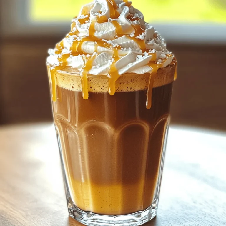 - 1 cup brewed coffee - 1 cup milk (dairy or non-dairy) - 1/4 cup caramel sauce (plus extra for drizzling) - 1 tablespoon unsweetened cocoa powder - 2 tablespoons granulated sugar - 1/2 teaspoon fine sea salt (plus extra for topping) - 2 cups ice cubes - Whipped cream for topping When making a salted caramel mocha frappe, the ingredients are key. The brewed coffee gives a rich base. You can use any coffee you like, but I prefer a bold roast. The milk adds creaminess. You can choose dairy or any non-dairy milk, like almond or oat milk. The caramel sauce is a star in this drink. It adds sweetness and a deep flavor. I love using a high-quality sauce for the best taste. The cocoa powder brings a touch of chocolate. It balances the sweetness of the caramel. Granulated sugar is important for that extra sweetness. You can adjust it based on your taste. The fine sea salt gives that lovely salted touch. It enhances the caramel flavor and adds a nice contrast. Ice cubes make the drink cold and refreshing. They help create that perfect frosty texture. Finally, whipped cream on top makes the frappe feel special. It adds a layer of creaminess and visual appeal. For the Full Recipe, gather these ingredients and get ready to blend! Start by cooling your brewed coffee. Let it sit at room temperature. This helps blend it well with ice later. Next, measure out your ingredients using standard measuring cups. You will need one cup of cooled coffee, one cup of milk, a quarter cup of caramel sauce, and one tablespoon of cocoa powder. Grab two tablespoons of sugar and half a teaspoon of fine sea salt. Don’t forget two cups of ice cubes and some whipped cream for later. Now it’s time to blend. In a high-speed blender, add all your measured ingredients: coffee, milk, caramel, cocoa powder, sugar, sea salt, and ice. Blend on high for about 30 seconds. This creates a smooth, frosty texture. If you like it sweeter, taste the mixture. You can add more sugar and blend briefly to mix it in. If you want a stronger caramel flavor, add more caramel sauce and blend again. For a special touch, drizzle some caramel sauce inside two serving glasses. Swirl it around to make it look nice. Carefully pour the mocha frappe into the glasses, filling them up. Top each drink with whipped cream. Sprinkle a pinch of sea salt on top for that perfect balance. Finish with an extra drizzle of caramel over the whipped cream. Enjoy your delightful salted caramel mocha frappe! For the full recipe, check the earlier section. You can easily change the sweetness of your Salted Caramel Mocha Frappe. If you want it sweeter, add more sugar. Start with the 2 tablespoons in the recipe. Blend and taste it. If you desire more caramel flavor, add an extra splash of caramel sauce. This will give you that rich, sweet taste you crave. Play around until it’s just right for your taste buds. Make your frappe stand out by using unique serving styles. Drizzle caramel sauce inside the glasses before pouring in your mocha frappe. This adds a fun swirl and looks great! For a pop of color, sprinkle some cocoa powder on top of the whipped cream. It not only looks good but also adds a hint of chocolate flavor. Use a high-speed blender for the best results. It helps blend everything smoothly and gives you that frosty texture. A good blender will break down the ice quickly. For serving, choose tall glasses. They show off the layers of your frappe and make it look fancy. You can also use clear glasses to highlight the beautiful caramel drizzle inside. Enjoy your delicious treat! {{image_4}} You can make your salted caramel mocha frappe even better with a few fun twists. Adding vanilla or almond extract gives it a nice lift. Just a teaspoon will do. It adds warmth and depth to the drink. You can also swap out the cocoa for other flavors. Try using white chocolate or dark chocolate for a new taste. Each option brings its own charm. If you're looking for vegan options, there are great choices for milk and whipped cream. Use almond milk, oat milk, or coconut milk instead. These alternatives mix well and still taste amazing. For whipped cream, try coconut cream. It adds a lovely flavor and makes the drink creamy. If you want a healthier version, consider sugar substitutes. Stevia or agave syrup can work well. Adjust the amount to match your taste. These changes help you enjoy your frappe while sticking to your diet. For the full recipe, see above. To keep your Salted Caramel Mocha Frappe fresh, store it in the fridge. Use an airtight container. This helps maintain the flavors and texture. The frappe stays fresh for about 1 to 2 days. After that, it may lose its frosty charm and taste. If you want to save some for later, freezing is easy! Pour the frappe into ice cube trays. Freeze it for several hours until solid. When you're ready to enjoy it, take out the cubes. Blend them with a splash of milk until smooth. This way, you get a refreshing treat without wasting any deliciousness! Can I use decaffeinated coffee? Yes, you can use decaffeinated coffee. It will still give you that rich coffee flavor without the caffeine kick. Just brew it as you normally would and let it cool. Can I use flavored syrups with this recipe? Absolutely! Flavored syrups can add a fun twist. Try vanilla or hazelnut for a unique taste. Just remember to adjust the sugar if you add syrup, as some can be quite sweet. Where can I buy caramel sauce? You can find caramel sauce in most grocery stores. Look in the baking aisle or near the ice cream toppings. You can also make your own at home for a fresh taste. What are the best brands for coffee or milk alternatives? For coffee, brands like Starbucks or Peet's offer great options. If you prefer milk alternatives, try almond or oat milk from brands like Califia Farms or Oatly. They add creaminess and flavor to your frappe. This blog post covered a tasty caramel frappe recipe and its many aspects. We explored the key ingredients, detailed steps to make it, and tips for customizations. I also shared ways to store leftovers and suggested fun variations. Now you have all the tools to make a delicious caramel frappe. Enjoy experimenting with flavors and sharing it with friends! This drink can be a delightful treat for any occasion.