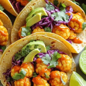 - 1 medium head of cauliflower - 1 cup all-purpose flour - 1 cup plant-based milk - 1 cup buffalo sauce - 8 small corn tortillas Cauliflower is the star here. It gives the tacos a nice crunch. You want to cut it into bite-sized florets. This size helps it cook evenly and keeps the texture just right. The flour and plant-based milk create a batter that sticks to the cauliflower. This batter adds flavor and helps it crisp up in the oven. The buffalo sauce gives the tacos their signature kick. - Fresh cilantro - Lime wedges - Avocado These garnishes add color and flavor. Fresh cilantro gives a burst of freshness. Lime wedges add a zesty touch when squeezed on top. Slices of avocado provide creaminess, balancing the heat from the buffalo sauce. - Garlic powder - Onion powder - Smoked paprika - Salt These seasonings bring depth to the dish. Garlic powder adds warmth, while onion powder enhances the savory taste. Smoked paprika gives a hint of smokiness, which complements the buffalo sauce. A pinch of salt ties all the flavors together, making every bite satisfying. For the full recipe, check out the detailed instructions. - Preheat the oven to 425°F (220°C). - Prepare a baking sheet by lining it with parchment paper. - Make the cauliflower batter by mixing flour, plant-based milk, garlic powder, onion powder, smoked paprika, and salt. Whisk until smooth and free of lumps. - Coat each cauliflower floret in the batter. Let excess batter drip off. Place florets in a single layer on the baking sheet. - Bake the cauliflower for 20-25 minutes. Flip the florets after 12 minutes for even cooking. They should be golden and crispy. - Remove the baking sheet from the oven. Transfer the baked cauliflower to a bowl and pour buffalo sauce over it. Toss until all pieces are coated. - Re-bake the coated cauliflower for another 10 minutes. This helps them get extra crispy. These steps will guide you to make the perfect Vegan Buffalo Cauliflower Tacos. For the full recipe, check above. Enjoy your cooking! To get the best crispiness, start by preheating your oven to 425°F (220°C). Line your baking sheet with parchment paper. This helps prevent sticking and makes cleanup easy. When you bake the cauliflower, make sure to flip it halfway through. I recommend flipping after about 12 minutes. This way, both sides get nice and golden. After the first bake, re-bake the cauliflower with buffalo sauce for an extra 10 minutes. This will give you that amazing crunch. Want to kick up the flavor? Try adding extra spices to the batter. A bit of cayenne pepper can add heat if you like spicy food. You can also add some cumin for a warm, earthy taste. Adjust the buffalo sauce heat level by mixing it with a little maple syrup. This can help balance the heat and add a touch of sweetness. Serve these tacos with sides that complement their flavors. A fresh salad or some crispy baked sweet potato fries work well. For toppings, shredded red cabbage adds crunch and color. Slices of ripe avocado bring creaminess. Don’t forget fresh cilantro to finish it off. Lime wedges on the side provide a zesty kick that enhances the tacos. You can find the full recipe for these Vegan Buffalo Cauliflower Tacos above. {{image_4}} You can swap cauliflower for tempeh or jackfruit. Tempeh gives a nutty taste and a firm texture. Jackfruit has a soft, meaty feel and absorbs flavors well. Both options work great with buffalo sauce. You can season them just like you would the cauliflower. This change makes your tacos more filling and adds protein. If you need gluten-free tacos, use gluten-free flour. Almond flour or chickpea flour are good choices. For the tortillas, switch to corn tortillas or even lettuce wraps. Both options taste great and hold the filling well. This way, you can still enjoy delicious tacos without gluten. You can change the sauce to add more flavor. Try BBQ sauce or a spicy chipotle sauce for a twist. You can also include seasonal vegetables. Roasted corn, diced tomatoes, or grilled zucchini can add freshness. These small changes keep your tacos exciting and tasty. For the full recipe, check out the complete guide on making these delicious tacos! To keep your baked cauliflower fresh, let it cool first. Place the cauliflower in an airtight container. Store it in the fridge for up to three days. Make sure to keep it away from moisture. This will help maintain its texture and flavor. For the best results, reheat your cauliflower in the oven. Preheat the oven to 375°F (190°C). Spread the cauliflower on a baking sheet in a single layer. Heat for about 10-15 minutes until crispy again. You can also use an air fryer for quicker results. Just heat at 350°F (175°C) for 5-7 minutes. You can freeze the cauliflower for later use. Let the baked cauliflower cool completely. Place it in a freezer-safe bag or container. It can last for up to three months in the freezer. To thaw, take it out and leave it in the fridge overnight. For reheating, follow the same oven instructions. This way, you keep that nice crunch and flavor. For the complete recipe, check out the Full Recipe. Yes, you can prepare the buffalo cauliflower tacos in advance. Start by cooking the cauliflower as the recipe shows. Let it cool completely. Then, store the baked cauliflower in an airtight container in the fridge. You can keep it fresh for up to three days. When you’re ready to eat, just reheat it in the oven. This will help keep it crispy. If you want a different flavor, there are great alternatives to buffalo sauce. You can use BBQ sauce for a sweet and smoky taste. Sriracha or hot sauce offers a spicy kick. Teriyaki sauce provides a sweet and savory option. Each choice gives a unique twist to the tacos. Yes, these tacos are perfect for meal prep. Store the cooked cauliflower separately from the tortillas and toppings. Use airtight containers to keep everything fresh. When it’s time to eat, warm the tortillas and cauliflower. This method ensures your tacos taste great and stay crispy. You learned how to make tasty buffalo cauliflower tacos. We covered key ingredients, from cauliflower to spices. I shared step-by-step instructions for easy preparation and baking. You also discovered tips for crispiness and flavor boosts. Exploring variations opened up options for proteins and sauces. Lastly, we looked at how to store and reheat leftovers effectively. Enjoy your delicious tacos! They’re simple, fun, and sure to impress.