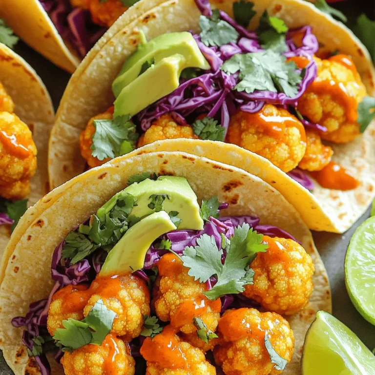 - 1 medium head of cauliflower - 1 cup all-purpose flour - 1 cup plant-based milk - 1 cup buffalo sauce - 8 small corn tortillas Cauliflower is the star here. It gives the tacos a nice crunch. You want to cut it into bite-sized florets. This size helps it cook evenly and keeps the texture just right. The flour and plant-based milk create a batter that sticks to the cauliflower. This batter adds flavor and helps it crisp up in the oven. The buffalo sauce gives the tacos their signature kick. - Fresh cilantro - Lime wedges - Avocado These garnishes add color and flavor. Fresh cilantro gives a burst of freshness. Lime wedges add a zesty touch when squeezed on top. Slices of avocado provide creaminess, balancing the heat from the buffalo sauce. - Garlic powder - Onion powder - Smoked paprika - Salt These seasonings bring depth to the dish. Garlic powder adds warmth, while onion powder enhances the savory taste. Smoked paprika gives a hint of smokiness, which complements the buffalo sauce. A pinch of salt ties all the flavors together, making every bite satisfying. For the full recipe, check out the detailed instructions. - Preheat the oven to 425°F (220°C). - Prepare a baking sheet by lining it with parchment paper. - Make the cauliflower batter by mixing flour, plant-based milk, garlic powder, onion powder, smoked paprika, and salt. Whisk until smooth and free of lumps. - Coat each cauliflower floret in the batter. Let excess batter drip off. Place florets in a single layer on the baking sheet. - Bake the cauliflower for 20-25 minutes. Flip the florets after 12 minutes for even cooking. They should be golden and crispy. - Remove the baking sheet from the oven. Transfer the baked cauliflower to a bowl and pour buffalo sauce over it. Toss until all pieces are coated. - Re-bake the coated cauliflower for another 10 minutes. This helps them get extra crispy. These steps will guide you to make the perfect Vegan Buffalo Cauliflower Tacos. For the full recipe, check above. Enjoy your cooking! To get the best crispiness, start by preheating your oven to 425°F (220°C). Line your baking sheet with parchment paper. This helps prevent sticking and makes cleanup easy. When you bake the cauliflower, make sure to flip it halfway through. I recommend flipping after about 12 minutes. This way, both sides get nice and golden. After the first bake, re-bake the cauliflower with buffalo sauce for an extra 10 minutes. This will give you that amazing crunch. Want to kick up the flavor? Try adding extra spices to the batter. A bit of cayenne pepper can add heat if you like spicy food. You can also add some cumin for a warm, earthy taste. Adjust the buffalo sauce heat level by mixing it with a little maple syrup. This can help balance the heat and add a touch of sweetness. Serve these tacos with sides that complement their flavors. A fresh salad or some crispy baked sweet potato fries work well. For toppings, shredded red cabbage adds crunch and color. Slices of ripe avocado bring creaminess. Don’t forget fresh cilantro to finish it off. Lime wedges on the side provide a zesty kick that enhances the tacos. You can find the full recipe for these Vegan Buffalo Cauliflower Tacos above. {{image_4}} You can swap cauliflower for tempeh or jackfruit. Tempeh gives a nutty taste and a firm texture. Jackfruit has a soft, meaty feel and absorbs flavors well. Both options work great with buffalo sauce. You can season them just like you would the cauliflower. This change makes your tacos more filling and adds protein. If you need gluten-free tacos, use gluten-free flour. Almond flour or chickpea flour are good choices. For the tortillas, switch to corn tortillas or even lettuce wraps. Both options taste great and hold the filling well. This way, you can still enjoy delicious tacos without gluten. You can change the sauce to add more flavor. Try BBQ sauce or a spicy chipotle sauce for a twist. You can also include seasonal vegetables. Roasted corn, diced tomatoes, or grilled zucchini can add freshness. These small changes keep your tacos exciting and tasty. For the full recipe, check out the complete guide on making these delicious tacos! To keep your baked cauliflower fresh, let it cool first. Place the cauliflower in an airtight container. Store it in the fridge for up to three days. Make sure to keep it away from moisture. This will help maintain its texture and flavor. For the best results, reheat your cauliflower in the oven. Preheat the oven to 375°F (190°C). Spread the cauliflower on a baking sheet in a single layer. Heat for about 10-15 minutes until crispy again. You can also use an air fryer for quicker results. Just heat at 350°F (175°C) for 5-7 minutes. You can freeze the cauliflower for later use. Let the baked cauliflower cool completely. Place it in a freezer-safe bag or container. It can last for up to three months in the freezer. To thaw, take it out and leave it in the fridge overnight. For reheating, follow the same oven instructions. This way, you keep that nice crunch and flavor. For the complete recipe, check out the Full Recipe. Yes, you can prepare the buffalo cauliflower tacos in advance. Start by cooking the cauliflower as the recipe shows. Let it cool completely. Then, store the baked cauliflower in an airtight container in the fridge. You can keep it fresh for up to three days. When you’re ready to eat, just reheat it in the oven. This will help keep it crispy. If you want a different flavor, there are great alternatives to buffalo sauce. You can use BBQ sauce for a sweet and smoky taste. Sriracha or hot sauce offers a spicy kick. Teriyaki sauce provides a sweet and savory option. Each choice gives a unique twist to the tacos. Yes, these tacos are perfect for meal prep. Store the cooked cauliflower separately from the tortillas and toppings. Use airtight containers to keep everything fresh. When it’s time to eat, warm the tortillas and cauliflower. This method ensures your tacos taste great and stay crispy. You learned how to make tasty buffalo cauliflower tacos. We covered key ingredients, from cauliflower to spices. I shared step-by-step instructions for easy preparation and baking. You also discovered tips for crispiness and flavor boosts. Exploring variations opened up options for proteins and sauces. Lastly, we looked at how to store and reheat leftovers effectively. Enjoy your delicious tacos! They’re simple, fun, and sure to impress.